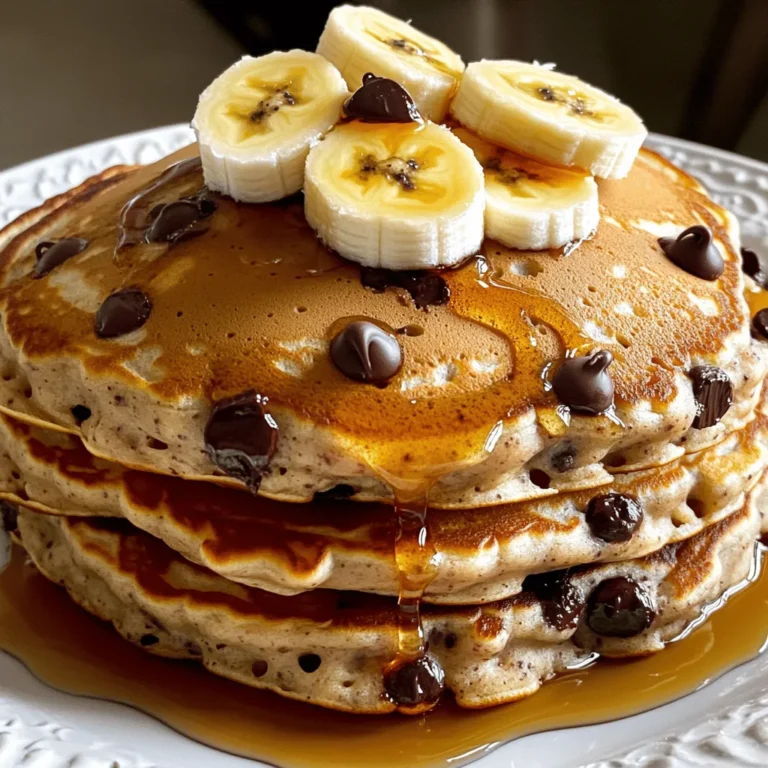 To make banana chocolate chip pancakes, you need some basic ingredients. Here’s what you will need: - 1 cup all-purpose flour - 2 tablespoons sugar - 1 tablespoon baking powder - 1/2 teaspoon salt - 1 ripe banana, mashed - 1 cup milk (dairy or non-dairy) - 1 large egg - 2 tablespoons melted butter or coconut oil - 1/2 cup chocolate chips - 1/2 teaspoon vanilla extract - Extra butter or oil for frying These ingredients blend together to create a soft, fluffy pancake. The banana adds natural sweetness, while the chocolate chips bring a delightful touch. You can take these pancakes to the next level with some optional extras. Here are a few ideas: - 1/2 teaspoon cinnamon or nutmeg for a warm spice flavor - Chopped nuts like walnuts or pecans for crunch - A dash of almond extract for a nutty hint - Fresh berries like blueberries or strawberries for added freshness Feel free to mix and match these options. Each adds a unique twist to the pancakes. Picking the right bananas is key for flavor. Here’s how to choose the best ones: - Look for bananas with a few brown spots. This means they are sweet and ripe. - Avoid green bananas; they are not sweet yet. - If you want to use them later, select slightly under-ripe bananas. They will ripen at home. Using ripe bananas will make your pancakes naturally sweeter and more flavorful. Choose wisely, and enjoy the taste! 1. Start by gathering your ingredients. You will need flour, sugar, baking powder, salt, banana, milk, egg, melted butter or oil, chocolate chips, and vanilla extract. 2. In a medium bowl, whisk together the flour, sugar, baking powder, and salt. Mix until everything blends well. 3. In a separate bowl, mash the ripe banana. Then add milk, egg, melted butter, and vanilla extract. Stir this mixture until you see a smooth blend. 4. Combine the wet and dry mixtures. Pour the wet mix into the dry mix. Stir gently until just combined. Remember, some lumps are fine! 5. Now it’s time to fold in those chocolate chips. Do this gently to keep the batter fluffy. 6. Heat your non-stick skillet over medium heat. Add a little butter or oil to coat the skillet lightly. 7. Pour about 1/4 cup of batter for each pancake onto the skillet. Cook until bubbles form, about 2-3 minutes. 8. Flip the pancakes when the edges look set and cook for another 2-3 minutes until golden brown. 9. Transfer the pancakes to a plate and keep them warm. Repeat this with the rest of your batter. 10. Serve your pancakes warm with toppings like banana slices, more chocolate chips, maple syrup, or whipped cream. - Use fresh baking powder for the best rise. - Don’t overmix your batter; lumps help keep pancakes fluffy. - Let the batter rest for a few minutes before cooking. This helps with fluffiness. - Make sure your skillet is at the right temperature. Too hot can burn the pancakes. - Use a measuring cup for consistent pancake sizes. - Medium mixing bowls for combining ingredients. - Whisk for mixing dry and wet ingredients. - Non-stick skillet or griddle for cooking. - Measuring cups and spoons for accurate ingredient amounts. - Spatula for flipping pancakes easily. - Plate to keep the pancakes warm as you cook. For the complete recipe with all details, check out the Full Recipe. One common mistake is overmixing the batter. You want to mix until just combined. This keeps your pancakes light and fluffy. Another mistake is using cold ingredients. Always use room temperature milk and eggs. This helps the pancakes cook evenly. Lastly, don’t skip the resting time. Let the batter sit for about five minutes before cooking. This helps the gluten relax. To cook pancakes well, use a non-stick skillet or griddle. Preheat it over medium heat. Add a little butter or oil for a good non-stick layer. Pour about 1/4 cup of batter for each pancake. Watch for bubbles on the surface. When bubbles form, it’s time to flip! Cook until both sides are golden brown. If you’re unsure, a toothpick can check if they are done. To keep pancakes warm, place them on a plate in a low oven. Set the oven to about 200°F (93°C). Cover the plate with foil to keep them moist. This way, you can serve all the pancakes at once. Another trick is to stack pancakes with parchment paper in between. This stops them from sticking together. For the full recipe, check out the details above! {{image_2}} You can easily make these pancakes nut-free. Just use a nut-free milk, like oat milk or soy milk. For those who need dairy-free options, coconut oil works great instead of butter. It adds a nice flavor without dairy. Want to change the taste a bit? Try adding cinnamon or nutmeg to the batter. Just 1/2 teaspoon can give a warm, cozy flavor. You can also mix in chopped nuts, like walnuts or pecans, for extra crunch. Just keep in mind the nut-free option if you have allergies. The fun doesn’t stop at the pancakes! Top them with sliced bananas or extra chocolate chips. A drizzle of maple syrup is always a hit. For a special treat, add whipped cream on top. You can also sprinkle some shredded coconut or chopped strawberries for added flair. These ideas make each serving unique and delicious. For the full recipe, check out the detailed instructions above. To store leftover pancakes, let them cool first. Stack them with a piece of parchment paper between each pancake. Place the stack in an airtight container. You can also wrap them in plastic wrap. They will stay fresh for 2-3 days in the fridge. Reheating pancakes is easy! You can use the microwave or the stovetop. To microwave, place a pancake on a plate, cover it with a damp paper towel, and heat for about 20-30 seconds. For stovetop reheating, add a bit of butter in a skillet over low heat. Warm each pancake for about 1-2 minutes on each side. Freezing pancakes is a smart choice for busy mornings. Once cooled, stack pancakes with parchment paper between them. Place the stack in a freezer bag. Remove as much air as possible before sealing. They can last for up to 2 months in the freezer. When you're ready, reheat them directly from the freezer. Just follow the reheating tips for the best results. Enjoy the ease of breakfast with your banana chocolate chip pancakes! For the full recipe, check out the details above. Yes, you can use whole wheat flour. It gives a nutty flavor and more fiber. Just note, the pancakes may be denser. You might want to add a bit more milk to lighten the batter. To prevent sticking, use a non-stick pan and some oil or butter. Heat the pan before adding the batter. This helps create a nice crust. If they still stick, check if your pan is hot enough. You can use mashed banana or applesauce as an egg substitute. About 1/4 cup of either works well. This keeps the pancakes moist and adds flavor. These pancakes stay fresh for about two days in the fridge. Store them in an airtight container. For longer storage, freeze them. They can last up to two months in the freezer. Yes, you can make the batter ahead. Store it in the fridge for up to 24 hours. Just stir gently before using. This can save time for a busy morning. For the full recipe, check the earlier section. Making banana chocolate chip pancakes is fun and easy. You start with simple ingredients like ripe bananas and chocolate chips, and you can add extra flavors if you wish. My step-by-step guide helps you create fluffy pancakes while avoiding common mistakes. Remember, variations in flavor and toppings can keep breakfast exciting. Store any leftovers wisely for quick meals later. Pancakes are versatile, and with practice, you will master them. Trust me, once you make these, they will become a favorite!