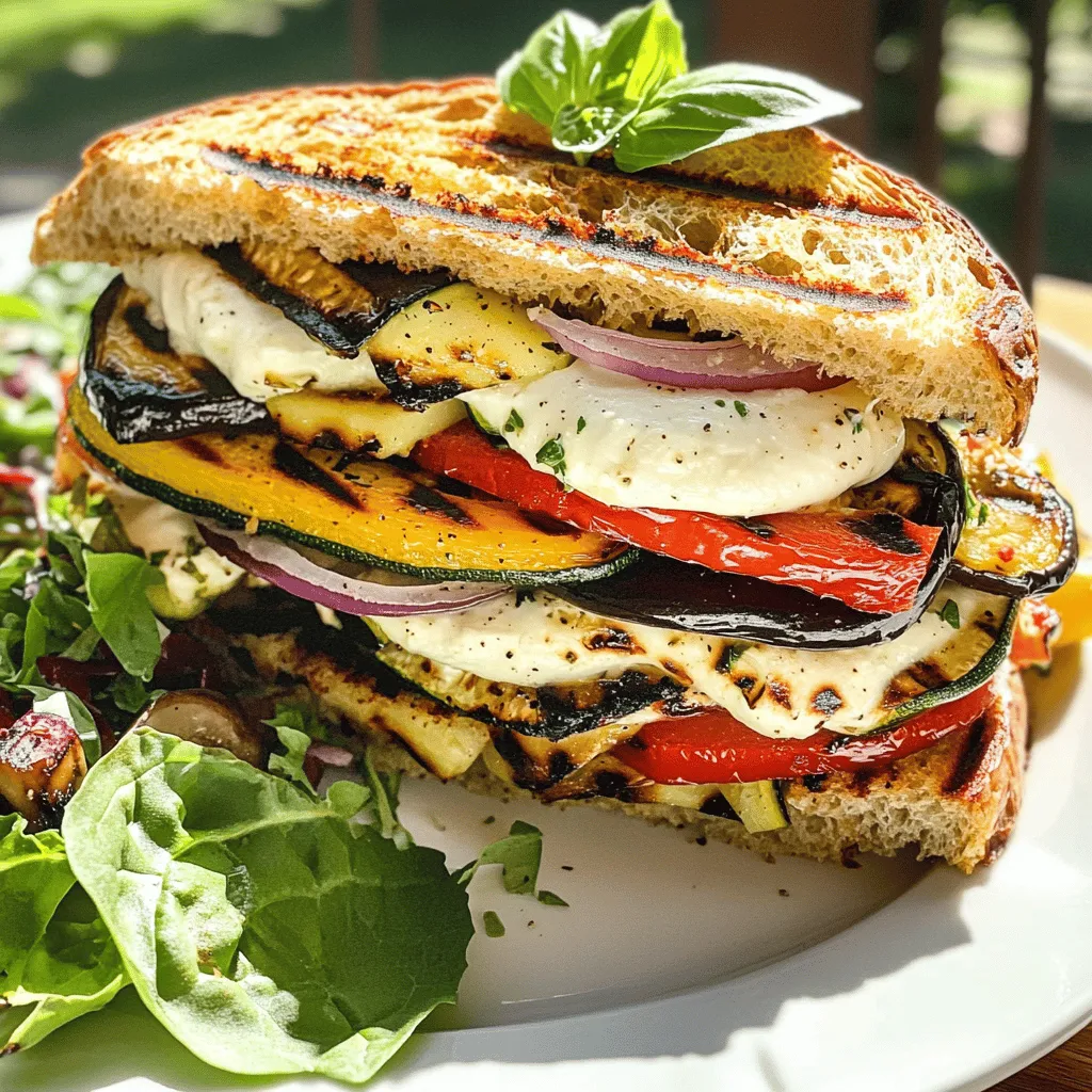 - 1 large zucchini, sliced - 1 bell pepper (red or yellow), sliced - 1 small eggplant, sliced - 1 cup mushrooms, sliced - 1 medium red onion, sliced - 4 slices of whole-grain or ciabatta bread - 4 ounces fresh mozzarella cheese, sliced The main ingredients are colorful and packed with flavor. Zucchini brings a nice crunch, while bell peppers add sweetness. Eggplant gives a creamy texture, and mushrooms add a savory touch. Red onion enhances the taste with its mild bite. You can use whole-grain or ciabatta bread for a hearty base. Fresh mozzarella melts beautifully, making your panini gooey and delicious. - 2 tablespoons olive oil - 1 teaspoon balsamic vinegar - Salt and pepper to taste Dressings and seasonings are key to boosting flavor. Olive oil adds richness, while balsamic vinegar brings a tangy note. Salt and pepper balance everything out. Together, these create a tasty marinade for your veggies. - Fresh basil leaves - Other cheese options Fresh basil leaves are a great addition. They add a burst of freshness that complements the grilled veggies. If you want to mix it up, try other cheese options like goat cheese or aged cheddar. Each will give your panini a different flavor twist. For the full recipe, follow the steps to create this amazing grilled vegetable panini! 1. Start by preheating your grill or grill pan over medium-high heat. This step is key for great grill marks. 2. In a large bowl, take your sliced vegetables: zucchini, bell pepper, eggplant, mushrooms, and red onion. Toss them with olive oil, balsamic vinegar, salt, and pepper. Make sure each piece gets coated well. - Grill your veggies in batches. Each type cooks at a similar pace, about 4-5 minutes on each side. Look for them to be tender and have nice grill marks. - For zucchini and bell pepper, they tend to cook quickly. Eggplant and mushrooms may need a bit longer for a soft texture. 1. On two slices of your chosen bread, layer the grilled vegetables. Add fresh mozzarella slices and a few basil leaves on top. 2. Place the other slices of bread on top to form your sandwiches. 3. Clean your grill or grill pan and set it to low heat. 4. Place the panini on the grill. Press down gently with a spatula or a panini press. Cook for about 3-4 minutes on each side. You want the bread golden brown and the cheese melted. 5. Carefully take the panini off the grill. Let them cool for a minute before slicing in half. This process creates a delicious and colorful grilled vegetable panini that you'll love. For more details, check the Full Recipe! To grill your vegetables right, control the heat. Keep the grill at medium-high. This helps the veggies cook evenly and get nice marks. A grill pan works well, but a panini press gives a great crunch. Pressing helps the bread toast and the cheese melt just right. Layer cheese for the best melt. Place mozzarella on both sides of the veggies. This way, it melts evenly. You can use a lid to trap heat or press down on the sandwich with a spatula. This helps the cheese become gooey and yummy. Pair your panini with fresh salad or chips. A light vinaigrette adds brightness. For a nice look, serve with mixed greens and a sprinkle of basil. This makes your meal pop with color and taste. {{image_2}} You can swap out vegetables based on what’s in season. Try using asparagus in spring or butternut squash in fall. This keeps your panini fresh and exciting. If you can’t find a specific vegetable, feel free to use what you have. Carrots or spinach can work well too. Each combination brings new flavors. If you need gluten-free options, try using gluten-free bread. There are many tasty brands out there. You can also use flavor-infused breads. For example, rosemary or garlic bread adds a nice twist. These options can elevate your meal and add unique tastes. To make your panini heartier, consider adding grilled chicken or tofu. Both options bring protein and flavor. If you prefer vegetarian choices, try black beans or chickpeas. These add texture and keep the dish filling. Adding protein makes your grilled vegetable panini a complete meal. To keep your leftover panini fresh, wrap each sandwich in foil or parchment paper. This method helps maintain moisture and flavor. Place the wrapped panini in an airtight container or a resealable plastic bag. Store them in the fridge. Leftovers will stay good for about 3 days. You can freeze cooked panini without losing taste. Wrap each sandwich tightly in plastic wrap, then place them in a freezer-safe bag. This prevents freezer burn. When you want to eat one, take it out and let it thaw in the fridge overnight. To reheat, use a grill pan or a toaster oven. Heat until the bread is warm and crispy. Prepping grilled vegetables for the week makes cooking easy. Slice your zucchini, bell pepper, eggplant, mushrooms, and red onion ahead of time. Toss them with olive oil and seasonings, then store them in a container. You can assemble your panini in advance, too. Layer the grilled veggies and cheese between slices of bread. Wrap them and keep them in the fridge for quick meals. If you don’t have a grill, you can use an oven or a stovetop. For the oven, preheat it to 400°F (200°C). Place the veggies on a baking sheet with olive oil, salt, and pepper. Bake for 20 minutes, flipping halfway. On the stovetop, use a skillet over medium heat. Add olive oil, then cook the veggies for about 5-7 minutes per side until tender. Both methods work great! Yes, you can make it vegan! Replace the fresh mozzarella with vegan cheese or use avocado slices for creaminess. Olive oil and balsamic vinegar are already vegan, so no need to change those. This way, you keep all the flavors while making it plant-based. You can add many snacks and toppings. Try spinach or arugula for a fresh crunch. Sun-dried tomatoes add a nice tang. Hummus can also serve as a tasty spread. Finally, consider adding roasted red peppers or olives for extra flavor. Grilling times vary by vegetable. Here’s a quick guide: - Zucchini: 4-5 minutes per side - Bell pepper: 4-5 minutes per side - Eggplant: 5-6 minutes per side - Mushrooms: 4-5 minutes per side - Red onion: 5-6 minutes per side These times ensure your veggies are tender and full of flavor. Grilled vegetable paninis are simple yet delicious. We covered the key ingredients, like fresh veggies and cheese. I shared step-by-step instructions for grilling and assembling your sandwich. Plus, I offered tips for that perfect melt and serving ideas. For variations, you can try new vegetables or add proteins. Remember, leftover paninis can be stored and enjoyed later. Enjoy experimenting and making your own unique panini at home!