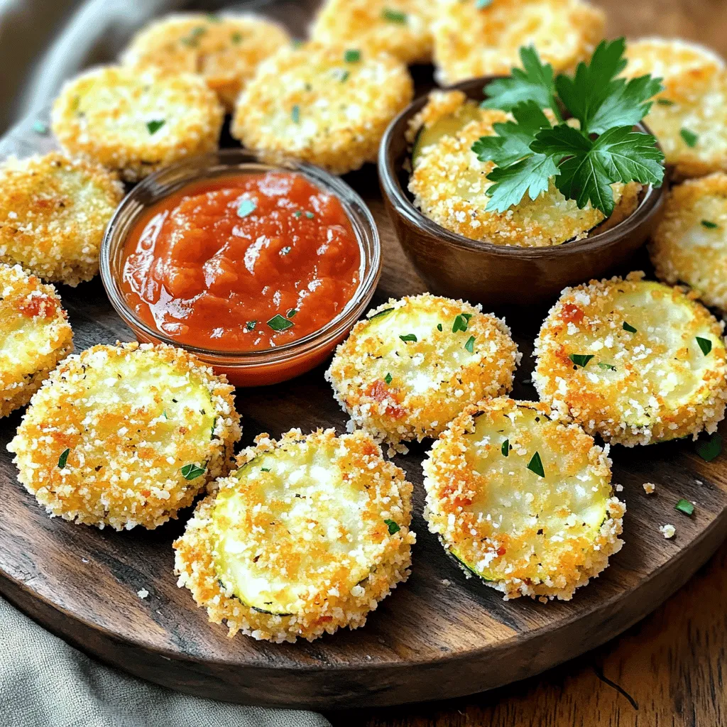 - 2 medium zucchinis - 1 cup panko breadcrumbs - 1/2 cup grated Parmesan cheese - 1 teaspoon garlic powder - 1 teaspoon onion powder - 1/2 teaspoon dried oregano - 2 large eggs When making these crispy Parmesan zucchini bites, focus on the main ingredients first. The zucchinis provide a fresh taste and a healthy base. Slice them into 1/4-inch rounds for the best texture. The panko breadcrumbs give a crunchy bite, while the grated Parmesan cheese adds a savory flavor. Next, let’s talk about the seasonings. Garlic powder brings warmth and depth. Onion powder adds a hint of sweetness, while dried oregano gives a nice herbal touch. Together, they enhance the taste of the zucchini bites. The binding agent is key for keeping everything together. The eggs work perfectly here. They help the breadcrumbs stick to the zucchini, ensuring each bite is coated well. For the full recipe, check out the detailed instructions. These ingredients work together to create a snack that’s both tasty and easy to make! 1. Preheat your oven to 425°F (220°C). This step is key for that crispy finish. 2. Take a baking sheet and line it with parchment paper. This helps prevent sticking. 3. In a shallow bowl, mix the breadcrumbs and seasonings. Combine panko breadcrumbs, Parmesan cheese, garlic powder, onion powder, oregano, salt, and pepper. 1. In a separate bowl, beat the eggs until smooth. This will be your egg wash. 2. Take each zucchini slice and dip it in the egg wash. Let any extra drip off. 3. Coat the zucchini slice in your breadcrumb mixture. Press lightly to ensure it sticks well. 1. Arrange the coated zucchini bites in a single layer on the baking sheet. Space them out for even cooking. 2. Lightly spray or drizzle olive oil over the zucchini bites. This helps make them crispy. 3. Bake in the oven for 20-25 minutes. Flip the bites halfway to ensure even browning. 4. Once golden brown and crispy, remove them from the oven. Let them cool for a few minutes before serving. For the full recipe, check the earlier section. Enjoy your crispy Parmesan zucchini bites! To get the best crunch, use panko breadcrumbs. Panko is lighter and coarser than regular breadcrumbs. This helps your zucchini bites turn out super crispy. Another key tip is to use oil spray. A light coat of oil helps the breadcrumbs brown. It also gives them that lovely crunch we all crave. Just a quick spray before baking works wonders! These bites are great with dips. Try serving them with marinara sauce or ranch dressing. Both add flavor and moisture. For a nice touch, plate them on a colorful dish. Add a sprinkle of fresh parsley for a pop of green. This not only looks good but adds a fresh taste too! One big mistake is overcrowding the baking sheet. If you place too many bites close together, they won’t crisp up. Always leave space between each piece. Don’t forget to flip them halfway through baking. This ensures they cook evenly on both sides. It’s a simple step that makes a huge difference! For the full recipe, check the section above. {{image_2}} You can boost the taste of your Crispy Parmesan Zucchini Bites with some spices. Adding cayenne gives them a nice kick. If you prefer a smoky flavor, try smoked paprika. Fresh herbs like basil or parsley can add a burst of freshness. Just chop them finely and mix them into the breadcrumb mixture. This will make each bite even more tasty. If you need gluten-free options, swap panko breadcrumbs for gluten-free ones. There are many brands available that work great for this recipe. For a vegan take, use a flaxseed mixture instead of eggs. Mix one tablespoon of ground flaxseed with three tablespoons of water, let it sit for a few minutes, and it becomes a great egg substitute. These adjustments keep your zucchini bites delicious for everyone. You can easily scale this recipe for larger groups by doubling or tripling the ingredients. Just make sure you have enough baking sheets. For smaller portions, make mini zucchini bites. Slice the zucchini into smaller rounds. These make perfect finger foods for parties or gatherings. You can serve them as appetizers and watch everyone enjoy! Check out the Full Recipe for more details. After making your crispy Parmesan zucchini bites, let them cool down first. This step helps prevent sogginess. Place the cooled bites in an airtight container. Glass or BPA-free plastic containers work best. You can keep them in the fridge for up to three days. To reheat and keep them crispy, use an oven or an air fryer. Preheat your oven to 350°F (175°C) or your air fryer to 375°F (190°C). Place the bites in a single layer. Heat them for about 10-15 minutes. Check to ensure they are hot and crispy. You can freeze the zucchini bites for later use. To do this, let them cool completely. Arrange them in a single layer on a baking sheet. Freeze until solid, then transfer to a freezer bag. Remove as much air as possible. For best flavor and texture, use them within two months. When ready to enjoy, thaw in the fridge overnight. Reheat them using the same methods mentioned above for the best results. To get crispy zucchini bites, focus on a few key factors: - Use panko breadcrumbs. They are lighter and create a crunchier texture. - Oil is your friend. A light spray or drizzle of oil helps them crisp up. - Don’t overcrowd the baking sheet. Give each bite space for hot air to circulate. - Flip halfway through baking. This ensures even cooking and browning on both sides. These steps will help you achieve that perfect crunch every time. Yes, you can use regular breadcrumbs, but they will change the texture and flavor. Regular breadcrumbs are denser and may not crisp up as well as panko. This can lead to a chewier bite instead of that desired crunch. For the best results, stick with panko. You can store these zucchini bites in an airtight container for about 3 days. Keep them in the fridge to maintain freshness. For longer storage, consider freezing them. Absolutely! Air frying is a great option for zucchini bites. Preheat your air fryer to 400°F (200°C). Arrange the coated zucchini in a single layer in the basket. Cook for about 10-12 minutes, shaking halfway through. This method gives you a nice crunch without using much oil. We explored how to make crispy Parmesan zucchini bites using fresh ingredients. You learned about the key ingredients, interesting variations, and helpful tips for perfect results. Remember, follow the steps for coating and baking to achieve that golden hue. Don’t forget to try out the dips and garnishes for extra flavor. With these insights, you can enjoy a healthy snack that will impress everyone. Enjoy your cooking adventure and savor every bite!