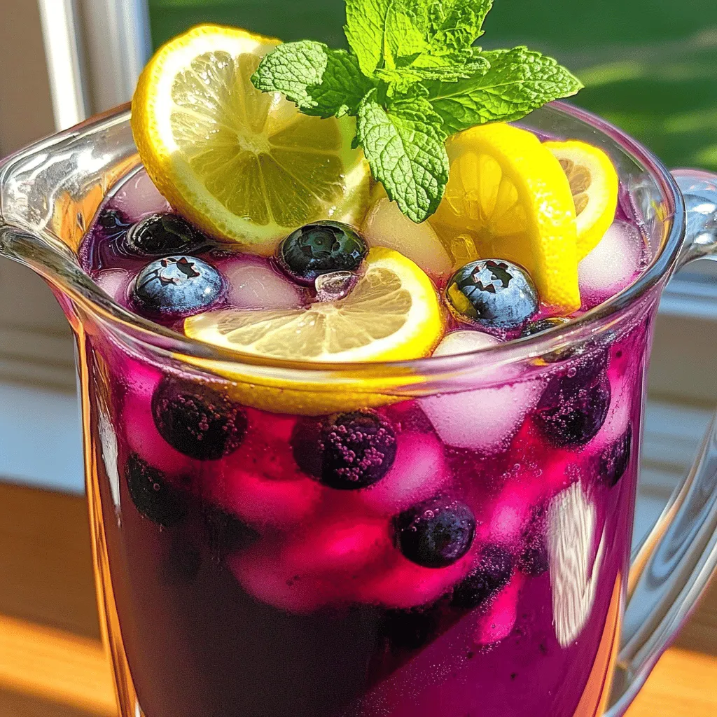 - 1 cup fresh blueberries - 1-inch piece of ginger, peeled and sliced - 1 cup freshly squeezed lemon juice (about 4-6 lemons) - 1 cup granulated sugar (adjust based on sweetness preference) - 4 cups water Fresh blueberries give this drink a sweet and tangy taste. Ginger adds a nice kick that makes the drink feel special. Freshly squeezed lemon juice brightens up the flavor and gives you a refreshing taste. Adjust the sugar to match your preferred sweetness. The water helps blend everything together. - Lemon slices - Mint leaves Garnishes like lemon slices and mint leaves add a pop of color and extra freshness. They make your drink look nice and inviting. You can add them right before serving to keep everything fresh. If you want, you can also mix and match garnishes based on your taste. For the full recipe, check out the complete guide! First, gather your ingredients. You need fresh blueberries, ginger, water, and sugar. - In a medium saucepan, combine 1 cup of fresh blueberries, 1-inch piece of sliced ginger, and 1 cup of water. - Heat this mixture over medium heat. Stir it often. You want the sugar to dissolve. - Once the sugar dissolves, it’s time to simmer. Let it simmer for about 10 minutes. This allows the blueberries to soften and the ginger to release its flavor. After simmering, remove the saucepan from the heat. - Let the mixture cool down for a few minutes. - Next, strain the mixture through a fine sieve into a pitcher. Press the blueberries and ginger to get all the juice. Discard the solids. - Now, add 1 cup of freshly squeezed lemon juice and the remaining 3 cups of cold water to the pitcher. Stir well to combine all the flavors. Your blueberry-ginger syrup is almost ready! - Taste the lemonade and adjust the sweetness. If you want it sweeter, add more sugar. Stir until it dissolves completely. - Chill the lemonade in the fridge for at least 1 hour. This helps the flavors meld together. - When you’re ready to serve, pour the lemonade over ice. Garnish with lemon slices and fresh mint leaves for a lovely touch. Enjoy your refreshing Blueberry Ginger Lemonade! For a detailed recipe, check the Full Recipe above. To get your blueberry ginger lemonade just right, adjust the sugar. If you like it sweet, add more sugar. Taste as you go. You can always add more, but you can't take it out! If you want a bolder taste, let the ginger infuse longer. A few extra minutes can make a big change. Serve your lemonade over ice for a chilly treat. Ice helps keep the drink cool and refreshing. For a fun twist, use unique glassware. Mason jars, fancy cups, or even clear plastic can make it special. Dress it up with a straw for an extra touch. Blueberries are packed with nutrients. They have vitamins and antioxidants that are great for your body. Ginger can help with digestion and adds a warm kick to the drink. Lemons are rich in vitamin C, which boosts your immune system. This drink not only tastes good but is good for you too! {{image_2}} You can make your Blueberry Ginger Lemonade even better by adding some fresh herbs. Mint or basil adds a nice touch. Just toss in a few sprigs when you mix the lemonade. This gives it a refreshing twist. You can also explore other fruits. Strawberries or raspberries work great with blueberries. Just mash them up like you did with the blueberries. You can mix and match the fruits to find your favorite combo. If you want to try something new, consider using honey or agave syrup. They add a unique flavor and are often less processed. Start with half the amount you would use for sugar, then taste and adjust. Everyone likes their drinks sweet in different ways. If you want more sweetness, just add more. Stir well so it mixes in completely. This way, you can find your perfect level of sweetness. You can turn your lemonade into a cocktail easily. Just add a splash of vodka or gin for a fun twist. This is great for summer parties or gatherings. If you want to keep it family-friendly, stick to the mocktail version. Kids love the fruity flavor and it’s perfect for any occasion. You can serve it in fancy glasses to make it feel special. For the full recipe, check out the complete steps to make this delightful drink. To keep your blueberry ginger lemonade fresh, store it in a sealed pitcher. This helps maintain its flavor and prevents spills. You can refrigerate it for up to five days. After that, the flavor may fade. Always give it a good stir before serving again. This will mix the settled ingredients back together. You can freeze blueberry ginger lemonade for longer storage. Pour it into ice cube trays for easy use later. Once frozen, transfer the cubes into a freezer bag. This way, you can grab just what you need. To thaw, simply place the cubes in the fridge overnight or add them directly to a glass. They will melt and cool your drink quickly. Enjoy the refreshing taste whenever you want! You can use natural sweeteners instead of sugar. Honey, agave syrup, or maple syrup work well. They add sweetness and flavor. You can also use stevia or monk fruit for a low-calorie option. To sweeten naturally, start by mashing the blueberries. This helps release their juice. Then, add your sweetener of choice to the blueberry-ginger syrup. Stir well to mix everything. Taste and adjust as needed. Yes, frozen blueberries are great for this drink! They are often picked at peak ripeness and frozen quickly. This can keep their flavor strong. When using frozen fruit, let them thaw a bit before using. You may need to adjust the sweetness. Frozen blueberries can taste less sweet than fresh ones. Consider adding a bit more sweetener to balance the flavors. If you do not have ginger, you can use ground ginger. It has a similar flavor, though it is more concentrated. Use about 1/4 teaspoon of ground ginger for every inch of fresh ginger. Another option is using turmeric. It has a warm flavor but also adds a health boost. Omitting ginger entirely is possible, but it will change the drink's taste. You can try adding a splash of lemon juice for extra zing. Blueberry ginger lemonade is a refreshing drink made from fresh ingredients. You learned how to prepare the syrup, mix the drink, and adjust flavors. I shared tips for serving and suggested fun variations to try. Remember, you can customize sweetness and add other fruits. This drink is not just tasty; it offers health benefits too. Enjoy making your lemonade, and have fun experimenting with flavors and garnishes!