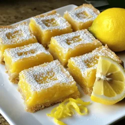To make these easy lemon bars, gather the following ingredients: - 1 cup all-purpose flour - 1/2 cup powdered sugar - 1/2 cup unsalted butter, melted - 2 large eggs - 1 cup granulated sugar - 1/4 cup fresh lemon juice (about 2 lemons) - 1 tablespoon lemon zest - 1/2 teaspoon baking powder - A pinch of salt - Extra powdered sugar for dusting When measuring flour, spoon it into a cup and level it off. This step helps avoid using too much flour. For the lemon juice, always use fresh lemons for the best taste. Zest the lemons before juicing; it adds a fragrant kick to your bars. You can swap all-purpose flour with a gluten-free blend if needed. Instead of unsalted butter, you can use coconut oil for a dairy-free option. For the lemon juice, a mix of lime and lemon juice works if you prefer a twist. If you like a sweeter bar, add more granulated sugar or use honey as a natural sweetener. Start by preheating your oven to 350°F (175°C). This ensures even baking. Next, grab an 8x8 inch pan. Line it with parchment paper, leaving extra paper on the sides. This helps you lift the bars out later. In a mixing bowl, combine 1 cup of all-purpose flour with 1/2 cup of powdered sugar. Pour in 1/2 cup of melted unsalted butter. Mix it well until it looks like coarse crumbs. Now, press this mixture firmly into the bottom of your pan. Bake it for about 15 minutes. You want it to be lightly golden. While the crust bakes, it’s time to make the lemon filling. In a separate bowl, whisk together 2 large eggs and 1 cup of granulated sugar. Add 1/4 cup of fresh lemon juice and 1 tablespoon of lemon zest. Don’t forget to add 1/2 teaspoon of baking powder and a pinch of salt. Mix until it’s smooth and well combined. Once the crust is done, take it out of the oven. Pour the lemon filling over the hot crust. Return the pan to the oven and bake for another 20-25 minutes. You want the center to be set and the edges lightly golden. After baking, let the lemon bars cool completely in the pan on a wire rack. Once cool, lift them out using the parchment paper. Cut into squares or rectangles and dust with extra powdered sugar before serving. Enjoy your homemade lemon bars! To get a great crust, use cold butter. Cold butter makes a flaky base. Mix the flour and powdered sugar well before adding the melted butter. This helps the crust stay crisp. Press the crust mixture into the pan firmly. It should be even and smooth. Bake it until golden, but don't overdo it. A light color means a perfect crust. You can change the sweetness and tartness of your lemon bars. If you like it sweeter, add a bit more sugar to the filling. For more tartness, use extra lemon juice. I often use the zest of two lemons for more flavor. Taste the filling before baking. This ensures it meets your taste. Remember, the flavor may change slightly once baked. Fresh ingredients make a big difference in your lemon bars. Use fresh lemons for the juice and zest. Bottled lemon juice lacks the bright flavor of fresh juice. It can make your dessert taste flat. Also, check your eggs; they should be fresh for the best taste. Fresh ingredients lead to a tastier treat overall. Trust me; it’s worth the effort. You can find the full recipe above for all the delicious details! {{image_2}} You can easily add your favorite fruits to the lemon bars. Berries like raspberries or blueberries work well. Just fold in one cup of fresh or frozen berries into the lemon filling. The berries add a lovely color and taste. You can also try adding a splash of vanilla for a warm note. This twist makes the bars more fun and unique! If you need gluten-free lemon bars, swap the all-purpose flour for almond flour or a gluten-free baking mix. These options work well and keep the texture light. You may need to adjust the baking time slightly since different flours can change how the bars set. Always check for doneness by looking for a firm center. Serving lemon bars can be fun! Try topping your bars with fresh fruit or a dollop of whipped cream. You can also serve them with a scoop of vanilla ice cream for a tasty treat. For a more elegant touch, drizzle some raspberry sauce over the bars before serving. Dusting with extra powdered sugar adds a nice finish too. These ideas make each bite even more delightful! For the full recipe, check out the detailed instructions above. Store your lemon bars in an airtight container. This keeps them fresh and moist. You can place parchment paper between layers to avoid sticking. Always let them cool completely before storage. This prevents condensation that can make them soggy. In the fridge, lemon bars last about one week. Make sure to keep them covered. If you notice any signs of spoilage, it’s best to throw them out. Enjoy them fresh for the best taste! You can freeze lemon bars to enjoy later. Cut them into squares and wrap each piece tightly in plastic wrap. Place the wrapped bars in a freezer bag. They will stay good for up to three months. When ready to eat, let them thaw in the fridge overnight. You can tell lemon bars are done when the center is set. The edges should be slightly golden. A small jiggle in the middle is okay. Bake them for 20 to 25 minutes. Let them cool completely to firm up more. Yes, you can use bottled lemon juice. However, fresh juice tastes better. Fresh juice adds bright flavor. It also gives a nice zest to the bars. If using bottled juice, pick a high-quality brand for the best taste. To cut lemon bars, use a sharp knife. First, let them cool in the pan. Dust with powdered sugar for a pretty look. Use your knife to score lines first. Then, cut through for even squares or rectangles. To make lemon bars firmer, add an extra egg. You can also bake them a bit longer. Ensure you cool them fully before cutting. If you like a thicker crust, increase the flour slightly. The Full Recipe has all the details you need! You’ve learned how to make delicious lemon bars. We covered all the ingredients and measurements. You can now prepare the crust and filling with ease. Remember the tips for a perfect dessert and try the fun variations. Don’t forget about storing leftovers or freezing extras. With this guide, you’re ready to bake and enjoy lemon bars that impress. Keep experimenting and savor every bite!