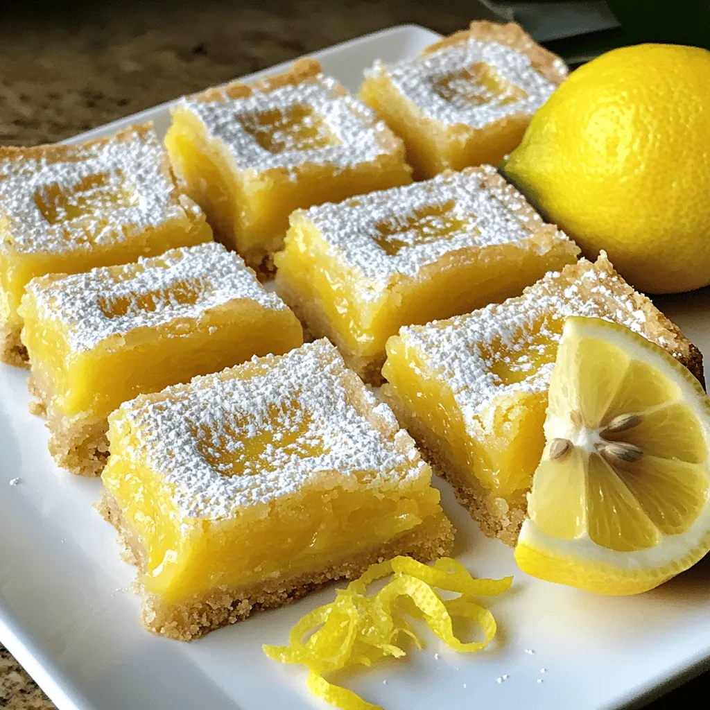 To make these easy lemon bars, gather the following ingredients: - 1 cup all-purpose flour - 1/2 cup powdered sugar - 1/2 cup unsalted butter, melted - 2 large eggs - 1 cup granulated sugar - 1/4 cup fresh lemon juice (about 2 lemons) - 1 tablespoon lemon zest - 1/2 teaspoon baking powder - A pinch of salt - Extra powdered sugar for dusting When measuring flour, spoon it into a cup and level it off. This step helps avoid using too much flour. For the lemon juice, always use fresh lemons for the best taste. Zest the lemons before juicing; it adds a fragrant kick to your bars. You can swap all-purpose flour with a gluten-free blend if needed. Instead of unsalted butter, you can use coconut oil for a dairy-free option. For the lemon juice, a mix of lime and lemon juice works if you prefer a twist. If you like a sweeter bar, add more granulated sugar or use honey as a natural sweetener. Start by preheating your oven to 350°F (175°C). This ensures even baking. Next, grab an 8x8 inch pan. Line it with parchment paper, leaving extra paper on the sides. This helps you lift the bars out later. In a mixing bowl, combine 1 cup of all-purpose flour with 1/2 cup of powdered sugar. Pour in 1/2 cup of melted unsalted butter. Mix it well until it looks like coarse crumbs. Now, press this mixture firmly into the bottom of your pan. Bake it for about 15 minutes. You want it to be lightly golden. While the crust bakes, it’s time to make the lemon filling. In a separate bowl, whisk together 2 large eggs and 1 cup of granulated sugar. Add 1/4 cup of fresh lemon juice and 1 tablespoon of lemon zest. Don’t forget to add 1/2 teaspoon of baking powder and a pinch of salt. Mix until it’s smooth and well combined. Once the crust is done, take it out of the oven. Pour the lemon filling over the hot crust. Return the pan to the oven and bake for another 20-25 minutes. You want the center to be set and the edges lightly golden. After baking, let the lemon bars cool completely in the pan on a wire rack. Once cool, lift them out using the parchment paper. Cut into squares or rectangles and dust with extra powdered sugar before serving. Enjoy your homemade lemon bars! To get a great crust, use cold butter. Cold butter makes a flaky base. Mix the flour and powdered sugar well before adding the melted butter. This helps the crust stay crisp. Press the crust mixture into the pan firmly. It should be even and smooth. Bake it until golden, but don't overdo it. A light color means a perfect crust. You can change the sweetness and tartness of your lemon bars. If you like it sweeter, add a bit more sugar to the filling. For more tartness, use extra lemon juice. I often use the zest of two lemons for more flavor. Taste the filling before baking. This ensures it meets your taste. Remember, the flavor may change slightly once baked. Fresh ingredients make a big difference in your lemon bars. Use fresh lemons for the juice and zest. Bottled lemon juice lacks the bright flavor of fresh juice. It can make your dessert taste flat. Also, check your eggs; they should be fresh for the best taste. Fresh ingredients lead to a tastier treat overall. Trust me; it’s worth the effort. You can find the full recipe above for all the delicious details! {{image_2}} You can easily add your favorite fruits to the lemon bars. Berries like raspberries or blueberries work well. Just fold in one cup of fresh or frozen berries into the lemon filling. The berries add a lovely color and taste. You can also try adding a splash of vanilla for a warm note. This twist makes the bars more fun and unique! If you need gluten-free lemon bars, swap the all-purpose flour for almond flour or a gluten-free baking mix. These options work well and keep the texture light. You may need to adjust the baking time slightly since different flours can change how the bars set. Always check for doneness by looking for a firm center. Serving lemon bars can be fun! Try topping your bars with fresh fruit or a dollop of whipped cream. You can also serve them with a scoop of vanilla ice cream for a tasty treat. For a more elegant touch, drizzle some raspberry sauce over the bars before serving. Dusting with extra powdered sugar adds a nice finish too. These ideas make each bite even more delightful! For the full recipe, check out the detailed instructions above. Store your lemon bars in an airtight container. This keeps them fresh and moist. You can place parchment paper between layers to avoid sticking. Always let them cool completely before storage. This prevents condensation that can make them soggy. In the fridge, lemon bars last about one week. Make sure to keep them covered. If you notice any signs of spoilage, it’s best to throw them out. Enjoy them fresh for the best taste! You can freeze lemon bars to enjoy later. Cut them into squares and wrap each piece tightly in plastic wrap. Place the wrapped bars in a freezer bag. They will stay good for up to three months. When ready to eat, let them thaw in the fridge overnight. You can tell lemon bars are done when the center is set. The edges should be slightly golden. A small jiggle in the middle is okay. Bake them for 20 to 25 minutes. Let them cool completely to firm up more. Yes, you can use bottled lemon juice. However, fresh juice tastes better. Fresh juice adds bright flavor. It also gives a nice zest to the bars. If using bottled juice, pick a high-quality brand for the best taste. To cut lemon bars, use a sharp knife. First, let them cool in the pan. Dust with powdered sugar for a pretty look. Use your knife to score lines first. Then, cut through for even squares or rectangles. To make lemon bars firmer, add an extra egg. You can also bake them a bit longer. Ensure you cool them fully before cutting. If you like a thicker crust, increase the flour slightly. The Full Recipe has all the details you need! You’ve learned how to make delicious lemon bars. We covered all the ingredients and measurements. You can now prepare the crust and filling with ease. Remember the tips for a perfect dessert and try the fun variations. Don’t forget about storing leftovers or freezing extras. With this guide, you’re ready to bake and enjoy lemon bars that impress. Keep experimenting and savor every bite!
