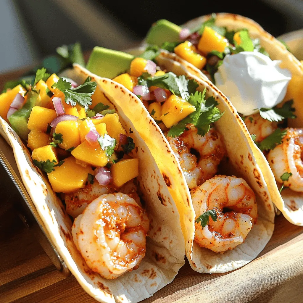 For the shrimp tacos, you need: - 1 pound large shrimp, peeled and deveined - 1 tablespoon olive oil - 1 teaspoon chili powder - 1 teaspoon cumin - 1/2 teaspoon garlic powder - Salt and pepper to taste - 8 corn tortillas These main ingredients bring flavor and texture to your tacos. The shrimp is the star, providing a juicy bite. The spices enhance its taste. Olive oil helps the shrimp cook evenly. For the mango salsa, gather: - 1 ripe mango, diced - 1/2 red onion, finely chopped - 1 jalapeño, minced (seeds removed for less heat) - Juice of 1 lime - 1/4 cup fresh cilantro, chopped This salsa adds freshness and a sweet kick. The ripe mango gives a tropical flavor. Red onion and jalapeño add crunch and spice. Lime juice brightens the mix, while cilantro adds herbaceous notes. You can also use: - Avocado slices, for topping - Sour cream or Greek yogurt, for serving (optional) These toppings enhance your tacos. Avocado adds creaminess. Sour cream or yogurt offers a cooling effect, balancing heat from the jalapeño. For the full recipe, check out the detailed instructions to create this dish. First, take your shrimp and place them in a bowl. Add olive oil, chili powder, cumin, garlic powder, salt, and pepper. Mix well so the shrimp are coated in the spices. This step is key for great flavor. Let them sit for a few minutes while you get ready to cook. Heat a large skillet over medium-high heat. Once it is hot, add the shrimp. Cook them for about 2 to 3 minutes on each side. You want them pink and opaque. Don’t overcrowd the pan; it’s best to cook them in batches if needed. When done, remove them from the heat and set aside. In a clean bowl, combine diced mango, finely chopped red onion, minced jalapeño, lime juice, and chopped cilantro. Gently mix everything together. Add a pinch of salt to enhance the flavors. Let it sit for a few minutes. This helps the taste blend well together. Use the same skillet from the shrimp to warm the corn tortillas. Lightly toast them for about 30 seconds on each side. This makes them warm and easy to fold. Don’t let them get too crispy, as you want them soft for the tacos. Take a warm tortilla and place a few shrimp on it. Spoon a generous amount of mango salsa on top. Add avocado slices for extra creaminess. If you like, add a dollop of sour cream or Greek yogurt. This adds a nice touch to the flavor. Serve the shrimp tacos right away while they are warm. You can pair them with a side of lime wedges for extra zing. These tacos are perfect for a fun family dinner or a casual get-together. For the full recipe, check out the complete details above. Enjoy every bite! To cook shrimp just right, start with fresh shrimp. Look for shrimp that are firm and smell like the ocean. Marinate them for just 15-20 minutes. This helps them soak up the flavors. When cooking, heat your skillet on medium-high. Add the shrimp and watch closely. They cook fast—about 2-3 minutes per side. They are done when they turn pink and opaque. Overcooking makes them tough. Mango salsa brings bright flavors to your shrimp tacos. Use a ripe mango for the best taste. A ripe mango is sweet and juicy. Mix in red onion and jalapeño for a nice crunch. The lime juice adds zest. Let the salsa sit for a few minutes. This helps the flavors blend together. You can customize it. Add more jalapeño for heat, or a pinch of salt to taste. Warming tortillas makes them soft and tasty. Use the same skillet you cooked the shrimp in. Heat it on medium. Place each tortilla in the skillet for about 30 seconds on each side. This warms them up and adds a bit of flavor. Don’t crowd the pan; warm them one at a time. Keep them warm in a clean cloth until you are ready to assemble your tacos. For the complete recipe, check the Full Recipe link. {{image_2}} You can easily swap shrimp for other proteins in this recipe. Chicken, fish, or tofu works great. For chicken, cut it into small pieces. Season it the same way as shrimp and cook until it's no longer pink. If you choose fish, use firm types like cod or tilapia. For tofu, press it to remove water, then cube and cook until golden. Each protein brings its own flavor, making the tacos unique. If you want a vegetarian option, try using grilled veggies or beans. Grilled bell peppers, zucchini, and corn add a great taste. For beans, black beans or pinto beans are perfect. Just heat them with spices to add flavor. You can also add some roasted sweet potatoes for sweetness and texture. Don’t forget to top with mango salsa for a fresh twist. Mango salsa is just one option. You can try pineapple salsa for a tropical vibe. Just swap mango for diced pineapple and add cilantro. For a spicy kick, make a tomatillo salsa. Blend tomatillos, jalapeños, and onions for a zesty flavor. You can also try a classic tomato salsa. Just mix diced tomatoes, onions, lime juice, and cilantro. Each salsa brings new flavors to your tacos. After enjoying your shrimp tacos, store any leftovers in an airtight container. Place the tacos in the fridge right away. They will stay fresh for up to two days. If possible, keep the shrimp and tortillas separate for better taste. This helps avoid sogginess. For the mango salsa, use a small container with a lid. It will keep well in the fridge for about three days. Storing it separately helps maintain the salsa’s crunch and bright flavors. If you notice the salsa getting watery, just drain the excess liquid before serving again. When it's time to enjoy your leftovers, reheat the shrimp in a skillet over medium heat. Heat for about one to two minutes, just until warm. If you prefer, you can microwave the shrimp for about 30 seconds. Avoid overcooking, as this can make the shrimp tough. Warm the tortillas briefly in a pan or microwave to keep them soft. For best taste, add fresh salsa and toppings right before serving. For the full recipe, check the link provided. Yes, you can make shrimp tacos in advance. Prepare the shrimp and salsa ahead of time. Store them separately in the fridge. Just warm the tortillas before serving. This keeps everything fresh and tasty. Shrimp is cooked when it turns pink and opaque. It should curl into a "C" shape. Cook shrimp for about 2-3 minutes on each side. Overcooking can make shrimp tough, so watch closely. If you can’t find mango, try using pineapple or peach. Both fruits add sweetness and flavor. You can also use avocado for a creamy texture. Just adjust the other ingredients to balance the taste. Shrimp tacos can be spicy depending on the salsa. The jalapeño adds heat, but you can remove the seeds for less spice. If you prefer mild flavors, skip the jalapeño or use bell pepper instead. Yes, you can use flour tortillas instead of corn. Flour tortillas are soft and easy to fold. However, corn tortillas add a nice flavor and texture. Choose what you like best for your tacos. For the full recipe, check out the details above. Shrimp tacos are easy and fun to make. We covered the main ingredients like shrimp and mango salsa. I shared how to cook shrimp and warm tortillas. You can customize your tacos with various toppings and condiments. Don't forget the tips for perfect shrimp and tasty salsa. You can even swap shrimp for other proteins or go vegetarian. Enjoy your fresh shrimp tacos, and don’t worry about leftovers—they store well! Try these steps, and I bet you’ll love making these delicious tacos again and again.