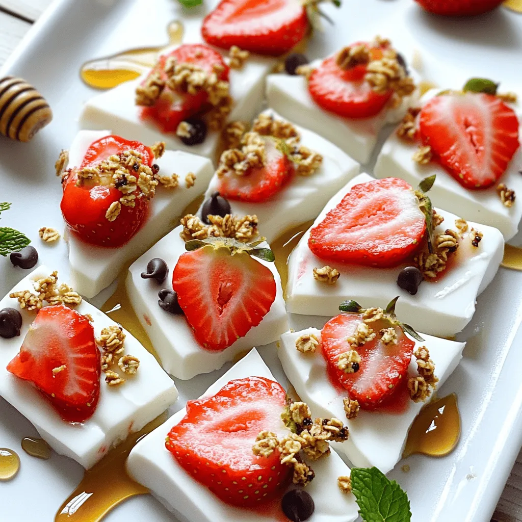 - 2 cups plain Greek yogurt - 2 tablespoons honey - 1 teaspoon vanilla extract - 1 cup fresh strawberries The main ingredients of strawberry yogurt bark are simple and healthy. I love using plain Greek yogurt because it is thick and creamy. Honey adds sweetness, but you can change the amount based on your taste. Vanilla extract gives a nice flavor that blends well with strawberries. Fresh strawberries are the star of this snack. They give a burst of flavor and a beautiful color. - 1/4 cup granola - Mini dark chocolate chips - Coconut flakes Optional toppings make this recipe fun and unique. Granola adds a crunchy texture. Mini dark chocolate chips give a sweet touch, while coconut flakes add a tropical feel. You can mix and match these toppings to make your yogurt bark special. - Substituting yogurt types - Adjusting sweetness levels You can switch the yogurt type if you want. Regular yogurt or non-dairy yogurt works too. If you prefer less sweetness, cut back on the honey. You can also try maple syrup or agave as sweeteners. This recipe is flexible, so make it your own! To start, grab a mixing bowl. Measure out 2 cups of plain Greek yogurt. Add 2 tablespoons of honey. You can adjust the honey to fit your taste. Next, include 1 teaspoon of vanilla extract. This adds a nice flavor. Mix all these ingredients well until they are creamy and smooth. Now, let’s move on to the fun part! First, line a baking sheet with parchment paper. This step makes it easy to remove your yogurt bark later. Next, pour your yogurt mixture onto the lined sheet. Spread it evenly. Aim for about 1/4 inch thick. After that, it’s time to add your toppings. Place 1 cup of fresh strawberries, hulled and sliced, evenly over the yogurt. Press them gently into the mixture. Finally, sprinkle 1/4 cup of granola on top for some crunch. You can also add optional toppings like mini dark chocolate chips or coconut flakes. Now, put the baking sheet into the freezer. Let it freeze for at least 4 hours or until it is completely solid. When it’s ready, take it out and let it sit for a couple of minutes. This makes it easier to cut. Break the bark into pieces or cut it into squares. You can serve it right away or store it in an airtight container in the freezer for up to two weeks. For added flair, place the pieces on a white platter. Drizzle a little extra honey over the top. You can also garnish with fresh mint leaves for a pop of color. Enjoy your delicious Strawberry Yogurt Bark! For the full recipe, refer back to the ingredients section. To get the right thickness, aim for about 1/4 inch. This size gives the bark a nice crunch. If it's too thin, it may break easily. If too thick, it takes longer to freeze. Use a spatula to spread the yogurt mixture evenly. Take your time and make sure every part is the same thickness. You can change the fruit to fit the season. Try raspberries, blueberries, or peaches. Each fruit adds a new flavor to the bark. You can also switch yogurt flavors. Use vanilla, strawberry, or even coconut yogurt for fun twists. This lets you create your own unique snack. Pair your yogurt bark with fresh fruit or nuts. Sliced bananas or a handful of almonds work great. This adds taste and more nutrients. You can also serve it with a drizzle of honey on top. Not only does this add sweetness, but it also makes it look fancy. Check out the Full Recipe for more ideas! {{image_2}} You can easily change the flavors of your yogurt bark. Try using different berries like blueberries, raspberries, or blackberries. Each berry brings its own taste and color. You can also mix in citrus zest, like lemon or orange. This adds a fresh zing that wakes up the flavors. If you need dairy-free options, use coconut yogurt or almond yogurt instead of Greek yogurt. These alternatives still give a creamy texture. Want to add crunch? Look for gluten-free granola. It works well and keeps your snack gluten-free. Make your yogurt bark fun for any holiday. Use festive toppings like crushed peppermint for winter or colorful sprinkles for birthdays. You can also use frozen fruit if fresh berries are out of season. Frozen fruit works great and keeps the bark cold and refreshing. For detailed steps on making this delightful treat, check out the Full Recipe. To keep your Strawberry Yogurt Bark fresh, use an airtight container. This helps prevent ice crystals from forming. You can also wrap individual pieces in plastic wrap. This way, you can grab a piece without losing the rest. In the freezer, your Strawberry Yogurt Bark will stay good for up to two weeks. After that, the taste and texture may change. For the best flavor, eat it within this time frame. To defrost, take out the yogurt bark and let it sit at room temperature. This usually takes about 10 to 15 minutes. If you're in a hurry, you can place it in the fridge for quicker thawing. Avoid using a microwave, as it can make the bark too soft. Enjoy your healthy snack once it's thawed! Strawberry Yogurt Bark stays fresh for up to two weeks in the freezer. After that, it may lose flavor and texture. I recommend placing it in an airtight container. This keeps it safe from freezer burn. Yes, you can use non-dairy yogurt. Almond, coconut, or soy yogurt work well. Just make sure it’s plain and unsweetened. This way, you can control the sweetness with honey. You can substitute honey with maple syrup or agave nectar. Both options add sweetness without changing the taste much. If you want a sugar-free option, try a sugar substitute like stevia. Strawberry Yogurt Bark is a healthy snack. It’s full of protein from Greek yogurt and vitamins from strawberries. The granola adds fiber. This makes it a balanced treat. Yes, you can double or halve the recipe. Just keep the same ratios for yogurt, honey, and strawberries. You can adjust the baking sheet size to fit your batch. You can add many toppings to your bark. Try blueberries, raspberries, or banana slices. Nuts and seeds add crunch and flavor. Mini dark chocolate chips or coconut flakes are great too! For a fun twist, mix in some citrus zest. This blog post covered how to make Strawberry Yogurt Bark. You learned about key ingredients like Greek yogurt, honey, and fresh strawberries. We explored optional toppings and how to adjust flavors. You saw a clear step-by-step guide to prepare, assemble, and freeze your bark. Plus, I shared tips for perfect texture and creative variations. In the end, enjoy this healthy treat as a fun snack or dessert. Make it your own by changing flavors and toppings. Enjoy your delicious creation!