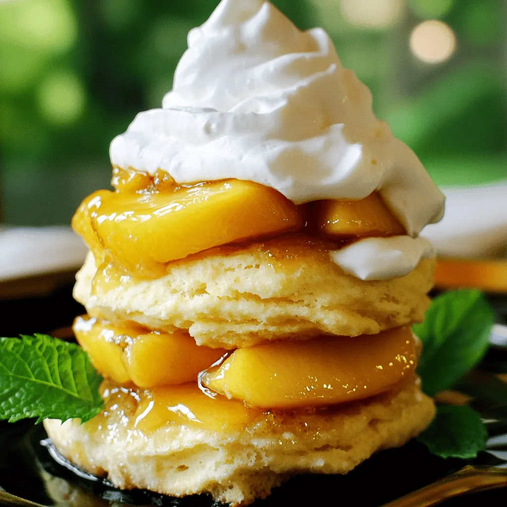 - 4 ripe peaches, pitted and sliced - 2 tablespoons brown sugar - 1 tablespoon lemon juice - 1 cup heavy whipping cream - 2 cups all-purpose flour - 2 tablespoons baking powder - 1 tablespoon granulated sugar - 1/2 teaspoon salt - 1/2 cup unsalted butter, cold and cubed - 3/4 cup heavy cream, plus extra for brushing - 2 tablespoons powdered sugar - Fresh mint leaves for garnish For this peach shortcake, I focus on using ripe peaches. They give the best flavor and sweetness. You will need four peaches, so pick the ones that feel slightly soft when you press them. The brown sugar adds a nice caramel touch. A little lemon juice helps to brighten the sweetness of the fruit. In the dry section, we have basic ingredients. The all-purpose flour and baking powder help the shortcake rise well. The sugar adds a hint of sweetness, while the salt balances the flavors. For the additional ingredients, keep your butter cold. It helps make the shortcake flaky. The heavy cream is for the dough and the whipped topping. The powdered sugar sweetens the whipped cream. Finally, fresh mint leaves add a pop of color and flavor. You can check the [Full Recipe] for all steps and tips. To start, grab your ripe peaches. Slice them and place them in a bowl. Add 2 tablespoons of brown sugar and 1 tablespoon of lemon juice. Toss the peaches gently to coat them well. This step helps to bring out their natural sweetness. Let the peaches sit for about 15 minutes. This wait time allows the peaches to release their tasty juices. Next, let’s make the dough. In a clean bowl, mix together 2 cups of all-purpose flour, 2 tablespoons of baking powder, 1 tablespoon of granulated sugar, and 1/2 teaspoon of salt. Use a whisk to combine these dry ingredients. Now, we need to cut in 1/2 cup of cold, cubed unsalted butter. You can use a pastry cutter or your fingers for this. Aim for a crumbly texture. Once that's done, make a well in the center, and pour in 3/4 cup of heavy cream and 1 teaspoon of vanilla extract. Stir gently until the dough forms. Don’t overmix; we want it light and fluffy. Now it's time to shape the shortcakes. Turn the dough onto a lightly floured surface. Pat it into a rectangle about 1 inch thick. Use a biscuit cutter or glass to cut out rounds. Place these rounds on a baking sheet lined with parchment paper. Brush the tops with a bit of extra heavy cream. This will help them turn golden in the oven. Bake for 10-12 minutes at 425°F (220°C) until they are lightly golden. Once baked, let them cool slightly before serving. For the full recipe, check the earlier section. When picking peaches, look for firm ones that feel slightly soft. A ripe peach should have a sweet smell. This scent tells you the fruit is ready to eat. If the peaches are hard, they need more time to ripen. Leave them at room temperature for a few days. Mix the dough just enough. Overmixing will make your shortcake tough. You want it to be light and fluffy. For a golden finish, brush the tops with heavy cream before baking. This step adds flavor and an appealing shine. Layer your shortcake with fresh peaches and whipped cream. This combination creates a delightful treat. For a fresh twist, add mint leaves on top. They add color and a bright taste that enhances the dessert. Enjoy this peach shortcake delight with friends and family for a special touch. For the complete recipe, check out the Full Recipe. {{image_2}} You can make this dessert gluten-free by switching out all-purpose flour for gluten-free flour. Many brands offer blends that work well. When you do this, pay close attention to the liquid. Gluten-free flour can absorb more moisture. If your dough seems dry, add a bit more cream until it feels right. To make your whipped cream pop, try adding a touch of vanilla bean or almond extract. Both options add a nice twist to the flavor. You can also mix in different berries like strawberries or blueberries for layering. This not only adds flavor but also makes your dessert look beautiful. For a healthier twist, consider using Greek yogurt instead of whipped cream. It adds a nice tang that pairs well with peaches. If you want something richer, try adding chocolate shavings on top. This gives your dessert a delicious depth and a fun surprise in every bite. For the full recipe, check out the main article. Store leftovers in an airtight container. This keeps your dessert fresh. It tastes best within 2-3 days. After that, the peaches may lose their flavor. The shortcakes also lose their nice texture. You can freeze shortcakes without toppings. This helps them stay fresh. Wrap each shortcake tightly in plastic wrap. Place them in a freezer bag afterward. To reheat, let them thaw in the fridge overnight. Then, warm them in the oven at 350°F for about 10 minutes. To keep your dessert perfect, store the peach mixture separately. This helps retain the texture of the peaches. Assemble shortcake pieces just before serving. This way, the shortcakes stay fluffy and delicious. Enjoy the best part of Peach Shortcake Delight with every bite! To make Peach Shortcake from scratch, use the ingredients provided in the Full Recipe. Start by preheating your oven to 425°F (220°C). Mix sliced peaches with brown sugar and lemon juice. Let them sit for 15 minutes. In another bowl, whisk flour, baking powder, granulated sugar, and salt. Cut in cold butter until it looks like coarse crumbs. Add heavy cream and vanilla, stirring gently until just combined. Pat the dough into a rectangle, then cut out rounds. Bake for 10-12 minutes until golden. Cool slightly, slice, and assemble with peaches and whipped cream. Yes, you can use canned peaches! If you choose canned, look for peaches packed in juice or water. Drain them well to prevent sogginess. You may want to reduce the brown sugar since canned peaches are often sweeter. Add a little lemon juice to brighten the flavor. This will help mimic the fresh taste that’s so important in this dessert. If you need a substitute for heavy cream, there are several options. You can use half-and-half or whole milk mixed with butter. For a dairy-free choice, use coconut cream or almond milk with a thickener like cornstarch. Each option will give a different flavor and texture, so choose based on what you like best. This article covered the essential steps to make delicious peach shortcake. We talked about fresh and dry ingredients, step-by-step instructions, and helpful tips. I shared variations and storage advice to keep your shortcake fresh. Remember, ripe peaches and proper mixing are crucial for the best results. Enjoy crafting this sweet treat that can delight family and friends. With practice, you’ll perfect your shortcake skills!