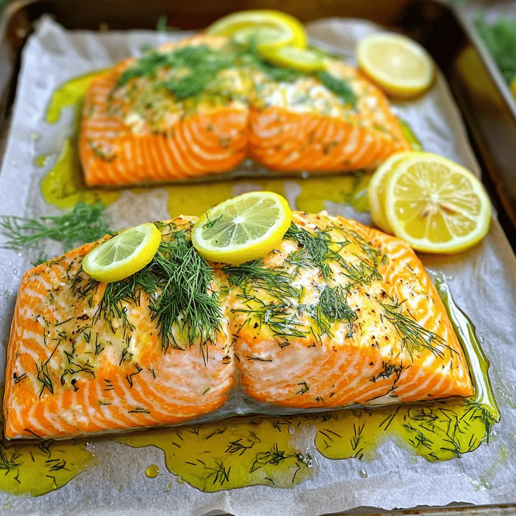 - Salmon fillets - Olive oil - Fresh dill - Lemon - Garlic - Salt and pepper - Lemon slices To make Lemon Dill Salmon, you need just a few simple ingredients. First, get four salmon fillets, each about six ounces. Salmon is rich in flavor and healthy fats. Next, you will need two tablespoons of olive oil. This adds moisture and helps the fish cook well. Fresh dill is key for this dish. You’ll want about two tablespoons, chopped. Dill gives a bright, fresh taste that pairs well with salmon. One lemon will provide both zest and juice. The zest adds a strong lemon flavor while the juice brings brightness. Garlic is another important ingredient. Use three cloves, minced, for a savory kick. Don’t forget salt and pepper to taste. These will enhance all the flavors in your dish. Lastly, have some lemon slices ready for garnish. They make your dish look pretty and add extra flavor. Once you gather these ingredients, you are ready to make a delicious Lemon Dill Salmon. For the full recipe, check out the detailed instructions above. 1. Preheat oven and prepare baking sheet Start by preheating your oven to 400°F (200°C). This step is key for even cooking. Next, line a baking sheet with parchment paper. This makes clean-up easy and helps prevent sticking. 2. Create the marinade In a small bowl, mix together your olive oil, chopped dill, lemon zest, lemon juice, minced garlic, salt, and pepper. This blend brings bright flavors to the salmon. Whisk it well to ensure all the ingredients combine nicely. 3. Marinate the salmon Take your salmon fillets and place them in a shallow dish. Pour half of the marinade over the salmon, making sure each piece is well-coated. This step infuses the salmon with flavor. Let the salmon sit for about 15-20 minutes. This will enhance the taste and make it more delicious. 1. Place salmon on the baking sheet After marinating, place the salmon fillets skin-side down on your prepared baking sheet. This ensures the skin crisps up while the salmon cooks. 2. Drizzle remaining marinade Drizzle the remaining marinade over the top of the salmon fillets. This adds moisture and flavor, making every bite delightful. 3. Bake and check for doneness Bake the salmon in your preheated oven for 12-15 minutes. Keep an eye on it. The salmon is done when it flakes easily with a fork. If you want to be sure, use a meat thermometer; it should read 145°F (63°C) at the thickest part. Enjoy your Lemon Dill Salmon! For the full recipe, refer to the section above. When cooking salmon, timing is key. Bake your salmon fillets for 12 to 15 minutes. This time ensures the fish cooks through without drying out. The salmon should flake easily when done. To check, use a fork at the thickest part. To balance flavors, combine lemon's brightness with dill's freshness. The marinade mixes lemon juice, zest, garlic, and dill. This combo enhances the salmon’s natural taste. Marinade your fish for 15-20 minutes for the best flavor. Pair your Lemon Dill Salmon with fresh sides. Roasted asparagus, garlic mashed potatoes, or a crisp salad are great choices. These sides complement the fish's flavor nicely. For a restaurant-style dish, focus on presentation. Use a large white plate to highlight your salmon. Add a few lemon slices and sprigs of dill on top. This simple touch makes your meal look gourmet. For the complete recipe, check out the [Full Recipe]. {{image_2}} You can switch up the herbs and spices in this recipe. If you want a different flavor, try using fresh parsley or tarragon instead of dill. Both herbs add a nice touch to the salmon. You can also use spices like paprika or cumin for a bolder taste. For the fish, salmon is great, but you can use other options too. Trout or halibut work well in this recipe. They have a similar texture and cook in about the same time. Just keep an eye on them while cooking. You can grill or bake the salmon for this dish. Grilling gives the fish a smoky flavor. It also creates nice grill marks. To grill, preheat your grill and oil the grates. Cook each side for about four to five minutes. Baking is easy and great for busy days. You can put the salmon in the oven and walk away. Baking at 400°F for 12-15 minutes lets the fish cook evenly. It also keeps the salmon moist and flavorful. If you want a crispy outer layer, try pan-searing. Heat some olive oil in a pan over medium-high heat. Cook the salmon skin-side down for about six minutes. Flip it and cook for another four to five minutes. This method gives you a golden crust while keeping the inside tender. For the complete recipe, check out the Full Recipe. To keep your cooked salmon fresh, let it cool first. Wrap it tightly in plastic wrap or foil. You can also use an airtight container. Store it in the fridge for up to three days. This way, it stays tasty and safe to eat. You can freeze both cooked and uncooked salmon. For cooked salmon, let it cool completely. Wrap it tightly and place it in a freezer bag. It stays good for about two months. For uncooked salmon, do the same, but use it within three months for the best taste. When you are ready to eat, thaw salmon in the fridge overnight. This keeps it safe and moist. Avoid thawing at room temperature to prevent bacteria growth. For the best results, use the salmon soon after it thaws. Enjoy your Lemon Dill Salmon from the Full Recipe! Bake Lemon Dill Salmon for 12 to 15 minutes. The time may change based on your oven. I always check for flakiness to ensure it’s done. The salmon should look opaque and easily flake with a fork. Yes, you can use dried dill if fresh is not available. Use about one teaspoon of dried dill for every tablespoon of fresh. Dried herbs have a stronger flavor, so adjust to your taste. Keep in mind that fresh dill adds a brighter flavor. Lemon Dill Salmon pairs well with several sides. I love serving it with steamed vegetables or a light salad. Rice or quinoa can also complement the dish. You can add some crusty bread to soak up the delicious juices. To check if salmon is fully cooked, look for its color and texture. It should be opaque and flake easily when you press it with a fork. You can also use a food thermometer. The internal temperature should reach 145°F (63°C). Enjoy your perfectly cooked salmon! For the full recipe, make sure to check the main section. In this blog post, we covered how to make Lemon Dill Salmon. We looked at key ingredients, clear steps for cooking, and tips for great flavor and presentation. You now know how to store salmon, freeze it, and even swap ingredients. Remember, cooking is fun and you can try new things. Keep experimenting to find your favorite version of this dish. Enjoy your Lemon Dill Salmon and impress your family and friends!