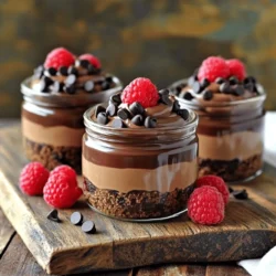 To make these jars, you need some key items. Here’s what you will need: - 8 oz cream cheese, softened - 1 cup powdered sugar - 1 cup whipped cream (store-bought or homemade) - 1/2 cup unsweetened cocoa powder - 1 teaspoon vanilla extract - 1 cup chocolate cookie crumbs (like Oreos or chocolate graham crackers) - 4 tablespoons unsalted butter, melted - 1/4 cup chocolate chips for garnish - Fresh raspberries or strawberries for garnish These ingredients create a rich and creamy dessert that is sure to please. You will need a few tools for this recipe. Here’s a list to help you: - Mixing bowls - Electric mixer - Spatula - Measuring cups and spoons - Jars or cups for serving These tools will make the process smooth and fun. If you need alternatives or have allergies, there are options. You can use: - Low-fat cream cheese for a lighter option. - Coconut cream instead of whipped cream for a dairy-free choice. - Gluten-free cookie crumbs for a gluten-free version. Check for allergens in your ingredients to keep everyone safe. If you want the full recipe, it's available for those who love to dive deeper into the details. To start, you need to prepare each layer of the cheesecake jars. First, make the chocolate cookie crust. Mix 1 cup of chocolate cookie crumbs with 4 tablespoons of melted butter in a bowl. Stir until the crumbs are fully coated. This will give your jars a tasty base. Next, prepare the cheesecake filling. In a mixing bowl, beat 8 oz of softened cream cheese until it gets smooth. Slowly add 1 cup of powdered sugar while mixing. Then, add 1/2 cup of unsweetened cocoa powder and 1 teaspoon of vanilla extract. Mix well until it’s silky smooth. This filling is rich and chocolatey. When mixing the cheesecake filling, be gentle when adding the whipped cream. You’ll need 1 cup of whipped cream for this. Fold it into your chocolate mixture using a spatula. Do this carefully to keep it light and airy. This step is key to a good texture. You want it to be fluffy and rich. Now, it’s time to layer your jars. Start with 2 tablespoons of the chocolate cookie crust at the bottom. Press it down lightly. Then, add 3 tablespoons of the cheesecake filling over the crust. Repeat these layers until the jars are full. Aim for at least two layers of each. Finish with a layer of cheesecake on top. For a nice touch, sprinkle chocolate chips on the top before serving. You can also add fresh raspberries or strawberries for color. Remember to chill your jars for at least 2 hours. This helps everything set up nicely. Enjoy your beautiful and delicious no-bake chocolate cheesecake jars! For the complete recipe, check the [Full Recipe]. To get the best texture, start with room-temperature cream cheese. This helps it mix easily. Use an electric mixer to beat it until smooth. Avoid lumps for a creamy filling. When adding whipped cream, fold it in gently. This keeps the mixture light and fluffy. Also, use unsweetened cocoa powder for a rich taste. Always make sure your ingredients are fresh for the best flavor. One common mistake is not chilling the jars long enough. Letting them chill for at least two hours is key. If you skip this step, the cheesecake may not set properly. Another mistake is over-mixing the whipped cream. This can make the filling dense instead of airy. Lastly, don’t skip the chocolate cookie crumbs layer. This adds a crunchy texture that balances the creamy cheesecake. To make assembly simple, gather all your tools and ingredients first. Use a clear jar to show off the layers. Start with the cookie mixture at the bottom. A spoon or small scoop makes layering easy. Alternate layers of cookie and cheesecake until the jar is full. Finish with cheesecake on top for a nice look. This helps create a balanced bite every time. For the final touch, use chocolate chips and berries as a garnish. These add color and extra flavor. For a complete guide to making these delicious jars, check out the Full Recipe. {{image_2}} You can easily switch up the flavor of your no-bake chocolate cheesecake jars. For a fresh twist, add mint extract. Use one teaspoon for a nice minty taste. You can also mix in crushed mint candies for extra crunch. If you prefer fruity notes, try raspberry or strawberry. Swirl in a fruit puree before layering. This adds bright flavor and color. Toppings can change the whole look and taste of your dessert. I love using chopped nuts for some extra crunch. Walnuts or pecans work well. You can also drizzle caramel sauce over the top for a sweet treat. For a fun twist, add crushed candy bars or even sprinkles. Choose your favorite toppings to make it your own. Want a lighter version of this dessert? You can swap regular cream cheese for low-fat cream cheese. You can also use Greek yogurt instead of whipped cream. This adds protein and cuts some fat. Consider using honey or maple syrup instead of powdered sugar for sweetness. These small changes keep the flavor while making it healthier. For more tips on making these delicious jars, check the Full Recipe. You can store your No-Bake Chocolate Cheesecake Jars in the fridge. Keep them in an airtight container. They will stay fresh for about 3 to 5 days. If you want to keep them longer, freezing is a great option. To freeze the jars, cover them tightly with plastic wrap or foil. Place them in a freezer-safe container. They can last up to 2 months in the freezer. When you’re ready to enjoy, move them to the fridge overnight to thaw. Do not refreeze after thawing. No need to reheat No-Bake Chocolate Cheesecake Jars. They are best served cold. If they seem a little soft after thawing, you can gently mix them to restore texture. Add a few fresh toppings, like berries or chocolate chips, for a fresh look and taste before serving. No-Bake Chocolate Cheesecake Jars last for about 3 to 5 days in the fridge. Make sure to cover them tightly. This keeps them fresh and tasty. If you want them to last longer, you can freeze them. However, the texture may change after thawing. Yes, you can use low-fat cream cheese! It will still taste great. However, the texture might be a bit different. Low-fat cream cheese can make your cheesecake less rich. If you want a lighter option, this is a good choice. If you need a substitute for whipped cream, try using cool whip or whipped topping. You can also whip coconut cream for a dairy-free option. Another choice is to use Greek yogurt. It adds creaminess and a bit of tang. Just remember, it will change the flavor slightly. For the full recipe, check out the instructions above! This article walked you through making no-bake chocolate cheesecake jars. You learned about key ingredients, tools, and substitutions. I detailed steps for mixing and layering, plus tips for the best texture. You discovered flavor variations and topping ideas, along with how to store and freeze these desserts. In conclusion, making these cheesecake jars is fun and easy. Customize them to fit your taste and enjoy delightful treats anytime.