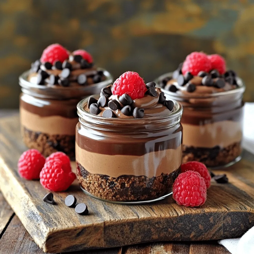 To make these jars, you need some key items. Here’s what you will need: - 8 oz cream cheese, softened - 1 cup powdered sugar - 1 cup whipped cream (store-bought or homemade) - 1/2 cup unsweetened cocoa powder - 1 teaspoon vanilla extract - 1 cup chocolate cookie crumbs (like Oreos or chocolate graham crackers) - 4 tablespoons unsalted butter, melted - 1/4 cup chocolate chips for garnish - Fresh raspberries or strawberries for garnish These ingredients create a rich and creamy dessert that is sure to please. You will need a few tools for this recipe. Here’s a list to help you: - Mixing bowls - Electric mixer - Spatula - Measuring cups and spoons - Jars or cups for serving These tools will make the process smooth and fun. If you need alternatives or have allergies, there are options. You can use: - Low-fat cream cheese for a lighter option. - Coconut cream instead of whipped cream for a dairy-free choice. - Gluten-free cookie crumbs for a gluten-free version. Check for allergens in your ingredients to keep everyone safe. If you want the full recipe, it's available for those who love to dive deeper into the details. To start, you need to prepare each layer of the cheesecake jars. First, make the chocolate cookie crust. Mix 1 cup of chocolate cookie crumbs with 4 tablespoons of melted butter in a bowl. Stir until the crumbs are fully coated. This will give your jars a tasty base. Next, prepare the cheesecake filling. In a mixing bowl, beat 8 oz of softened cream cheese until it gets smooth. Slowly add 1 cup of powdered sugar while mixing. Then, add 1/2 cup of unsweetened cocoa powder and 1 teaspoon of vanilla extract. Mix well until it’s silky smooth. This filling is rich and chocolatey. When mixing the cheesecake filling, be gentle when adding the whipped cream. You’ll need 1 cup of whipped cream for this. Fold it into your chocolate mixture using a spatula. Do this carefully to keep it light and airy. This step is key to a good texture. You want it to be fluffy and rich. Now, it’s time to layer your jars. Start with 2 tablespoons of the chocolate cookie crust at the bottom. Press it down lightly. Then, add 3 tablespoons of the cheesecake filling over the crust. Repeat these layers until the jars are full. Aim for at least two layers of each. Finish with a layer of cheesecake on top. For a nice touch, sprinkle chocolate chips on the top before serving. You can also add fresh raspberries or strawberries for color. Remember to chill your jars for at least 2 hours. This helps everything set up nicely. Enjoy your beautiful and delicious no-bake chocolate cheesecake jars! For the complete recipe, check the [Full Recipe]. To get the best texture, start with room-temperature cream cheese. This helps it mix easily. Use an electric mixer to beat it until smooth. Avoid lumps for a creamy filling. When adding whipped cream, fold it in gently. This keeps the mixture light and fluffy. Also, use unsweetened cocoa powder for a rich taste. Always make sure your ingredients are fresh for the best flavor. One common mistake is not chilling the jars long enough. Letting them chill for at least two hours is key. If you skip this step, the cheesecake may not set properly. Another mistake is over-mixing the whipped cream. This can make the filling dense instead of airy. Lastly, don’t skip the chocolate cookie crumbs layer. This adds a crunchy texture that balances the creamy cheesecake. To make assembly simple, gather all your tools and ingredients first. Use a clear jar to show off the layers. Start with the cookie mixture at the bottom. A spoon or small scoop makes layering easy. Alternate layers of cookie and cheesecake until the jar is full. Finish with cheesecake on top for a nice look. This helps create a balanced bite every time. For the final touch, use chocolate chips and berries as a garnish. These add color and extra flavor. For a complete guide to making these delicious jars, check out the Full Recipe. {{image_2}} You can easily switch up the flavor of your no-bake chocolate cheesecake jars. For a fresh twist, add mint extract. Use one teaspoon for a nice minty taste. You can also mix in crushed mint candies for extra crunch. If you prefer fruity notes, try raspberry or strawberry. Swirl in a fruit puree before layering. This adds bright flavor and color. Toppings can change the whole look and taste of your dessert. I love using chopped nuts for some extra crunch. Walnuts or pecans work well. You can also drizzle caramel sauce over the top for a sweet treat. For a fun twist, add crushed candy bars or even sprinkles. Choose your favorite toppings to make it your own. Want a lighter version of this dessert? You can swap regular cream cheese for low-fat cream cheese. You can also use Greek yogurt instead of whipped cream. This adds protein and cuts some fat. Consider using honey or maple syrup instead of powdered sugar for sweetness. These small changes keep the flavor while making it healthier. For more tips on making these delicious jars, check the Full Recipe. You can store your No-Bake Chocolate Cheesecake Jars in the fridge. Keep them in an airtight container. They will stay fresh for about 3 to 5 days. If you want to keep them longer, freezing is a great option. To freeze the jars, cover them tightly with plastic wrap or foil. Place them in a freezer-safe container. They can last up to 2 months in the freezer. When you’re ready to enjoy, move them to the fridge overnight to thaw. Do not refreeze after thawing. No need to reheat No-Bake Chocolate Cheesecake Jars. They are best served cold. If they seem a little soft after thawing, you can gently mix them to restore texture. Add a few fresh toppings, like berries or chocolate chips, for a fresh look and taste before serving. No-Bake Chocolate Cheesecake Jars last for about 3 to 5 days in the fridge. Make sure to cover them tightly. This keeps them fresh and tasty. If you want them to last longer, you can freeze them. However, the texture may change after thawing. Yes, you can use low-fat cream cheese! It will still taste great. However, the texture might be a bit different. Low-fat cream cheese can make your cheesecake less rich. If you want a lighter option, this is a good choice. If you need a substitute for whipped cream, try using cool whip or whipped topping. You can also whip coconut cream for a dairy-free option. Another choice is to use Greek yogurt. It adds creaminess and a bit of tang. Just remember, it will change the flavor slightly. For the full recipe, check out the instructions above! This article walked you through making no-bake chocolate cheesecake jars. You learned about key ingredients, tools, and substitutions. I detailed steps for mixing and layering, plus tips for the best texture. You discovered flavor variations and topping ideas, along with how to store and freeze these desserts. In conclusion, making these cheesecake jars is fun and easy. Customize them to fit your taste and enjoy delightful treats anytime.