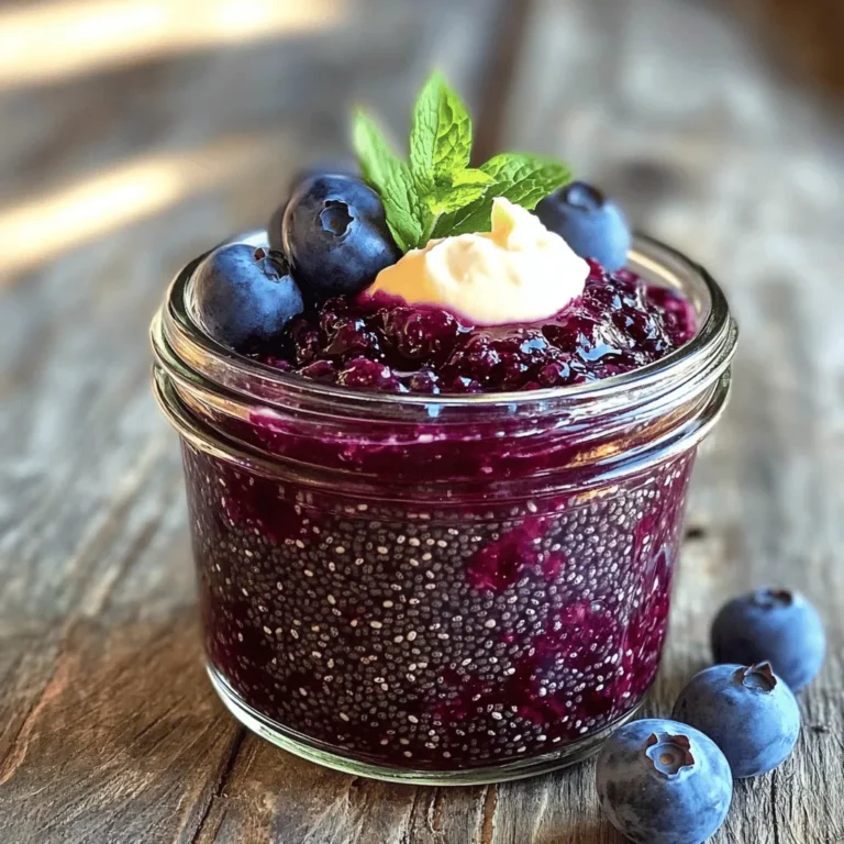 You can use fresh or frozen blueberries for this jam. Fresh berries taste great and are juicy. If you use frozen blueberries, thaw them first. This choice makes the jam easy and quick. Both options work well for a tasty treat. You can sweeten your jam with honey or maple syrup. Honey gives a floral taste, while maple syrup adds a rich flavor. Adjust the amount based on your taste. Start with 1/4 cup and taste as you go. You can always add more if you want it sweeter. Chia seeds thicken the jam and add fiber. Use 2 tablespoons for the right texture. Lemon juice brightens the flavor and balances sweetness. Just 1 tablespoon does the trick. A dash of vanilla extract gives it warmth and depth. This simple addition makes the jam special. Check out the Full Recipe for more details! Start by adding 2 cups of fresh blueberries to a medium saucepan. If you use frozen blueberries, make sure they are thawed. Pour in 1/4 cup of honey or maple syrup. This adds a sweet touch. Turn the heat to medium. Stir gently. You will see the blueberries soften and their juices start to flow. This usually takes about 5 minutes. Once the blueberries are soft, grab a fork or a potato masher. Use it to mash the blueberries to your liking. You can leave it chunky or make it smooth. The choice is yours! Just remember, the more you mash, the smoother your jam will be. Now it’s time to add the magic. Stir in 2 tablespoons of chia seeds. They help the jam thicken. Next, add 1 tablespoon of lemon juice and 1/2 teaspoon of vanilla extract. Finally, sprinkle in a pinch of salt. This brings out all the flavors. Bring the mixture to a gentle boil, then lower the heat. Let it simmer for about 10 minutes. Stir occasionally. When it cools, it will thicken more. You can find the full recipe and more tips on making this jam at the end of the article! To get the best texture in your jam, use ripe blueberries. Ripe fruits break down easier. Start cooking them gently to release their juices. You can mash them with a fork for chunkiness or leave them whole for a smoother jam. Adding chia seeds is key. They soak up liquid and help thicken the jam as it cools. Make sure to let it simmer to the right thickness. Avoid using unripe fruit. It won't break down well and will taste sour. Don't skip the simmering step; this helps the flavors blend. If your jam is too runny, it needs more chia seeds or longer cooking time. Another mistake is not letting it cool properly. The jam thickens as it cools, so be patient. You can use this jam in many ways. Spread it on toast for breakfast. It’s great on pancakes or waffles. Try adding it to yogurt bowls for extra flavor. You can also use it in desserts like cheesecakes or as a topping for ice cream. Garnish your dishes with fresh blueberries or mint for a nice touch. For the full recipe, check the recipe section above! {{image_2}} You can switch blueberries for other fruits. Strawberries, raspberries, or blackberries work well. Each fruit brings a unique flavor. You can mix fruits too. Try a berry blend for a colorful jam. Just keep the same measurements for the recipe. If you want a sugar-free jam, use ripe fruits. They can sweeten your jam naturally. You can also use stevia or monk fruit as sweeteners. Adjust the amount to your taste. These options let you enjoy the jam without added sugars. Spices can add warmth and depth to your jam. Try cinnamon or nutmeg for a cozy flavor. You can also add a bit of ginger for a kick. Experiment with herbs like mint or basil for fresh notes. A little zest from an orange or lime can brighten the taste too. You can make your jam special with these simple tweaks. For the complete recipe, check out the Full Recipe section. Store your blueberry chia seed jam in a clean jar. Make sure to seal it tightly. Keep it in the fridge right after it cools down. This helps keep it fresh and tasty. Always use a clean spoon when you scoop out some jam. This way, you avoid adding any germs to the jar. Your jam can last up to 2 weeks in the fridge. After that, it may lose flavor or spoil. If you notice any strange smell or color, throw it away. To ensure you enjoy every bite, try to finish it within that time. You can freeze blueberry chia seed jam if you want to keep it longer. Use an airtight container or freezer bag. Leave some space at the top. The jam will expand as it freezes. Label the container with the date. It should stay good for about 3 months in the freezer. When ready to use, thaw the jam in the fridge overnight. Enjoy it on toast, pancakes, or yogurt bowls! Homemade blueberry chia seed jam lasts about two weeks in the fridge. Store it in a clean jar with a tight lid. The jam will continue to thicken as it cools. You can tell it’s good if it smells fruity and looks vibrant. If it changes color or smells off, it’s best to toss it. Yes, you can use other sweeteners in this recipe. Maple syrup works great if you want a vegan option. You can also try agave syrup or coconut sugar. Just remember to taste as you go. Adjust the sweetness to your liking. This way, you can create a jam that is just right for you. Chia seed jam is versatile. You can use it in many ways! Try it as a topping for yogurt or oatmeal. It also makes a great filling for pastries or pancakes. You can even swirl it into smoothies for added flavor. The options are endless! In this post, we explored how to make blueberry chia seed jam. We discussed fresh versus frozen blueberries, sweetening options, and essential add-ins like chia seeds and lemon juice. I provided step-by-step instructions for cooking, mashing, and incorporating ingredients. We also covered tips for consistency, common mistakes, and serving suggestions. You can create tasty variations and learn about storage methods. Homemade jam is easy and fun. Enjoy your jam on toast or in yogurt, and try new flavors for a twist!