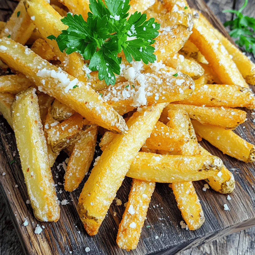 - 4 large russet potatoes - 3 tablespoons olive oil - 4 cloves garlic, minced - 1 teaspoon salt - 1/2 teaspoon black pepper - 1 teaspoon smoked paprika - 1/2 cup grated Parmesan cheese - 2 tablespoons fresh parsley, chopped (for garnish) Best potatoes for fries I recommend using russet potatoes. They are starchy and give you the best fries. Their texture turns crispy on the outside and fluffy inside. Alternatives to olive oil If you want a different flavor, you can swap olive oil for avocado oil. It has a high smoke point and a mild taste. Customizing seasoning options Feel free to get creative with your spices! You can add garlic powder, onion powder, or even a pinch of cayenne for some heat. Try adding herbs like rosemary or thyme for extra flavor. For the full recipe, check out the details in the cooking section. 1. Washing and cutting the potatoes First, wash the russet potatoes under cold water. This helps remove dirt. Next, peel them if you want. Cut each potato into 1/4-inch thick fries. This size ensures even cooking. 2. Soaking potatoes to remove starch Soak the cut fries in cold water for about 30 minutes. This step helps remove excess starch. Less starch means crispier fries. After soaking, drain them and pat dry with a clean towel. Dry fries cook better in the air fryer. 1. Preheating the air fryer Preheat your air fryer to 400°F (200°C). This takes about 5 minutes. Preheating helps the fries cook evenly and get crispy. 2. Cooking times and temperatures Place the seasoned fries in a single layer in the air fryer basket. Cook them for about 15 to 18 minutes. Shake the basket halfway through. This ensures all sides cook well and turn golden. 1. Adding Parmesan cheese Once the fries are crispy and done, sprinkle the grated Parmesan cheese over them. Return the fries to the air fryer for an extra 2 to 3 minutes. This melts the cheese and makes it deliciously crispy. 2. Garnishing with parsley Remove the fries from the air fryer. Sprinkle with chopped parsley for a fresh look. This adds color and flavor. Serve these fries hot with your favorite dipping sauce. Enjoy your crispy treat! For the full recipe, check out the complete guide! To get fries that are crispy, drying is key. After soaking the fries, drain and pat them dry with a towel. This step helps remove moisture. Moisture on the fries can steam them, making them soggy. Avoid overcrowding the air fryer basket. If you add too many fries, they will not cook evenly. Cook in batches if needed. This gives each fry room to crisp up. You can add more flavor to your fries. Try adding a pinch of garlic powder or onion powder for extra taste. A sprinkle of cayenne pepper can give a nice kick if you like spice. For dipping sauces, ketchup is classic, but you can try ranch or garlic aioli. These sauces pair well with the garlic and Parmesan flavors. Get creative with your fries! Use the full recipe to explore new tastes. {{image_2}} You can switch up the flavors of your fries in fun ways. Here are two tasty ideas: - Garlic herb fries: Mix dried herbs like thyme and rosemary with your garlic. This adds a fresh, earthy flavor. Toss in some grated Parmesan for extra creaminess. - Spicy garlic fries with cayenne: If you like heat, add cayenne pepper to your mix. A little goes a long way! This will give your fries a nice kick that pairs well with the garlic. If you do not have an air fryer, you can still enjoy these fries by using different methods: - Oven-baked version: Preheat your oven to 425°F (220°C). Spread the seasoned fries on a baking sheet in a single layer. Bake for 25-30 minutes, flipping halfway through. Watch them closely to avoid burning. - Classic deep-fried option: Heat oil in a deep pot to 350°F (175°C). Fry the potatoes in small batches until golden brown, about 5-7 minutes. This method gives you crispy, golden fries that are hard to resist. Experiment with these options to find your favorite! You can check out the Full Recipe for more details. To store leftover fries, let them cool first. Place them in an airtight container. This keeps them fresh and tasty. You can also use a zip-top bag. Fries last for about three days in the fridge. Just make sure to seal the container well to keep out moisture. To reheat fries in the air fryer, set it to 350°F (175°C). Place fries in a single layer in the basket. Heat for about 5 to 7 minutes. Check them halfway through to ensure they are crispy. For oven reheating, preheat your oven to 425°F (220°C). Spread fries on a baking sheet. Bake for 8 to 10 minutes. This method also gives you crispy fries, just like fresh. For the full recipe, check earlier in the article to make these garlic parmesan fries at home! To make your fries crispy, start with dry potatoes. After cutting, soak them in cold water for 30 minutes. This step helps remove excess starch, which can make fries soggy. After soaking, drain and pat the fries dry with a towel. This ensures they get crispy in the air fryer. Also, don’t overcrowd the air fryer basket. Give each fry space to get hot air around it. Shake the basket halfway through cooking. This helps them cook evenly and get that perfect crunch. Yes, you can use other cheeses! If you want something fun, try cheddar or gouda. Both melt well and add a rich flavor. For a tangy twist, feta cheese works well too. Just remember, different cheeses can change the taste, so choose what you love. Garlic parmesan fries go great with many dipping sauces. Classic ketchup is always a hit. You might also enjoy ranch dressing for a creamy touch. For a spicy kick, try sriracha mayo. If you like tang, a garlic aioli makes a great choice. Mix and match to find your favorite! Cooking times can vary by air fryer. Most air fryers cook fries at 400°F (200°C). For many models, 15 to 18 minutes works well. Check your fries around the 15-minute mark. If they aren’t crispy yet, you can cook them for a few more minutes. Always shake the basket to ensure even cooking. Each air fryer may be a bit different, so keep an eye on them! In this blog post, we explored how to make delicious garlic Parmesan fries in an air fryer. We covered the best ingredients, from russet potatoes to seasonings. You learned tips for achieving a crispy texture and how to customize flavors. We also shared methods for storing and reheating leftovers. In summary, making these fries is simple and fun. Enjoy cooking, experimenting, and sharing your tasty creations. You'll impress your friends and family with this easy recipe!