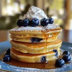 To make delicious fluffy blueberry pancakes, gather these simple ingredients: - 1 cup all-purpose flour - 2 tablespoons sugar - 1 tablespoon baking powder - 1/2 teaspoon salt - 1 cup milk (dairy or plant-based) - 1 large egg - 2 tablespoons unsalted butter, melted - 1 teaspoon vanilla extract - 1 cup fresh blueberries (or frozen) - Extra butter or oil for cooking These ingredients create a perfect mix that gives the pancakes their fluffy texture. The all-purpose flour provides structure, while baking powder adds lift. Sugar sweetens the batter, and salt enhances the flavors. Milk helps to achieve the right consistency, making the pancakes moist and tender. The egg binds everything together, and melted butter adds richness. Vanilla extract boosts the flavor, making each bite delightful. Finally, blueberries add a burst of sweetness and color, making these pancakes a treat for your taste buds. For the full recipe, follow the steps to create these wonderful fluffy blueberry pancakes. Start with a large mixing bowl. Add 1 cup of all-purpose flour. Next, add 2 tablespoons of sugar. Then, mix in 1 tablespoon of baking powder and 1/2 teaspoon of salt. Whisk them together until everything is well combined. This step gives your pancakes a light and fluffy texture. In another bowl, combine 1 cup of milk, 1 large egg, 2 tablespoons of melted unsalted butter, and 1 teaspoon of vanilla extract. Whisk these ingredients until they blend smoothly. This mixture adds moisture and flavor to the pancakes. Now it's time to cook. Heat a non-stick skillet over medium heat. Add a little butter or oil to coat the pan. Pour about 1/4 cup of batter for each pancake. Cook until you see bubbles on the surface, which takes about 2-3 minutes. Carefully flip them and cook for another 1-2 minutes until golden brown. Repeat this for all the batter. For a complete guide, check the full recipe. To make the fluffiest pancakes, use fresh baking powder. This helps them rise. Mix the dry ingredients well. This ensures even rising. When you mix the wet and dry ingredients, stir gently. Don't stir too much; lumps are fine. This keeps air in the batter and makes pancakes light. Overmixing is a common mistake. It makes pancakes dense and chewy. Mix the batter just until you see the flour disappear. A few lumps are okay. The goal is to keep that air in the batter. This is key for fluffy pancakes. The right heat is very important. Too hot, and your pancakes burn on the outside. Too low, and they turn out soggy. Medium heat is best. Preheat your skillet and add a little butter. When the butter sizzles, it’s ready. Pour the batter and watch for bubbles. Flip when you see them! For the full recipe, check the Delightful Fluffy Blueberry Pancakes section. {{image_2}} You can swap blueberries for many fruits. Try strawberries, raspberries, or bananas. Each fruit brings a new taste. For strawberries, chop them into small pieces. For bananas, slice them thin. If you use raspberries, toss them in whole. Each fruit adds a sweet twist to your fluffy pancakes. To make vegan fluffy pancakes, change a few ingredients. Use plant-based milk, like almond or oat milk. Replace the egg with a flax egg. To make a flax egg, mix one tablespoon of ground flaxseed with three tablespoons of water. Let it sit for five minutes. This mix acts like an egg. You can still enjoy soft, fluffy pancakes. Adding flavor enhancers can make your pancakes special. You can mix in spices like cinnamon or nutmeg. Just a pinch can change the flavor. You might also add zest from oranges or lemons for a fresh taste. If you want a sweeter touch, add chocolate chips or nuts. These small changes create delightful flavors in your pancakes. For the full recipe, follow the steps mentioned above. Enjoy experimenting! To keep your fluffy blueberry pancakes fresh, store them in an airtight container. Place a piece of parchment paper between each pancake. This will stop them from sticking together. You can keep them at room temperature for up to two hours. If you plan to store them longer, put them in the fridge. Reheat pancakes in the microwave for about 20-30 seconds. This will warm them up without drying them out. You can also use a skillet on low heat. Just add a little butter to the pan and warm each pancake for about one minute on each side. This gives them a nice crisp edge. To freeze pancakes, let them cool completely. Stack them with parchment paper between each one. Place the stack in a freezer bag or container. Use a vacuum sealer for the best results. They will stay fresh for about one month. When you’re ready to eat, thaw them in the fridge overnight. Then follow the reheating tips to enjoy your delicious pancakes again. For the complete process, refer to the Full Recipe. To make your pancakes less dense, focus on the batter. Start by sifting the flour before measuring it. This adds air and lightens the mix. Also, do not overmix the batter; lumps are okay. Overmixing makes the pancakes tough. Finally, consider adding a bit more milk for a lighter texture. Yes, you can use frozen blueberries! They work well and save time. Just toss them in a bit of flour before adding them to the batter. This helps prevent them from sinking to the bottom. Keep in mind that frozen blueberries may turn the batter a bit blue, but they still taste great! The best topping for blueberry pancakes is pure maple syrup. It adds sweetness and complements the blueberries. Other great options include whipped cream, fresh blueberries, or a sprinkle of powdered sugar. You can also try yogurt or a fruit compote for a lovely twist. For the full recipe, check out the delightful fluffy blueberry pancakes! In this blog post, I shared a simple recipe for fluffy blueberry pancakes. You learned about the key ingredients and how to mix them well. I also provided tips to avoid dense pancakes and suggested different fruit options for variety. Finally, I covered how to store and reheat them. Pancakes can be a fun treat. Enjoy making these delights, and don’t hesitate to mix things up! Happy cooking!