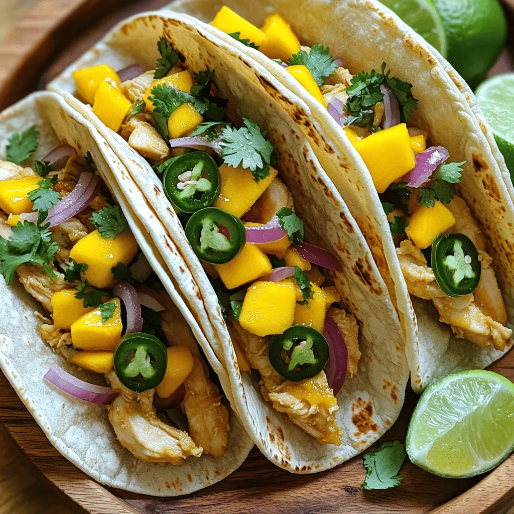 To make these tasty tacos, you need just a few key ingredients. Here’s a simple list: - 2 chicken breasts, diced - 1 ripe mango, diced - 1 small red onion, finely chopped - 1 red bell pepper, diced - 2 cloves garlic, minced - 1 jalapeño, deseeded and minced (adjust for heat preference) - 2 tablespoons olive oil - 1 teaspoon ground cumin - 1 teaspoon smoked paprika - Salt and pepper to taste - 8 small corn tortillas - Fresh cilantro, chopped (for garnish) - Lime wedges (for serving) Each ingredient plays a role. The chicken is the star, bringing protein to the dish. Mango adds sweetness and a tropical vibe. The onion and bell pepper give crunch and color. Garlic and jalapeño add depth and heat, making every bite exciting. You can dress up your tacos with a few optional extras. Try adding: - Sliced avocado for creaminess - Crumbled queso fresco for a salty touch - Sliced radishes for a peppery crunch - Extra cilantro for freshness These garnishes make your tacos more fun and flavorful. Feel free to mix and match! Want to change the spice level? It’s easy! Here are some tips: - For mild tacos, leave out the jalapeño or use less. - If you like heat, add more jalapeño or include diced serrano peppers. - A sprinkle of cayenne pepper can kick up the spice. Adjusting the spice lets you create a taco that fits your taste. Enjoy finding your perfect balance! If you want the full experience, check out the Full Recipe for more details. To start, gather your ingredients for the chicken mixture. In a large skillet, pour 2 tablespoons of olive oil and heat it over medium heat. Once hot, add 2 cloves of minced garlic. Sauté it for about 1 minute. The garlic should smell amazing. Next, add 2 diced chicken breasts to the skillet. Season the chicken with salt, pepper, 1 teaspoon of ground cumin, and 1 teaspoon of smoked paprika. Cook the chicken for 5 to 7 minutes. You want it to be brown and fully cooked. Now, it's time for the veggies. Stir in 1 small finely chopped red onion, 1 minced jalapeño, and 1 diced red bell pepper. Cook this mixture for another 3 to 5 minutes. The veggies should soften nicely. After that, fold in 1 ripe diced mango gently. Let it cook for 2 more minutes. This gives the mango time to warm up and blend with the spices. With the chicken and veggies ready, it’s taco time! Warm 8 small corn tortillas in a separate skillet or microwave. This makes them soft and tasty. Now, place a generous spoonful of the spicy mango chicken mixture on each tortilla. Garnish with fresh chopped cilantro and a squeeze of lime juice. This adds a fresh touch. For the full recipe, check the details above. Enjoy your tasty creation! To get juicy chicken, start with fresh breasts. Cut them into small pieces for even cooking. Heat your skillet to medium. Add olive oil and wait until it shimmers. Then, add the chicken. Season it well with salt, pepper, cumin, and smoked paprika. Cook until it turns golden brown, about 5-7 minutes. This step ensures the chicken stays moist and flavorful. To make your tacos pop, use ripe mango. Its sweetness balances the spicy jalapeño. Add the red onion and red bell pepper for crunch and color. Don't skip the garlic! It adds depth to your dish. If you want more heat, keep the seeds from the jalapeño. For extra zing, a squeeze of fresh lime juice brightens everything up. Serve your tacos on a colorful platter. Arrange them with lime wedges and chopped cilantro on the side. This makes them look inviting. You can also pair these tacos with a side of black beans or a fresh salad. It adds variety and nutrients to your meal. For a fun twist, try using hard taco shells instead of corn tortillas! You can find the Full Recipe to guide you through each step. {{image_2}} If you have dietary needs, you can easily change this recipe. For a gluten-free option, use corn tortillas, as I suggest in the Full Recipe. If you're vegetarian, swap the chicken for chickpeas or tofu. Just make sure to cook them until golden and warm. For a dairy-free option, skip cheese and use avocado to add creaminess. Mango adds a sweet twist, but you can try other fruits too. Pineapple brings a nice tang. Peaches add a juicy sweetness, while strawberries give a fresh taste. Each fruit changes the flavor, so feel free to experiment. You can choose between soft and hard shells for your tacos. Soft corn tortillas are great for a classic feel. They hold all the fillings well and are easy to bite into. Hard shells add a crunchy texture. They create a fun crunch with each bite. Pick what suits your taste! To keep your leftover tacos fresh, store them in an airtight container. Place the chicken filling and tortillas separately. This way, the tortillas do not get soggy. You can keep them in the fridge for up to three days. When you are ready to eat, reheat the chicken filling in a skillet over medium heat. Stir it often to warm it evenly. For the tortillas, heat them in a dry skillet for about 15 seconds on each side. You can also warm them in the microwave for about 10-15 seconds if you're in a hurry. If you want to freeze the chicken filling, let it cool first. Then, place it in a freezer-safe bag. Be sure to remove as much air as possible. This will help prevent freezer burn. You can freeze it for up to three months. When you’re ready to enjoy, thaw it overnight in the fridge and reheat as mentioned above. Enjoy your Spicy Mango Chicken Tacos anytime with these simple storage tips! For the full recipe, check out the earlier section. Yes, you can make Spicy Mango Chicken Tacos ahead of time. I often prepare the chicken mixture in advance. Cook the chicken and veggies, then let them cool. Store them in an airtight container in the fridge. When you're ready to serve, warm it up and assemble your tacos. This saves time on busy nights! You can serve many tasty sides with Spicy Mango Chicken Tacos. Here are some ideas: - Black beans - Mexican rice - Corn salad - Guacamole - Salsa - Chips These sides add color and flavor to your meal. They also help balance the spice of the tacos. The spice level in Spicy Mango Chicken Tacos can be adjusted. The jalapeño adds heat, but you can control it. If you want less spice, remove the seeds. If you love heat, leave them in or add more jalapeño. You can also use a milder pepper if you prefer. The mango adds a sweet balance, making each bite delicious! In this blog post, we explored how to make spicy mango chicken tacos. You learned about the main ingredients, optional garnishes, and ways to adjust spice levels for your taste. We provided steps for preparing the chicken, cooking vegetables, and assembling tacos. Tips on cooking chicken perfectly and enhancing flavors were included, along with ideas for variations and storage. These tacos are versatile and easy to customize. Enjoy them fresh or save leftovers for later. Happy cooking!