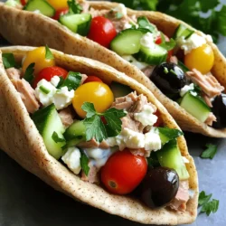 - Tuna - Greek Yogurt - Dijon Mustard - Fresh Lemon Juice - Red Onion - Kalamata Olives - Cherry Tomatoes - Cucumber - Fresh Parsley - Whole Wheat Pita Pockets - Feta Cheese (optional) To make Mediterranean tuna pita pockets, you need simple and fresh ingredients. The tuna acts as a protein base. I prefer using tuna in water for a lighter taste. Greek yogurt adds creaminess and tang. Dijon mustard gives a nice kick. Fresh lemon juice brightens the flavors. Chop red onion finely for a nice crunch. Kalamata olives bring a salty touch. Cherry tomatoes add sweetness, while cucumber provides a refreshing bite. Fresh parsley gives the dish a vibrant color and herbal flavor. Whole wheat pita pockets hold everything together. If you love cheese, sprinkle some feta on top for extra flavor. - Calories per serving: About 250 - Protein, fats, and carbohydrates breakdown: - Protein: 25g - Fats: 10g - Carbohydrates: 20g This dish is healthy and balanced. Tuna is a great source of lean protein. Greek yogurt offers probiotics for gut health. Fresh veggies add fiber and vitamins. Whole wheat pita pockets provide complex carbs for energy. The health benefits make this meal a smart choice. You can find the full recipe [here](#). Mixing the Tuna Blend Start by draining the tuna well. Take a medium bowl and add the tuna. Then, mix in the Greek yogurt, Dijon mustard, and fresh lemon juice. Stir until it’s nice and smooth. This creamy base gives the dish its rich flavor. Adding the Fresh Ingredients Next, chop the red onion, Kalamata olives, cherry tomatoes, cucumber, and parsley. Add these to the tuna blend. Stir gently, so you don’t mash the tomatoes. Each veggie brings freshness and crunch to the mix. Seasoning the Mixture Now it’s time to season. Add salt and pepper to taste. This step is key to enhancing the flavors. Taste the mixture and adjust the seasoning as needed. A little tweak can make a big difference. Preparing the Pita for Stuffing Take each whole wheat pita pocket and cut it in half. This creates a nice pocket for the filling. Be gentle to avoid tearing the pita. Filling the Pita Pockets Now, carefully stuff each pita half with your tuna mixture. Pack it in well, but don’t overfill. You want to enjoy every bite without a mess. Optional: Adding Feta Cheese If you love cheese, sprinkle crumbled feta on top. It adds a salty kick that pairs perfectly with the tuna. This step is optional but highly recommended for extra flavor. For the full recipe, check [Full Recipe]. Choosing the Right Tuna When selecting tuna, I recommend using canned tuna in water. It keeps the flavor light and fresh. Look for brands that use sustainable fishing methods. This choice is good for the ocean and your meal. Selecting Fresh Vegetables Choose bright, crisp vegetables for the best taste. Look for firm cucumbers and vibrant cherry tomatoes. Fresh parsley adds a burst of flavor and color. Always wash your veggies well to remove dirt and pesticides. Adjusting Flavors to Taste Taste the mixture as you go. You may want more lemon juice for brightness or extra salt for flavor. Everyone has different tastes, so feel free to adjust to your liking. Adding a touch of spice or fresh herbs can elevate the dish. Pairing with Side Dishes Serve your pita pockets with a side of fresh fruit or a simple salad. Greek salad pairs well with the tuna mix. You can also enjoy them with baked sweet potato fries for a fun twist. Presentation Ideas Cut the pita pockets in half and arrange them on a colorful plate. Add a small bowl of olives or extra feta on the side. This makes your meal look as good as it tastes. You can also garnish with extra parsley for a pop of green. For the full recipe, check out the Mediterranean Tuna Pita Pockets section above. {{image_2}} Substituting Greek Yogurt You can swap Greek yogurt with plain yogurt or cottage cheese. This change keeps it creamy. It also adds a different flavor. Using Different Veggies Feel free to mix in other veggies. Bell peppers, carrots, or even spinach work well. Each veggie brings its crunch and taste. You can customize the dish to your liking. Adding Spices or Herbs Adding spices can really enhance the flavor. Try cumin for warmth or dill for freshness. Fresh herbs like basil or mint also add a nice touch. Experiment to find your favorite mix. Creating Wraps Instead of Pockets If you want a fun twist, use wraps instead of pita pockets. Just spread the tuna mixture on a tortilla. Roll it up tightly for a tasty handheld meal. Using Lettuce Wraps for Low-Carb Option For a low-carb option, use large lettuce leaves. Romaine or butter lettuce works best. Fill the leaves with the tuna mix and roll them up. This makes a fresh and light meal. For the full recipe, refer to Mediterranean Tuna Pita Pockets. After you make your Mediterranean tuna pita pockets, you can store them easily. Place the filled pitas in an airtight container. Refrigerate them right away to keep them fresh. They can last in the fridge for about three days. If you want to keep the filling separate, store it in a bowl. This way, the pita stays soft. For longer storage, you can freeze the tuna mixture. Use a freezer-safe container or bag. Make sure to remove as much air as possible. This tuna mix can stay in the freezer for up to two months. When ready to eat, thaw the mixture in the fridge overnight. To reheat, you can use a microwave. Heat it in short bursts, stirring in between. Avoid reheating the pita pockets as they can get soggy. Instead, serve them fresh with the thawed mixture. This keeps your meal tasty and enjoyable. Can I use canned tuna in oil instead of water? Yes, you can use canned tuna in oil. It adds a richer taste. Just drain the oil before mixing. This option can make your tuna mixture creamier. What can I substitute for Kalamata olives? If you can't find Kalamata olives, try black olives or green olives. They add a nice salty flavor. You can also skip the olives if you prefer. How do I make this recipe gluten-free? To make this dish gluten-free, use gluten-free pita pockets. Many stores sell these options now. Be sure to check the labels to ensure they are safe. Can I make this in advance? Yes, you can prepare the tuna mixture ahead of time. Store it in the fridge for up to two days. Just stuff the pitas before serving for the best texture. How to enhance flavors? Add a pinch of cayenne pepper for heat. You can also squeeze in more lemon juice. Fresh herbs like dill or basil can brighten the dish. Best ways to serve leftovers? Store leftovers in an airtight container. Use them in salads or wraps for a quick meal. They also make a tasty dip with crackers or veggies. This blog post shared an easy tuna salad recipe with fresh ingredients. You learned how to mix tuna, Greek yogurt, and veggies for tasty pita pockets. Tips helped you choose the best ingredients and serve suggestions made it fun. For a healthy meal, this recipe is simple and quick. Enjoy trying new flavor ideas or variations. Get creative with your meals and share with friends!