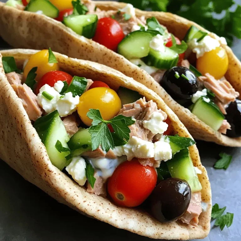 - Tuna - Greek Yogurt - Dijon Mustard - Fresh Lemon Juice - Red Onion - Kalamata Olives - Cherry Tomatoes - Cucumber - Fresh Parsley - Whole Wheat Pita Pockets - Feta Cheese (optional) To make Mediterranean tuna pita pockets, you need simple and fresh ingredients. The tuna acts as a protein base. I prefer using tuna in water for a lighter taste. Greek yogurt adds creaminess and tang. Dijon mustard gives a nice kick. Fresh lemon juice brightens the flavors. Chop red onion finely for a nice crunch. Kalamata olives bring a salty touch. Cherry tomatoes add sweetness, while cucumber provides a refreshing bite. Fresh parsley gives the dish a vibrant color and herbal flavor. Whole wheat pita pockets hold everything together. If you love cheese, sprinkle some feta on top for extra flavor. - Calories per serving: About 250 - Protein, fats, and carbohydrates breakdown: - Protein: 25g - Fats: 10g - Carbohydrates: 20g This dish is healthy and balanced. Tuna is a great source of lean protein. Greek yogurt offers probiotics for gut health. Fresh veggies add fiber and vitamins. Whole wheat pita pockets provide complex carbs for energy. The health benefits make this meal a smart choice. You can find the full recipe [here](#). Mixing the Tuna Blend Start by draining the tuna well. Take a medium bowl and add the tuna. Then, mix in the Greek yogurt, Dijon mustard, and fresh lemon juice. Stir until it’s nice and smooth. This creamy base gives the dish its rich flavor. Adding the Fresh Ingredients Next, chop the red onion, Kalamata olives, cherry tomatoes, cucumber, and parsley. Add these to the tuna blend. Stir gently, so you don’t mash the tomatoes. Each veggie brings freshness and crunch to the mix. Seasoning the Mixture Now it’s time to season. Add salt and pepper to taste. This step is key to enhancing the flavors. Taste the mixture and adjust the seasoning as needed. A little tweak can make a big difference. Preparing the Pita for Stuffing Take each whole wheat pita pocket and cut it in half. This creates a nice pocket for the filling. Be gentle to avoid tearing the pita. Filling the Pita Pockets Now, carefully stuff each pita half with your tuna mixture. Pack it in well, but don’t overfill. You want to enjoy every bite without a mess. Optional: Adding Feta Cheese If you love cheese, sprinkle crumbled feta on top. It adds a salty kick that pairs perfectly with the tuna. This step is optional but highly recommended for extra flavor. For the full recipe, check [Full Recipe]. Choosing the Right Tuna When selecting tuna, I recommend using canned tuna in water. It keeps the flavor light and fresh. Look for brands that use sustainable fishing methods. This choice is good for the ocean and your meal. Selecting Fresh Vegetables Choose bright, crisp vegetables for the best taste. Look for firm cucumbers and vibrant cherry tomatoes. Fresh parsley adds a burst of flavor and color. Always wash your veggies well to remove dirt and pesticides. Adjusting Flavors to Taste Taste the mixture as you go. You may want more lemon juice for brightness or extra salt for flavor. Everyone has different tastes, so feel free to adjust to your liking. Adding a touch of spice or fresh herbs can elevate the dish. Pairing with Side Dishes Serve your pita pockets with a side of fresh fruit or a simple salad. Greek salad pairs well with the tuna mix. You can also enjoy them with baked sweet potato fries for a fun twist. Presentation Ideas Cut the pita pockets in half and arrange them on a colorful plate. Add a small bowl of olives or extra feta on the side. This makes your meal look as good as it tastes. You can also garnish with extra parsley for a pop of green. For the full recipe, check out the Mediterranean Tuna Pita Pockets section above. {{image_2}} Substituting Greek Yogurt You can swap Greek yogurt with plain yogurt or cottage cheese. This change keeps it creamy. It also adds a different flavor. Using Different Veggies Feel free to mix in other veggies. Bell peppers, carrots, or even spinach work well. Each veggie brings its crunch and taste. You can customize the dish to your liking. Adding Spices or Herbs Adding spices can really enhance the flavor. Try cumin for warmth or dill for freshness. Fresh herbs like basil or mint also add a nice touch. Experiment to find your favorite mix. Creating Wraps Instead of Pockets If you want a fun twist, use wraps instead of pita pockets. Just spread the tuna mixture on a tortilla. Roll it up tightly for a tasty handheld meal. Using Lettuce Wraps for Low-Carb Option For a low-carb option, use large lettuce leaves. Romaine or butter lettuce works best. Fill the leaves with the tuna mix and roll them up. This makes a fresh and light meal. For the full recipe, refer to Mediterranean Tuna Pita Pockets. After you make your Mediterranean tuna pita pockets, you can store them easily. Place the filled pitas in an airtight container. Refrigerate them right away to keep them fresh. They can last in the fridge for about three days. If you want to keep the filling separate, store it in a bowl. This way, the pita stays soft. For longer storage, you can freeze the tuna mixture. Use a freezer-safe container or bag. Make sure to remove as much air as possible. This tuna mix can stay in the freezer for up to two months. When ready to eat, thaw the mixture in the fridge overnight. To reheat, you can use a microwave. Heat it in short bursts, stirring in between. Avoid reheating the pita pockets as they can get soggy. Instead, serve them fresh with the thawed mixture. This keeps your meal tasty and enjoyable. Can I use canned tuna in oil instead of water? Yes, you can use canned tuna in oil. It adds a richer taste. Just drain the oil before mixing. This option can make your tuna mixture creamier. What can I substitute for Kalamata olives? If you can't find Kalamata olives, try black olives or green olives. They add a nice salty flavor. You can also skip the olives if you prefer. How do I make this recipe gluten-free? To make this dish gluten-free, use gluten-free pita pockets. Many stores sell these options now. Be sure to check the labels to ensure they are safe. Can I make this in advance? Yes, you can prepare the tuna mixture ahead of time. Store it in the fridge for up to two days. Just stuff the pitas before serving for the best texture. How to enhance flavors? Add a pinch of cayenne pepper for heat. You can also squeeze in more lemon juice. Fresh herbs like dill or basil can brighten the dish. Best ways to serve leftovers? Store leftovers in an airtight container. Use them in salads or wraps for a quick meal. They also make a tasty dip with crackers or veggies. This blog post shared an easy tuna salad recipe with fresh ingredients. You learned how to mix tuna, Greek yogurt, and veggies for tasty pita pockets. Tips helped you choose the best ingredients and serve suggestions made it fun. For a healthy meal, this recipe is simple and quick. Enjoy trying new flavor ideas or variations. Get creative with your meals and share with friends!