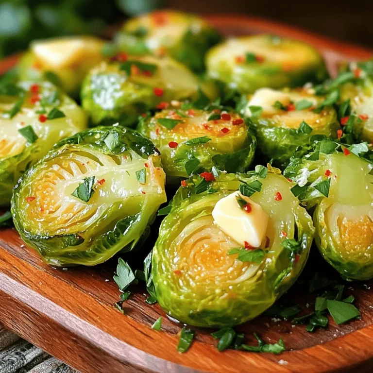- 1 lb Brussels sprouts, trimmed and halved - 4 tablespoons unsalted butter - 4 cloves garlic, minced - 1 teaspoon red chili flakes (optional) - 2 tablespoons lemon juice - Salt and pepper to taste - 2 tablespoons grated Parmesan cheese (optional) - Fresh parsley, chopped for garnish - Additional spices (e.g., garlic powder, onion powder) - Balsamic glaze for drizzling - Alternative cheeses (e.g., feta, blue cheese) When you cook Garlic Butter Brussels Sprouts, fresh ingredients make a huge difference. Start with firm, bright Brussels sprouts. Look for ones that are all green with no browning. The butter adds richness, while garlic gives a nice kick. If you like heat, red chili flakes work well. Lemon juice helps balance the flavors. It adds a bright, fresh taste. Salt and pepper are key to enhancing your dish. If you want extra flavor, sprinkle some Parmesan cheese on top. Fresh parsley not only adds color but also a fresh taste. You can choose optional ingredients to customize your dish. Garlic powder or onion powder can boost the flavor. A drizzle of balsamic glaze adds sweetness and depth. If you want a twist, try different cheeses like feta or blue cheese. Using these ingredients, you can create a flavorful side dish that stands out. Check out the Full Recipe for more details on how to prepare this delicious dish! - Preheat your oven to 400°F (200°C). - Trim and halve the Brussels sprouts. This helps them cook evenly. - Toss the Brussels sprouts with melted butter. Make sure they are well coated. - Add minced garlic, red chili flakes, lemon juice, salt, and pepper. Mix well to combine all the flavors. - Spread the Brussels sprouts on a baking sheet in a single layer. This ensures they roast properly. - Roast them in the oven for 20-25 minutes. Stir halfway through for even cooking. - In the last 5 minutes, sprinkle grated Parmesan cheese over the sprouts if you want. It adds a nice touch. For more detailed instructions, check the Full Recipe. To get the best out of your Brussels sprouts, always roast them in a single layer. This helps them cook evenly. If you stack them, some may steam instead of roast, and you won’t get that nice crisp. Stir the sprouts halfway through cooking. This ensures all sides brown nicely and gives you a great texture. You can adjust the seasoning to fit your taste. If you like it spicy, add more red chili flakes. For the best flavor, use fresh garlic. It really makes a difference compared to dried garlic. Fresh ingredients always shine in simple dishes like this one. When serving, garnish your Brussels sprouts with fresh parsley and a touch of lemon zest. This adds a bright flavor and makes the dish look more appealing. Pair them with proteins like chicken or fish for a complete meal. They also work well as a side dish at any dinner party. For the full recipe, check out the details above. {{image_2}} You can make Garlic Butter Brussels Sprouts in different ways. For a crispy texture, try the air fryer. It cooks them quickly while making them crunchy. Just toss the halved sprouts with the garlic butter, and air fry at 375°F for about 15 minutes. Shake the basket halfway through for even cooking. If you prefer a stovetop option, sautéing is quick and easy. Start by melting the butter in a pan. Add the sprouts and cook over medium heat for about 10-12 minutes. Stir often until they are golden and tender. To change up the flavor, adding bacon is a great idea. The smoky taste pairs well with the garlic and butter. Cook the bacon until crispy, then toss it in with the Brussels sprouts. You can also add nuts like walnuts or pecans for crunch. Just chop them and mix in during the last few minutes of cooking. This adds a lovely texture and extra flavor. Using seasonal veggies can enhance your dish. Try adding carrots or squash for a colorful touch. They cook well with the Brussels sprouts and add sweetness. For a zestier dish, experiment with citrus. A splash of orange or lime juice can brighten the flavors. Just mix it in with the lemon juice before cooking. For the full recipe, check out the [Full Recipe]. Keep your leftover Garlic Butter Brussels Sprouts in an airtight container. This helps them stay fresh. They taste best when you eat them within 3 days. To keep them crispy, use your oven to reheat. Set it to 350°F (175°C) and heat for about 10 minutes. If you need a quick option, you can use the microwave. Heat for 30 seconds to 1 minute until warm. You can freeze cooked Brussels sprouts for up to 2 months. Make sure they are cool before freezing. To thaw, place them in the fridge overnight. Then, reheat them using the oven or microwave for best results. For the full recipe, check the earlier section! Look for firm, bright green sprouts with no yellow leaves. Fresh sprouts should feel heavy and have tightly closed leaves. If you find any that are soft or shriveled, avoid those. Yes, you can prep and store them before roasting. Just trim and halve the sprouts, then toss them with the garlic and butter. Keep them in the fridge for up to a day. When you’re ready, roast them for that fresh taste. They pair well with meats, fish, or as part of a vegetarian meal. Try serving them with roasted chicken, grilled salmon, or a hearty grain dish. Their rich flavor makes them a great side for many main courses. Substitute butter with olive oil and omit cheese. You can still enjoy great flavor. Add nutritional yeast for a cheesy taste without dairy. This keeps the dish light and healthy while still being delicious. In this blog post, we've explored how to make delicious Garlic Butter Brussels Sprouts. We covered the key ingredients, step-by-step preparation, and creative variations to enhance flavor. Remember to store leftovers properly and reheat them for the best taste. These versatile sprouts can accompany many dishes or shine on their own. Whether you're a novice or experienced cook, these tips will help you create a tasty side. Enjoy experimenting with your own twists and savor the crispy, buttery goodness!