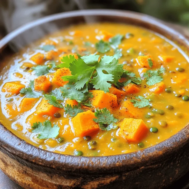 - 2 medium sweet potatoes, peeled and diced - 1 cup green or brown lentils, rinsed - 1 medium onion, chopped - 2 cloves garlic, minced - 2 carrots, diced - 1 celery stalk, diced - 4 cups vegetable broth - 1 teaspoon ground cumin - 1 teaspoon smoked paprika - ½ teaspoon turmeric - 2 tablespoons olive oil - Salt and pepper to taste - Fresh cilantro or parsley for garnish (optional) Sweet potatoes and lentils are the stars of this soup. They blend together to create a rich and hearty flavor. Sweet potatoes add natural sweetness and creaminess. Lentils give protein and fiber, making this soup filling. Chop the vegetables into small pieces for even cooking. Use a sharp knife for safety and speed. The onion will add depth, while garlic brings a fragrant touch. Carrots and celery add a nice crunch and sweetness as well. Don’t forget about the spices! Ground cumin adds warmth, while smoked paprika gives a lovely depth. Turmeric not only adds color but also has great health benefits. Olive oil is key for sautéing the veggies. It helps release flavors and makes the soup rich. You can adjust salt and pepper to fit your taste. If you want to add a fresh touch, consider garnishing with cilantro or parsley. It brightens up the dish and adds a nice pop of color. You can find the full recipe for this cozy soup to guide you through the steps. Enjoy the experience of making this delicious Sweet Potato Lentil Soup! 1. Sautéing the vegetables: Start by heating olive oil in a large pot on medium heat. Add the chopped onion and sauté it for about 5 minutes until it is soft and clear. This step builds a sweet base for your soup. Next, toss in the minced garlic, diced carrots, and diced celery. Cook them for 3-4 minutes. This softens the veggies, adding flavor and texture. 2. Blooming the spices: Now, it’s time to add the spices. Sprinkle in the ground cumin, smoked paprika, and turmeric. Stir well to coat the veggies. Let them cook for 1 minute. This process wakes up the spices and enhances their flavor, making your soup rich and warm. 3. Cooking the lentils and sweet potatoes: Stir in the diced sweet potatoes and rinsed lentils. Mix everything well. Pour in 4 cups of vegetable broth, and bring it to a boil on high heat. Once boiling, lower the heat and cover the pot. Let it simmer for 25-30 minutes. This allows the lentils and sweet potatoes to soften and blend their flavors. - How to achieve creamy texture: If you want a smooth soup, use an immersion blender after cooking. Blend until creamy. This will give your soup a velvety feel. If you prefer a thinner texture, add more broth to reach your desired consistency. - Leaving it chunky for more richness: If you like a heartier soup, skip the blending. Enjoy the chunky textures of sweet potatoes and lentils. This adds depth and makes each bite interesting. - Ideal pairings for the soup: This soup pairs well with crusty bread or a fresh salad. The bread mops up the soup, making it a perfect meal. You can also add a dollop of yogurt or a sprinkle of cheese for extra creaminess. - Portion sizes and presentation tips: Serve the soup in bowls that show off its vibrant colors. A standard serving is about 1.5 cups. Garnish with fresh cilantro or parsley for a pop of color and flavor. You can also add a drizzle of olive oil for a lovely finish. For the full recipe, check out the detailed instructions in the earlier section. To make your sweet potato lentil soup shine, choose great spices. My favorites are: - Ground cumin - Smoked paprika - Turmeric These spices add warmth and depth. When you sauté the onion and garlic, let the spices bloom. This means cooking them for a short time in oil. It helps release their oils and flavors. You can also add a splash of lemon juice at the end. This brightens the soup and makes it taste fresh. One big mistake is overcooking lentils. They should be tender but not mushy. Keep an eye on them after 20 minutes of cooking. Another common error is not balancing spices. Taste the soup as it cooks. If it needs more salt or spice, add a little at a time. This helps you find the perfect flavor. For a creamy texture, blend the soup well. But if you like chunks, leave some lentils and sweet potatoes whole. This adds richness. For the full recipe, check the previously given details to create your own bowl of warmth! {{image_2}} For a gluten-free option, this soup works well as is. Lentils and sweet potatoes are naturally gluten-free. You do not need to change the recipe. For vegan and vegetarian diets, this soup is already vegan. Use vegetable broth to keep it vegetarian. You can swap lentils for other legumes like chickpeas or black beans. Each legume has a unique taste. If you want more veggies, add kale or spinach for added nutrition. Both greens mix well with the soup. To add heat, try cayenne pepper or red pepper flakes. A pinch can make a big difference. For freshness, add herbs like basil or thyme. Both herbs brighten the flavors in the soup. To keep your sweet potato lentil soup fresh, store it in the fridge. Use an airtight container. The soup can last for about 4 to 5 days. Make sure it cools to room temperature before sealing it. For longer storage, consider freezing it. - Refrigerator storage tips: - Let soup cool down first. - Use a clean, airtight container. - Label with the date before storing. - Freezing for longer shelf life: - Portion soup into freezer bags or containers. - Remove as much air as possible to prevent freezer burn. - It can last for up to 3 months. When you're ready to enjoy the soup again, reheating is simple. Use a pot on the stove or the microwave. If using a microwave, stir halfway through. This ensures even heating. - Best practices for reheating soup: - Heat gently over medium heat on the stove. - Stir occasionally to avoid sticking. - For the microwave, heat in short bursts, stirring in between. - Keeping soup's freshness and flavor: - Add a splash of broth or water if it thickens too much. - Taste and adjust seasoning if needed. - Serve hot for the best experience. What are the health benefits? Sweet Potato Lentil Soup is very healthy. Sweet potatoes are rich in vitamins. They provide fiber and antioxidants. Lentils are great for protein and iron. Together, they make a filling meal. This soup supports digestion and helps your heart. Can I use canned lentils? Yes, you can use canned lentils. They save time and are easy to use. Drain and rinse them before adding to the soup. Canned lentils cook faster than dried ones. Just add them in the last 10 minutes of cooking. How can I make it spicier? To add spice, try using cayenne pepper or chili flakes. You can also add jalapeños for a fresh kick. Mix in some hot sauce at the end. Taste as you go, so it suits your spice level. How long does it take to cook lentils? Dried lentils usually take 25 to 30 minutes to cook. They should be tender but not mushy. Soak them for a few hours in water if you want to cut down the time. Can I prepare the soup in a slow cooker? Yes, you can make this soup in a slow cooker. Combine all ingredients in the slow cooker. Set it on low for 6 to 8 hours. The flavors will deepen, and the soup will be very tasty. What if I’m allergic to lentils? If you are allergic, you can try using split peas. Split peas have a similar texture and taste. You could also use beans or quinoa for protein. Can I use other types of broth? Yes, you can use chicken or beef broth instead of vegetable broth. Each type of broth will change the flavor slightly. Choose what you prefer to make the soup your own. For the full recipe, check out the Sweet Potato Lentil Bliss Soup. This article covered how to make a delicious sweet potato lentil soup. We discussed the key ingredients, preparation steps, and blending options for the perfect texture. You learned about enhancing flavors and avoiding common mistakes. We also explored variations, storage tips, and answered frequently asked questions. In the end, this soup is flexible and healthy. It can fit many diets and tastes. Enjoy making it your own and share it with others!