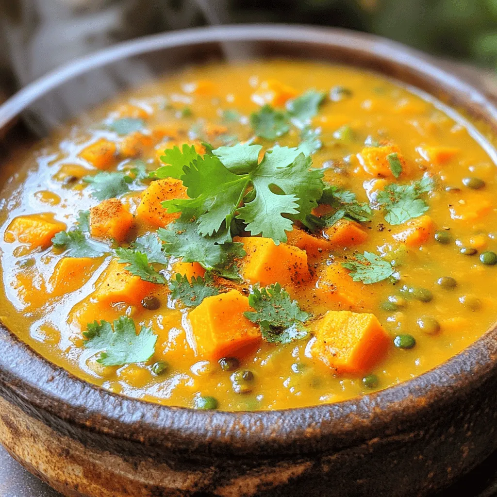 - 2 medium sweet potatoes, peeled and diced - 1 cup green or brown lentils, rinsed - 1 medium onion, chopped - 2 cloves garlic, minced - 2 carrots, diced - 1 celery stalk, diced - 4 cups vegetable broth - 1 teaspoon ground cumin - 1 teaspoon smoked paprika - ½ teaspoon turmeric - 2 tablespoons olive oil - Salt and pepper to taste - Fresh cilantro or parsley for garnish (optional) Sweet potatoes and lentils are the stars of this soup. They blend together to create a rich and hearty flavor. Sweet potatoes add natural sweetness and creaminess. Lentils give protein and fiber, making this soup filling. Chop the vegetables into small pieces for even cooking. Use a sharp knife for safety and speed. The onion will add depth, while garlic brings a fragrant touch. Carrots and celery add a nice crunch and sweetness as well. Don’t forget about the spices! Ground cumin adds warmth, while smoked paprika gives a lovely depth. Turmeric not only adds color but also has great health benefits. Olive oil is key for sautéing the veggies. It helps release flavors and makes the soup rich. You can adjust salt and pepper to fit your taste. If you want to add a fresh touch, consider garnishing with cilantro or parsley. It brightens up the dish and adds a nice pop of color. You can find the full recipe for this cozy soup to guide you through the steps. Enjoy the experience of making this delicious Sweet Potato Lentil Soup! 1. Sautéing the vegetables: Start by heating olive oil in a large pot on medium heat. Add the chopped onion and sauté it for about 5 minutes until it is soft and clear. This step builds a sweet base for your soup. Next, toss in the minced garlic, diced carrots, and diced celery. Cook them for 3-4 minutes. This softens the veggies, adding flavor and texture. 2. Blooming the spices: Now, it’s time to add the spices. Sprinkle in the ground cumin, smoked paprika, and turmeric. Stir well to coat the veggies. Let them cook for 1 minute. This process wakes up the spices and enhances their flavor, making your soup rich and warm. 3. Cooking the lentils and sweet potatoes: Stir in the diced sweet potatoes and rinsed lentils. Mix everything well. Pour in 4 cups of vegetable broth, and bring it to a boil on high heat. Once boiling, lower the heat and cover the pot. Let it simmer for 25-30 minutes. This allows the lentils and sweet potatoes to soften and blend their flavors. - How to achieve creamy texture: If you want a smooth soup, use an immersion blender after cooking. Blend until creamy. This will give your soup a velvety feel. If you prefer a thinner texture, add more broth to reach your desired consistency. - Leaving it chunky for more richness: If you like a heartier soup, skip the blending. Enjoy the chunky textures of sweet potatoes and lentils. This adds depth and makes each bite interesting. - Ideal pairings for the soup: This soup pairs well with crusty bread or a fresh salad. The bread mops up the soup, making it a perfect meal. You can also add a dollop of yogurt or a sprinkle of cheese for extra creaminess. - Portion sizes and presentation tips: Serve the soup in bowls that show off its vibrant colors. A standard serving is about 1.5 cups. Garnish with fresh cilantro or parsley for a pop of color and flavor. You can also add a drizzle of olive oil for a lovely finish. For the full recipe, check out the detailed instructions in the earlier section. To make your sweet potato lentil soup shine, choose great spices. My favorites are: - Ground cumin - Smoked paprika - Turmeric These spices add warmth and depth. When you sauté the onion and garlic, let the spices bloom. This means cooking them for a short time in oil. It helps release their oils and flavors. You can also add a splash of lemon juice at the end. This brightens the soup and makes it taste fresh. One big mistake is overcooking lentils. They should be tender but not mushy. Keep an eye on them after 20 minutes of cooking. Another common error is not balancing spices. Taste the soup as it cooks. If it needs more salt or spice, add a little at a time. This helps you find the perfect flavor. For a creamy texture, blend the soup well. But if you like chunks, leave some lentils and sweet potatoes whole. This adds richness. For the full recipe, check the previously given details to create your own bowl of warmth! {{image_2}} For a gluten-free option, this soup works well as is. Lentils and sweet potatoes are naturally gluten-free. You do not need to change the recipe. For vegan and vegetarian diets, this soup is already vegan. Use vegetable broth to keep it vegetarian. You can swap lentils for other legumes like chickpeas or black beans. Each legume has a unique taste. If you want more veggies, add kale or spinach for added nutrition. Both greens mix well with the soup. To add heat, try cayenne pepper or red pepper flakes. A pinch can make a big difference. For freshness, add herbs like basil or thyme. Both herbs brighten the flavors in the soup. To keep your sweet potato lentil soup fresh, store it in the fridge. Use an airtight container. The soup can last for about 4 to 5 days. Make sure it cools to room temperature before sealing it. For longer storage, consider freezing it. - Refrigerator storage tips: - Let soup cool down first. - Use a clean, airtight container. - Label with the date before storing. - Freezing for longer shelf life: - Portion soup into freezer bags or containers. - Remove as much air as possible to prevent freezer burn. - It can last for up to 3 months. When you're ready to enjoy the soup again, reheating is simple. Use a pot on the stove or the microwave. If using a microwave, stir halfway through. This ensures even heating. - Best practices for reheating soup: - Heat gently over medium heat on the stove. - Stir occasionally to avoid sticking. - For the microwave, heat in short bursts, stirring in between. - Keeping soup's freshness and flavor: - Add a splash of broth or water if it thickens too much. - Taste and adjust seasoning if needed. - Serve hot for the best experience. What are the health benefits? Sweet Potato Lentil Soup is very healthy. Sweet potatoes are rich in vitamins. They provide fiber and antioxidants. Lentils are great for protein and iron. Together, they make a filling meal. This soup supports digestion and helps your heart. Can I use canned lentils? Yes, you can use canned lentils. They save time and are easy to use. Drain and rinse them before adding to the soup. Canned lentils cook faster than dried ones. Just add them in the last 10 minutes of cooking. How can I make it spicier? To add spice, try using cayenne pepper or chili flakes. You can also add jalapeños for a fresh kick. Mix in some hot sauce at the end. Taste as you go, so it suits your spice level. How long does it take to cook lentils? Dried lentils usually take 25 to 30 minutes to cook. They should be tender but not mushy. Soak them for a few hours in water if you want to cut down the time. Can I prepare the soup in a slow cooker? Yes, you can make this soup in a slow cooker. Combine all ingredients in the slow cooker. Set it on low for 6 to 8 hours. The flavors will deepen, and the soup will be very tasty. What if I’m allergic to lentils? If you are allergic, you can try using split peas. Split peas have a similar texture and taste. You could also use beans or quinoa for protein. Can I use other types of broth? Yes, you can use chicken or beef broth instead of vegetable broth. Each type of broth will change the flavor slightly. Choose what you prefer to make the soup your own. For the full recipe, check out the Sweet Potato Lentil Bliss Soup. This article covered how to make a delicious sweet potato lentil soup. We discussed the key ingredients, preparation steps, and blending options for the perfect texture. You learned about enhancing flavors and avoiding common mistakes. We also explored variations, storage tips, and answered frequently asked questions. In the end, this soup is flexible and healthy. It can fit many diets and tastes. Enjoy making it your own and share it with others!