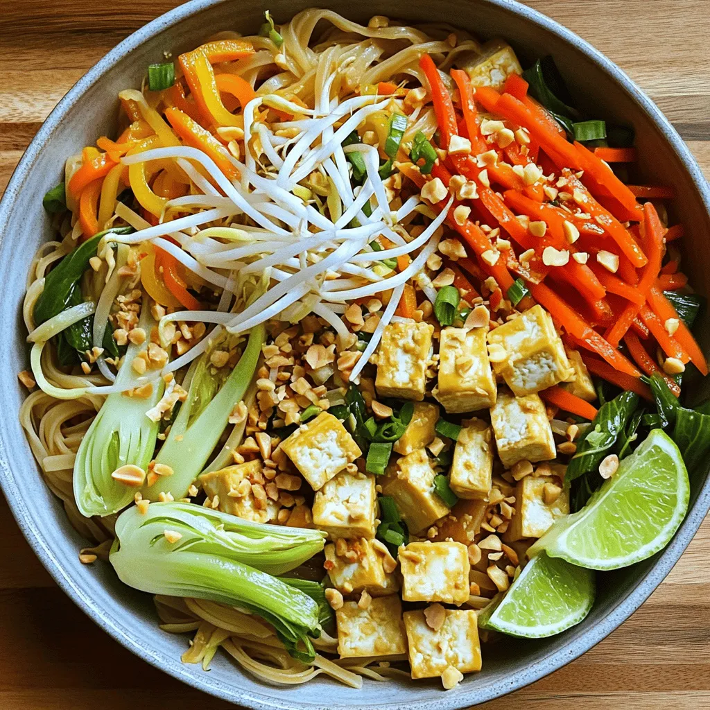 To make a tasty Vegetable Pad Thai, gather these ingredients: - 8 oz rice noodles - 2 tablespoons vegetable oil - 2 cloves garlic, minced - 1 cup firm tofu, cubed - 1 cup bean sprouts - 1 carrot, julienned - 1 red bell pepper, thinly sliced - 1 cup bok choy, chopped - 3 green onions, sliced - 2 tablespoons soy sauce - 2 tablespoons tamarind paste - 1 tablespoon sugar - 1/2 teaspoon chili powder (optional) - Crushed peanuts and lime wedges for garnish This list covers all you need for a delicious meal that bursts with flavor. Using fresh ingredients often gives the best taste and texture in Vegetable Pad Thai. Fresh veggies like bell peppers and bok choy hold their crunch and flavor. However, frozen options work well too. They can save you time and still taste great. If you choose frozen, pick ones without added sauces. They should be simple vegetables. You can thaw them before cooking or toss them right into the skillet. Just add a minute to the cooking time. You can easily customize Vegetable Pad Thai to fit your diet. If you need it vegan, keep the tofu and skip any animal products. For gluten-free meals, swap soy sauce with tamari. Here are some more substitutions you can make: - Tofu: Use tempeh or chickpeas for protein. - Rice noodles: Try zucchini noodles or gluten-free pasta. - Veggies: Feel free to add or change vegetables, like broccoli or snap peas. These swaps keep your dish flavorful while meeting your needs. For the full recipe, check the original instructions. Start by soaking the rice noodles in hot water. Let them sit for about 20 minutes. They should soften nicely. Drain the noodles and set them aside. This step is key for a good texture. In a large skillet or wok, heat the vegetable oil over medium-high heat. Add the minced garlic and sauté it for 30 seconds. You want to smell the garlic but not burn it. Next, add the cubed tofu. Cook it until golden brown on all sides. This takes about 5 to 7 minutes. Once the tofu is ready, stir in the julienned carrot and thinly sliced red bell pepper. Cook these for another 2 to 3 minutes. They should be slightly tender but still crisp. Now, add the chopped bok choy and bean sprouts. Stir-fry for about 2 more minutes. Push the vegetable mix to one side of the skillet. Add the soaked noodles to the other side. Pour in the soy sauce, tamarind paste, and sugar. If you like spice, sprinkle in the chili powder. Stir everything together well. Finally, add the sliced green onions. Mix until the noodles and veggies heat through. This takes about 2 minutes. Remove from heat. Serve hot and garnish with crushed peanuts and lime wedges. Don't forget to squeeze the lime over your dish before eating! For a complete guide, check out the Full Recipe. To soak rice noodles, start with hot water. Use a bowl and pour the hot water over the noodles. Let them soak for about 20 minutes. Check if they are soft. If they are, drain them and set aside. This step makes your noodles more tender and easy to stir-fry later. Don’t soak them too long, or they may fall apart. Making Pad Thai sauce at home is easy. You need just a few key ingredients: soy sauce, tamarind paste, and sugar. Mix two tablespoons of soy sauce, two tablespoons of tamarind paste, and one tablespoon of sugar in a bowl. Stir until the sugar dissolves. This sauce gives your dish a sweet and tangy flavor. Adjust the taste by adding chili powder for a kick, if you like heat. Garnishing your Vegetable Pad Thai adds color and crunch. Use crushed peanuts for a nutty flavor. Sprinkle them on top just before serving. Lime wedges add a fresh burst when squeezed. You can also add sliced green onions for a pop of green. These simple touches make your dish look inviting and taste even better. {{image_2}} Tofu is a great source of protein for Vegetable Pad Thai. If you want a change, try chickpeas or tempeh. Both options add texture and flavor. You can also use seitan for a more meat-like bite. Just remember to adjust cooking times. Cook chickpeas until heated. For tempeh, sauté until golden. Seitan cooks quickly, so add it near the end. To make Vegetable Pad Thai gluten-free, swap soy sauce for tamari. Tamari offers a similar taste without gluten. Also, check your rice noodles. Most are gluten-free, but it's good to verify. You can even try zucchini noodles for a fresh twist. They add crunch and color to your dish. Spice levels can really change your meal. If you like it mild, skip the chili powder. You can also reduce it to suit kids or those who dislike heat. For a spicy kick, add fresh chili or chili flakes on top. Always taste as you go. This helps you find the right balance. You can also serve lime wedges on the side. This adds a fresh zing that brightens the flavors. For the Full Recipe, check the detailed instructions above. To keep your Vegetable Pad Thai fresh, store it in an airtight container. Make sure it cools down before putting it in the fridge. You can keep it for up to three days. If you want to enjoy it later, place it in the freezer. For the best taste, reheat your Vegetable Pad Thai on the stove. Add a splash of water or soy sauce to help it heat evenly. Stir it often to prevent sticking. Heat it until it’s hot but not too dry. You can also use a microwave. Just cover it to keep moisture in. To freeze your Vegetable Pad Thai, portion it into containers. Leave some space at the top for expansion. It can last for about one month in the freezer. When you’re ready to eat, thaw it overnight in the fridge. Reheat it as mentioned above for the best results. You can find the full recipe for Vegetable Pad Thai earlier in this article. Pad Thai comes from Thailand. It became popular in the 1930s. The dish mixes rice noodles, veggies, and often meat or tofu. It reflects Thai culture and flavors. The dish gained fame for its balance of sweet, salty, and sour tastes. Yes, you can. If you skip tamarind, use lime juice instead. Lime gives a fresh, tangy taste. You can also add a bit of vinegar for extra sourness. Adjust sugar to keep balance. Homemade Pad Thai lasts about 3 to 4 days in the fridge. Store it in an airtight container. This keeps the flavors fresh. When you reheat, add a splash of water to avoid dryness. Serve Vegetable Pad Thai with a side of spring rolls or a fresh salad. You can also pair it with a light soup. For drinks, try iced tea or coconut water. These options will enhance your meal. For the complete dish, refer to the Full Recipe. This article covered how to make a delicious Vegetable Pad Thai. We went over key ingredients, cooking steps, and useful tips. You learned about substitutions for diets and how to store leftovers. Each section aimed to help you create a tasty meal. Remember, cooking is all about fun and trying new things. With practice, you'll make your perfect Pad Thai. Enjoy your cooking journey!