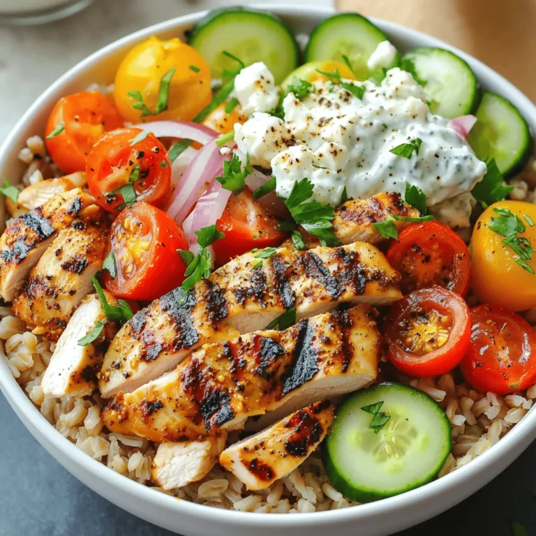 - 1 lb boneless, skinless chicken thighs - 2 tablespoons olive oil - 2 teaspoons garlic powder - 2 teaspoons paprika - 1 teaspoon dried oregano - 1 teaspoon ground cumin - Salt and pepper to taste - 2 cups cooked brown rice or quinoa - 1 cup cherry tomatoes, halved - 1 cucumber, diced - 1 red onion, thinly sliced - 1 cup feta cheese, crumbled - 1 cup tzatziki sauce (store-bought or homemade) - Fresh parsley, chopped for garnish When making easy chicken gyro bowls, the right ingredients are key. You start with chicken thighs. These are juicy and flavorful, perfect for grilling. Use olive oil to help cook the chicken and add flavor. Garlic powder, paprika, dried oregano, and ground cumin give the dish its classic gyro taste. Don’t forget to add salt and pepper to enhance all these flavors. For the base, use cooked brown rice or quinoa. Both add heartiness and nutrients. Next, fresh veggies are a must. Cherry tomatoes, cucumber, and red onion bring freshness and crunch. Top it off with crumbled feta cheese. This adds creaminess and saltiness that pairs well with the other ingredients. Finally, drizzle tzatziki sauce over the top. This cool sauce balances the spices perfectly. To garnish, sprinkle some fresh parsley. These ingredients come together for a tasty and simple meal. For the complete recipe, check out the Full Recipe. Start by gathering your chicken thighs. In a large bowl, combine the chicken with olive oil and spices. Use 2 teaspoons of garlic powder, 2 teaspoons of paprika, 1 teaspoon of dried oregano, and 1 teaspoon of ground cumin. Add salt and pepper to taste. Mix everything well until the chicken is fully coated. This marinade gives the chicken a deep flavor that you will love. Next, heat your grill or skillet over medium-high heat. Once it's hot, place the marinated chicken on it. Cook the chicken for about 6 to 7 minutes on each side. You want it to be golden brown and cooked all the way through. When finished, take the chicken off the heat and let it rest for a few minutes. This helps keep the juices inside. After resting, slice the chicken into strips. Now it’s time to build your gyro bowls. Start by adding a layer of cooked brown rice or quinoa at the bottom of each bowl. This base is filling and tasty. Next, top the rice with your sliced chicken. Then, add extra toppings like cherry tomatoes, diced cucumber, and thinly sliced red onion. Don’t forget to sprinkle crumbled feta cheese on top! Finally, drizzle tzatziki sauce over everything and add some fresh parsley for a nice touch. Enjoy your flavorful chicken gyro bowls! For the full recipe, check out the section above. To keep your chicken juicy, marinate it well. Use olive oil, garlic powder, paprika, oregano, cumin, salt, and pepper. This blend adds flavor and moisture. Cook the chicken on medium-high heat for about 6-7 minutes on each side. This ensures a golden crust while sealing in juices. Let the chicken rest for a few minutes before slicing. This step is key. It allows the juices to redistribute, keeping every bite moist. Layer your ingredients for the best look. Start with a base of brown rice or quinoa. This adds height and a nice color. Next, add the sliced chicken. Place it in the center for a focal point. Then, arrange cherry tomatoes, cucumber, and onion around the chicken. The colors should pop and create a feast for the eyes. Finish with crumbled feta and a drizzle of tzatziki sauce on top. A sprinkle of parsley adds a fresh touch. For a complete meal, think about sides. A simple green salad pairs well. It adds crunch and freshness. You can also serve pita bread on the side. This gives a nice touch to your gyro bowls. If you want more flavor, try adding olives or pickled onions. They add a tangy bite that complements the dish. For drinks, serve with a light lemonade or sparkling water. This balances the rich flavors in your gyro bowls. {{image_2}} You can switch the chicken for beef, lamb, or tofu. Beef adds a rich flavor. Lamb brings a unique taste with spices. Tofu is a great choice for a vegan option. Just make sure to adjust the cooking time based on the protein you choose. For beef or lamb, cook until they reach your desired doneness. Tofu needs to be grilled or sautéed until golden and crispy. Making your chicken gyro bowl gluten-free is simple. Just use quinoa, as it is naturally gluten-free. For a vegan bowl, swap the chicken for marinated tofu or chickpeas. You can use a dairy-free tzatziki made with coconut yogurt. This way, everyone can enjoy this tasty meal, no matter their diet. To boost flavors, try adding spices like smoked paprika or cumin. Fresh herbs like dill or mint can brighten the dish. Consider drizzling with hot sauce for heat. You could also experiment with different sauces, like tahini or a spicy yogurt sauce. Each addition can make your gyro bowl feel fresh and new. For the full recipe, check out the Easy Chicken Gyro Bowls section! To keep your chicken gyro bowls fresh, store them in the fridge. Place the leftovers in an airtight container. This helps prevent moisture loss and keeps flavors intact. If you want to save them for longer, you can freeze the chicken and veggies. Use freezer-safe containers or bags. Make sure to label them with the date. When you're ready to enjoy your leftovers, reheating is key. The best way is to use a skillet. Heat over medium heat and add a splash of water to keep the chicken juicy. Stir gently until warmed through. You can also use the microwave, but cover the bowl to prevent dryness. Heat in short bursts, stirring in between. Leftover chicken gyro bowls last about 3 to 4 days in the fridge. For frozen leftovers, aim to eat them within 2 to 3 months for the best taste. Always check for any signs of spoilage before you dig in. If it looks or smells off, better toss it! A gyro bowl is a fun twist on a classic gyro. It has all the same great flavors, but in a bowl. Instead of pita bread, you layer ingredients in a bowl. Usually, it starts with a base of rice or quinoa. Then, you add marinated chicken, fresh veggies, and a creamy sauce. It’s a healthy and tasty meal that you can enjoy any time. Yes, making tzatziki sauce at home is easy! You just need a few simple ingredients. Here’s a quick recipe: - 1 cup Greek yogurt - 1 cucumber, grated and drained - 2 cloves garlic, minced - 1 tablespoon olive oil - 1 tablespoon lemon juice - Salt to taste Mix all the ingredients in a bowl. Let it chill in the fridge for about 30 minutes. This will help the flavors blend. You can enjoy this tzatziki with your gyro bowl or as a dip! You can customize your gyro bowl in many ways. Here are some ideas: - Different proteins: Swap chicken for beef, lamb, or tofu. - Extra toppings: Add olives, bell peppers, or spinach for more flavor. - Sauce options: Try different sauces like spicy harissa or a tangy vinaigrette. - Grains: Use quinoa, couscous, or even a salad base instead of rice. Feel free to mix and match until you find your perfect combo! For the full recipe of Easy Chicken Gyro Bowls, check out the instructions above. This blog post covered tasty gyro bowls made with chicken thighs and fresh veggies. You learned how to prepare the marinade, cook the chicken, and assemble your bowls. With tips on presentation and storage, you can enjoy these meals later. Don't forget, you can swap proteins and add your favorite flavors. Gyro bowls are fun and easy to customize, perfect for healthy eating. Try these ideas, and enjoy making a meal your friends and family will love!