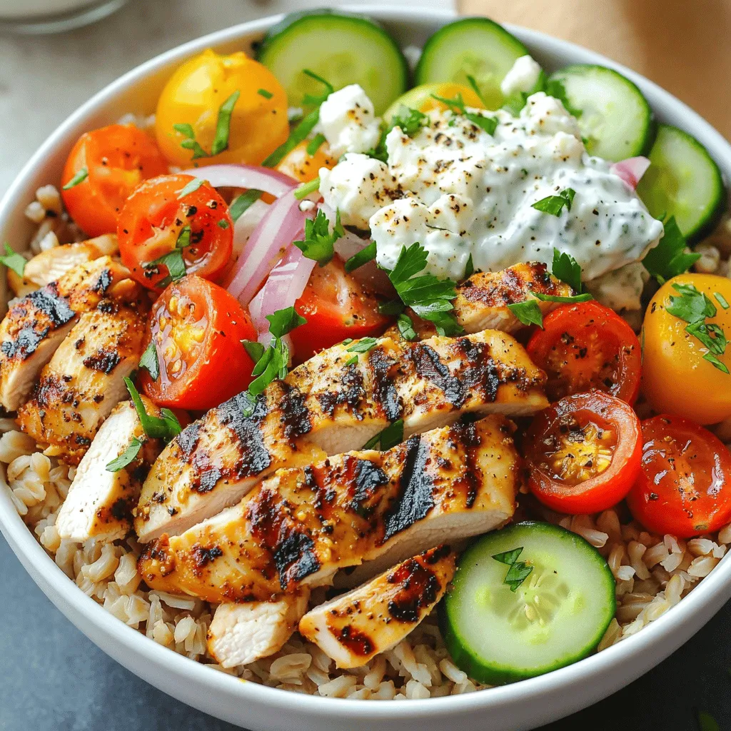 - 1 lb boneless, skinless chicken thighs - 2 tablespoons olive oil - 2 teaspoons garlic powder - 2 teaspoons paprika - 1 teaspoon dried oregano - 1 teaspoon ground cumin - Salt and pepper to taste - 2 cups cooked brown rice or quinoa - 1 cup cherry tomatoes, halved - 1 cucumber, diced - 1 red onion, thinly sliced - 1 cup feta cheese, crumbled - 1 cup tzatziki sauce (store-bought or homemade) - Fresh parsley, chopped for garnish When making easy chicken gyro bowls, the right ingredients are key. You start with chicken thighs. These are juicy and flavorful, perfect for grilling. Use olive oil to help cook the chicken and add flavor. Garlic powder, paprika, dried oregano, and ground cumin give the dish its classic gyro taste. Don’t forget to add salt and pepper to enhance all these flavors. For the base, use cooked brown rice or quinoa. Both add heartiness and nutrients. Next, fresh veggies are a must. Cherry tomatoes, cucumber, and red onion bring freshness and crunch. Top it off with crumbled feta cheese. This adds creaminess and saltiness that pairs well with the other ingredients. Finally, drizzle tzatziki sauce over the top. This cool sauce balances the spices perfectly. To garnish, sprinkle some fresh parsley. These ingredients come together for a tasty and simple meal. For the complete recipe, check out the Full Recipe. Start by gathering your chicken thighs. In a large bowl, combine the chicken with olive oil and spices. Use 2 teaspoons of garlic powder, 2 teaspoons of paprika, 1 teaspoon of dried oregano, and 1 teaspoon of ground cumin. Add salt and pepper to taste. Mix everything well until the chicken is fully coated. This marinade gives the chicken a deep flavor that you will love. Next, heat your grill or skillet over medium-high heat. Once it's hot, place the marinated chicken on it. Cook the chicken for about 6 to 7 minutes on each side. You want it to be golden brown and cooked all the way through. When finished, take the chicken off the heat and let it rest for a few minutes. This helps keep the juices inside. After resting, slice the chicken into strips. Now it’s time to build your gyro bowls. Start by adding a layer of cooked brown rice or quinoa at the bottom of each bowl. This base is filling and tasty. Next, top the rice with your sliced chicken. Then, add extra toppings like cherry tomatoes, diced cucumber, and thinly sliced red onion. Don’t forget to sprinkle crumbled feta cheese on top! Finally, drizzle tzatziki sauce over everything and add some fresh parsley for a nice touch. Enjoy your flavorful chicken gyro bowls! For the full recipe, check out the section above. To keep your chicken juicy, marinate it well. Use olive oil, garlic powder, paprika, oregano, cumin, salt, and pepper. This blend adds flavor and moisture. Cook the chicken on medium-high heat for about 6-7 minutes on each side. This ensures a golden crust while sealing in juices. Let the chicken rest for a few minutes before slicing. This step is key. It allows the juices to redistribute, keeping every bite moist. Layer your ingredients for the best look. Start with a base of brown rice or quinoa. This adds height and a nice color. Next, add the sliced chicken. Place it in the center for a focal point. Then, arrange cherry tomatoes, cucumber, and onion around the chicken. The colors should pop and create a feast for the eyes. Finish with crumbled feta and a drizzle of tzatziki sauce on top. A sprinkle of parsley adds a fresh touch. For a complete meal, think about sides. A simple green salad pairs well. It adds crunch and freshness. You can also serve pita bread on the side. This gives a nice touch to your gyro bowls. If you want more flavor, try adding olives or pickled onions. They add a tangy bite that complements the dish. For drinks, serve with a light lemonade or sparkling water. This balances the rich flavors in your gyro bowls. {{image_2}} You can switch the chicken for beef, lamb, or tofu. Beef adds a rich flavor. Lamb brings a unique taste with spices. Tofu is a great choice for a vegan option. Just make sure to adjust the cooking time based on the protein you choose. For beef or lamb, cook until they reach your desired doneness. Tofu needs to be grilled or sautéed until golden and crispy. Making your chicken gyro bowl gluten-free is simple. Just use quinoa, as it is naturally gluten-free. For a vegan bowl, swap the chicken for marinated tofu or chickpeas. You can use a dairy-free tzatziki made with coconut yogurt. This way, everyone can enjoy this tasty meal, no matter their diet. To boost flavors, try adding spices like smoked paprika or cumin. Fresh herbs like dill or mint can brighten the dish. Consider drizzling with hot sauce for heat. You could also experiment with different sauces, like tahini or a spicy yogurt sauce. Each addition can make your gyro bowl feel fresh and new. For the full recipe, check out the Easy Chicken Gyro Bowls section! To keep your chicken gyro bowls fresh, store them in the fridge. Place the leftovers in an airtight container. This helps prevent moisture loss and keeps flavors intact. If you want to save them for longer, you can freeze the chicken and veggies. Use freezer-safe containers or bags. Make sure to label them with the date. When you're ready to enjoy your leftovers, reheating is key. The best way is to use a skillet. Heat over medium heat and add a splash of water to keep the chicken juicy. Stir gently until warmed through. You can also use the microwave, but cover the bowl to prevent dryness. Heat in short bursts, stirring in between. Leftover chicken gyro bowls last about 3 to 4 days in the fridge. For frozen leftovers, aim to eat them within 2 to 3 months for the best taste. Always check for any signs of spoilage before you dig in. If it looks or smells off, better toss it! A gyro bowl is a fun twist on a classic gyro. It has all the same great flavors, but in a bowl. Instead of pita bread, you layer ingredients in a bowl. Usually, it starts with a base of rice or quinoa. Then, you add marinated chicken, fresh veggies, and a creamy sauce. It’s a healthy and tasty meal that you can enjoy any time. Yes, making tzatziki sauce at home is easy! You just need a few simple ingredients. Here’s a quick recipe: - 1 cup Greek yogurt - 1 cucumber, grated and drained - 2 cloves garlic, minced - 1 tablespoon olive oil - 1 tablespoon lemon juice - Salt to taste Mix all the ingredients in a bowl. Let it chill in the fridge for about 30 minutes. This will help the flavors blend. You can enjoy this tzatziki with your gyro bowl or as a dip! You can customize your gyro bowl in many ways. Here are some ideas: - Different proteins: Swap chicken for beef, lamb, or tofu. - Extra toppings: Add olives, bell peppers, or spinach for more flavor. - Sauce options: Try different sauces like spicy harissa or a tangy vinaigrette. - Grains: Use quinoa, couscous, or even a salad base instead of rice. Feel free to mix and match until you find your perfect combo! For the full recipe of Easy Chicken Gyro Bowls, check out the instructions above. This blog post covered tasty gyro bowls made with chicken thighs and fresh veggies. You learned how to prepare the marinade, cook the chicken, and assemble your bowls. With tips on presentation and storage, you can enjoy these meals later. Don't forget, you can swap proteins and add your favorite flavors. Gyro bowls are fun and easy to customize, perfect for healthy eating. Try these ideas, and enjoy making a meal your friends and family will love!