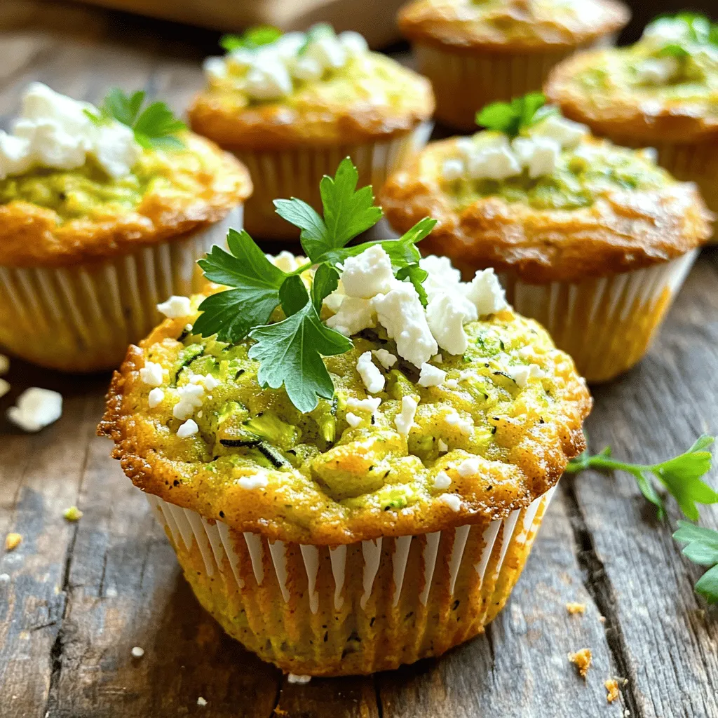 To make these tasty zucchini feta muffins, you need the following ingredients: - 2 medium zucchinis, grated - 1 cup all-purpose flour - 1/2 cup whole wheat flour - 1 teaspoon baking powder - 1/2 teaspoon baking soda - 1/2 teaspoon salt - 1 teaspoon dried oregano - 1/2 teaspoon black pepper - 1/2 cup crumbled feta cheese - 2 large eggs - 1/3 cup olive oil - 1/2 cup Greek yogurt - 1 tablespoon fresh lemon juice - 1/4 cup fresh parsley, chopped (optional) These ingredients create a delicious blend of flavors and textures. You can enhance your muffins with some fun add-ins: - Chopped sun-dried tomatoes for a burst of flavor. - Sliced black olives to add a salty kick. - Chopped spinach for extra color and nutrients. - Cheddar cheese for a different cheesy taste. Feel free to mix and match based on what you enjoy. Here’s a quick look at the nutrition of key ingredients: - Zucchini: Low in calories, high in vitamins A and C. It adds moisture. - Feta Cheese: Provides calcium and protein. It adds a salty, tangy flavor. - Whole Wheat Flour: Offers more fiber than all-purpose flour, helping digestion. - Greek Yogurt: Adds creaminess and protein while keeping muffins moist. These ingredients not only taste good but also offer health benefits. For the full recipe, check [Full Recipe]. Before you start, gather all your ingredients. This makes cooking easy and fun. You need: - 2 medium zucchinis, grated - 1 cup all-purpose flour - 1/2 cup whole wheat flour - 1 teaspoon baking powder - 1/2 teaspoon baking soda - 1/2 teaspoon salt - 1 teaspoon dried oregano - 1/2 teaspoon black pepper - 1/2 cup crumbled feta cheese - 2 large eggs - 1/3 cup olive oil - 1/2 cup Greek yogurt - 1 tablespoon fresh lemon juice - 1/4 cup fresh parsley, chopped (optional) Make sure to wash the zucchinis. Grate them using a box grater. Set them aside in a bowl. This will add moisture and flavor to your muffins. Take a large bowl. Add the all-purpose flour, whole wheat flour, baking powder, baking soda, salt, oregano, and black pepper. Mix these dry ingredients well. This step is very important. It helps ensure that your muffins rise and taste great. If you skip this, your muffins may not turn out right. In another bowl, whisk together the eggs, olive oil, Greek yogurt, and lemon juice. Mix until it is smooth. Then, add the grated zucchini and parsley if you want. Stir to combine. Now, here comes the fun part! Gradually fold the wet mixture into the dry mixture. Use a spatula and be gentle. You want to mix it just enough. Do not overmix! This keeps the muffins fluffy. Finally, fold in the crumbled feta cheese. Make sure it is well spread in the batter. Now, you are ready for the next steps in the Full Recipe. Enjoy the process! To keep your muffins from being soggy, start by squeezing out excess moisture from the grated zucchini. Use a clean kitchen towel or cheesecloth to press down on the zucchini. This step is simple but very important. Also, do not overmix your batter. Just combine the ingredients until they are mixed. Overmixing can create a dense texture. To grate zucchini well, use a box grater or a food processor. A box grater gives you better control. Grate the zucchini on the larger holes. This size helps the zucchini cook well in the muffins. If you are using a food processor, choose the grating attachment for even results. Remember to wash the zucchini before grating to remove any dirt. Store your muffins in an airtight container at room temperature. They stay fresh for up to three days. If you need to keep them longer, you can freeze them. Wrap each muffin in plastic wrap and place them in a freezer bag. To reheat, thaw them in the fridge overnight. Then, warm them in the oven at 350°F for about 5-10 minutes. This method keeps them soft and tasty. For more details, check the Full Recipe. {{image_2}} You can make these muffins dairy-free or vegan. To replace the feta, try using nutritional yeast. It adds a cheesy flavor without dairy. For Greek yogurt, use a plant-based yogurt. Choose a brand with a creamy texture. Instead of eggs, use flax eggs. Mix 1 tablespoon of flaxseed meal with 2.5 tablespoons of water. Let it sit until it thickens. This swap works well in baking. Fresh herbs can change the taste of your muffins. Instead of parsley, try basil or dill. These herbs pair well with zucchini and feta. You can add thyme for a savory touch. If you want a bit of spice, add red pepper flakes. They give the muffins a kick without overwhelming the flavor. Boost the nutrition by adding more veggies. Finely grated carrots can add sweetness and color. Chopped spinach adds a healthy green touch. You could also add bell peppers for crunch. Just remember to keep the total moisture in check. Too much moisture can make your muffins soggy. Test your batter for the right consistency. Adjust by adding a little more flour if needed. For the full recipe, check out the details above. To keep your zucchini feta muffins fresh, store them in an airtight container. You can place parchment paper between layers to avoid sticking. If you need to stack them, this keeps the tops nice and clean. Keep the container at room temperature for short-term storage. When stored properly, zucchini feta muffins last for about three days at room temperature. If you want to keep them longer, consider refrigeration. In the fridge, they can last for up to a week. Just remember to let them cool completely before sealing them up. Freezing zucchini feta muffins is easy and a great way to save leftovers. First, let the muffins cool completely. Then, wrap each muffin in plastic wrap. Place them in a freezer-safe bag or container. They can last in the freezer for about three months. When you're ready to enjoy them, take them out and thaw them in the fridge overnight. You can also microwave them for about 30 seconds to a minute. This makes for a quick snack or breakfast option. For more details on making these delightful muffins, refer to the Full Recipe. Yes, you can use other cheeses. Try goat cheese for a tangy kick. Cheddar adds a rich flavor, while mozzarella gives a gooey texture. Each cheese will change the muffin's taste. Experiment to find your favorite! Zucchini feta muffins are great warm or at room temp. Serve them with a dollop of Greek yogurt for creaminess. You can add a sprinkle of herbs on top for color. Pair them with a fresh salad for a light meal. They also work well as a snack at any time! Yes, zucchini feta muffins are quite healthy. They have fiber from zucchini and whole wheat flour. The feta cheese adds protein, and olive oil provides healthy fats. Using Greek yogurt lowers the fat content while keeping them moist. Enjoy them as a tasty, nutritious treat! You can find the full recipe [here](#). Zucchini feta muffins blend tasty ingredients for a healthy snack. We discussed the key ingredients, step-by-step instructions, and tips to avoid sogginess. You learned about cool variations and how to store your muffins well. Overall, these muffins offer both flavor and nutrition. Enjoy these delicious treats, and don’t hesitate to get creative with your add-ins. Happy baking!