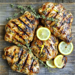- 4 boneless, skinless chicken breasts - 2 tablespoons olive oil - Zest and juice of 2 lemons - 3 cloves garlic, minced - 2 teaspoons fresh thyme leaves (or 1 teaspoon dried) - 1 teaspoon salt - ½ teaspoon black pepper - Lemon slices - Fresh thyme sprigs Choosing the right ingredients makes your dish shine. Here are some tips: - Chicken Breasts: Look for fresh, plump chicken breasts. They should be pale pink without any dark spots. - Lemons: Select firm lemons with bright yellow skin. They should feel heavy for their size, indicating juiciness. - Garlic: Choose firm heads of garlic without any soft spots. Fresh garlic will have a strong scent. - Thyme: If using fresh thyme, choose sprigs that are vibrant green. Avoid any that look wilted or brown. - Olive Oil: Use extra virgin olive oil for the best flavor. Check the label for a harvest date to ensure freshness. These tips will help you create a Lemon Thyme Grilled Chicken that is fresh and full of flavor. For the full recipe, check the detailed instructions in the next section! To start, gather your ingredients. You need olive oil, lemon zest, lemon juice, minced garlic, thyme, salt, and black pepper. In a small bowl, whisk the olive oil, lemon zest, and lemon juice. Then add the minced garlic, thyme, salt, and black pepper. Mix until it looks smooth and bright. This marinade gives the chicken its fresh and zesty flavor. Next, get your chicken breasts ready. Place them in a large resealable bag or a shallow dish. Pour the marinade over the chicken. Make sure each piece is coated well. Seal the bag or cover the dish tightly. Let it sit in the fridge for at least 30 minutes. If you have more time, letting it marinate for up to 4 hours adds even more flavor. Now, let’s grill! Preheat your grill to medium-high heat. If you are using a grill pan, heat it on the stove. Once hot, take the chicken out of the marinade. Let any extra marinade drip off. Discard the leftover marinade. Place the chicken on the grill. Cook for about 6-7 minutes on each side. You want the internal temperature to reach 165°F (75°C). This ensures the chicken is safe to eat and perfectly cooked. Avoid flipping often. This helps get nice grill marks and cooks the chicken evenly. After cooking, transfer the chicken to a plate. Let it rest for about 5 minutes. This helps keep the juices in. You can slice the chicken if you want. For a nice touch, serve it with lemon slices and fresh thyme sprigs on top. For the complete recipe, check [Full Recipe]. To get those nice grill marks, heat your grill well. Preheat it to medium-high. Place the chicken on the grill and let it cook without moving it. This will create those beautiful lines. After about 6-7 minutes, flip the chicken to the other side. Always use tongs to avoid piercing the meat. This way, the juices stay inside. To keep your chicken juicy, marinate it well. Use the marinade for at least 30 minutes. For more flavor, let it sit for up to 4 hours. When you grill, watch the time closely. Overcooking dries out the chicken. Cook until it reaches 165°F. Let it rest for about 5 minutes after grilling. This allows the juices to redistribute, making each bite tender. Some common mistakes can ruin your dish. First, don’t skip the marinating step. It adds flavor and keeps the chicken moist. Second, avoid flipping the chicken too often. This prevents the grill marks from forming. Lastly, don’t rush the cooking. Use a meat thermometer to check the temperature. Proper cooking ensures a safe and tasty meal. For more details, check the Full Recipe. {{image_2}} You can mix things up with herbs and flavors. Try rosemary or oregano for a twist. Basil adds a fresh taste, while cilantro brings a bright note. For a smoky flavor, add some smoked paprika. You can also throw in some red pepper flakes to give it heat. These additions can change the dish's vibe completely. Grilling brings out the best in lemon thyme chicken. It gives a nice char and smoky flavor. If it rains or you want an easier method, the oven works too. You can bake the chicken at 400°F for about 25-30 minutes. Use a meat thermometer to check for 165°F inside. Both methods make juicy chicken, but grilling adds that extra touch. Pair this chicken with fresh sides for a complete meal. A light salad with mixed greens and a lemon vinaigrette works well. Roasted vegetables like asparagus or zucchini complement the dish nicely. You could also serve it over rice or quinoa for a filling option. For a fun touch, add lemon slices and fresh thyme sprigs on top when serving. This makes the plate pop with color and flavor. Check out the Full Recipe for more ideas! After enjoying your delicious Lemon Thyme Grilled Chicken, you might have some leftovers. Store them in an airtight container. This keeps the chicken fresh. Always refrigerate it within two hours after cooking. The chicken stays good for up to three days in the fridge. When reheating, check for any signs of spoilage first. If you smell something off or see any discoloration, it’s best to toss it. If you want to keep your Lemon Thyme Grilled Chicken longer, freezing is a great option. First, let the chicken cool completely. Then, wrap each piece tightly in plastic wrap. After that, place the wrapped chicken in a freezer-safe bag. This helps prevent freezer burn. Label the bag with the date. Frozen grilled chicken can last up to three months. When you’re ready to eat, just thaw it in the fridge overnight. To keep the flavors intact while reheating, use the oven. Preheat it to 350°F (175°C). Place the chicken in an oven-safe dish. Add a splash of chicken broth or water to keep it moist. Cover the dish with foil to trap the steam. Heat for about 15-20 minutes, or until warm. If you're in a hurry, you can use a microwave. Heat in short bursts, around 1-2 minutes, checking often. This way, you enjoy your Lemon Thyme Grilled Chicken just like when it was fresh. For the full recipe, check the earlier sections. The best way to marinate chicken is to use a mix of oil, acid, herbs, and spices. Start with oil to keep the chicken moist. Add an acid, like lemon juice, for flavor and tenderizing. Fresh herbs, such as thyme, bring brightness. A little salt and pepper enhance the taste. For my Lemon Thyme Grilled Chicken, I whisk olive oil, lemon zest, and juice with garlic and thyme. Pour this over the chicken and let it sit for at least 30 minutes in the fridge. This allows the flavors to soak in well. Yes, you can substitute dried thyme for fresh thyme. Use one-third of the amount if you're using dried thyme. For example, if the recipe calls for 2 teaspoons of fresh thyme, use about 1 teaspoon of dried thyme. Fresh thyme gives a bright flavor, while dried thyme is more intense. Adjust the amount to suit your taste. To check if the chicken is fully cooked, use a meat thermometer. The internal temperature should reach 165°F (75°C). Insert the thermometer into the thickest part of the chicken. If you don’t have a thermometer, cut into the chicken. The meat should be white and the juices should run clear. For my Lemon Thyme Grilled Chicken, perfect cooking ensures a juicy and flavorful meal. Always let it rest for a few minutes after cooking to keep it moist. For the full recipe, you can check the details provided earlier. In this blog post, we explored the key ingredients for marinating chicken, along with tips for selecting the best ones. We walked through each step for marinating and grilling to make perfect chicken. I shared tricks to ensure juicy meat and avoid common errors. You also learned about variations, storage tips, and answered common questions. With this knowledge, you can create tasty grilled chicken every time. Enjoy experimenting and impress your friends!