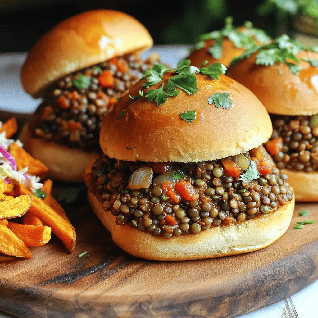 - 1 cup green or brown lentils, rinsed - 2 cups vegetable broth - 1 tablespoon olive oil - 1 medium onion, finely chopped - 1 red bell pepper, finely chopped - 2 cloves garlic, minced - 1 teaspoon smoked paprika - 1 teaspoon ground cumin - 1 teaspoon chili powder - 1 tablespoon tomato paste - 2 tablespoons maple syrup - 3 tablespoons apple cider vinegar - ½ cup tomato sauce - Salt and pepper to taste - Burger buns or whole grain bread for serving You can swap green lentils for brown lentils if needed. Use vegetable broth or water for cooking. Olive oil can be replaced with canola or coconut oil. For a twist, add diced carrots or celery with the onion. Each serving of these vegan lentil sloppy joes has about 300 calories. You get around 15 grams of protein, 4 grams of fat, and 55 grams of carbs. Lentils are a great source of fiber and protein. They help keep you full and satisfied. Plus, they are low in fat and help with digestion. Lentils also provide iron and folate, which are key for good health. The mix of flavors and nutrients makes this dish not just tasty but also good for you. To start, you need to cook the lentils. In a medium saucepan, combine 1 cup of rinsed lentils and 2 cups of vegetable broth. Bring this mix to a boil. Once boiling, reduce the heat, cover, and let it simmer for about 20 to 25 minutes. The lentils should be tender but not mushy. If there’s extra liquid, just drain it. While the lentils cook, it’s time to sauté some veggies for flavor. Heat 1 tablespoon of olive oil in a large skillet over medium heat. Add in 1 medium onion and 1 red bell pepper, finely chopped. Sauté these for about 5 to 7 minutes until they soften. Then, stir in 2 minced garlic cloves and cook for another 1 to 2 minutes until the garlic is fragrant. Now, let’s combine all the ingredients. Stir in 1 teaspoon of smoked paprika, 1 teaspoon of ground cumin, and 1 teaspoon of chili powder. Make sure to mix these spices well with the veggies. Next, add the cooked lentils to the skillet. Then, mix in 1 tablespoon of tomato paste, 2 tablespoons of maple syrup, 3 tablespoons of apple cider vinegar, and ½ cup of tomato sauce. Stir everything together until well combined. Simmer this mixture on low heat for about 10 minutes. Stir occasionally to prevent sticking. Finally, add salt and pepper to taste. This will help enhance the overall flavor. For serving, you can prepare your burger buns or whole grain bread. Toasting them lightly adds a nice crunch. Once ready, scoop the lentil mixture generously onto the bottom half of each bun. Then, add the top half to complete your Sloppy Joe. For a fun presentation, serve the Sloppy Joes on a wooden board. You can sprinkle fresh herbs on top for color. Pair them with sweet potato fries or a refreshing coleslaw for added texture. These simple touches make your meal more inviting. To cook lentils well, start with rinsing them. This helps remove dust and debris. Use green or brown lentils for the best texture. - Avoiding mushy lentils: Keep an eye on the cooking time. Lentils should be tender but not mushy. Check them around 20 minutes. If they feel soft, stop cooking and drain any extra water. - Ensuring even cooking: Stir the lentils occasionally while they cook. This helps them cook evenly and prevents sticking. Spices can really boost the taste of your lentil sloppy joes. Here are some great options: - Recommended spices and herbs for added depth: Try adding smoked paprika for a nice smokiness. Cumin gives warmth, while chili powder adds a bit of heat. Fresh herbs like cilantro or parsley make a lovely garnish. - Options for heat levels: If you like things spicy, add more chili powder or even a dash of hot sauce. You can also mix in sliced jalapeños for extra kick. Preparing meals in advance can save time during busy weeks. Here’s how to make it easy: - Preparing in advance for busy weeks: Cook a big batch of lentil mixture. Store it in an airtight container. It stays fresh in the fridge for about 4-5 days. - Storing and reheating leftovers: To reheat, simply warm it in a pot on low heat. You can also use the microwave. If it’s too thick, add a splash of vegetable broth to loosen it up. For the full recipe, check out the complete guide. Enjoy your cooking! {{image_2}} You can switch up the protein in your lentil sloppy joes. Try adding black beans or chickpeas for a new taste. These beans not only boost protein but also add texture. You can also mix in vegetables like finely chopped carrots or zucchini. They add nutrition and flavor without changing the dish too much. If you need a gluten-free option, look for gluten-free buns or bread. Many stores offer great choices that taste just as good. You can also use lettuce wraps for a fun twist. This makes the dish lighter and refreshingly crunchy. Just make sure to check the labels to ensure they are truly gluten-free. Kids might like milder flavors. You can reduce the spices for a gentler taste. Consider adding a bit of ketchup or BBQ sauce to sweeten the mix. Serving the lentil sloppy joes with colorful toppings can make them fun. Try adding shredded cheese, diced tomatoes, or avocado slices. This makes the meal more appealing and tasty for little ones. For the full recipe, check out the lively vegan lentil sloppy joes! To store your Vegan Lentil Sloppy Joes, let them cool first. Then, place the mixture in an airtight container. This keeps it fresh and safe. In the fridge, it lasts about 3 to 5 days. Make sure to label the container with the date. You can freeze the lentil mixture if you want to save some for later. Portion it into freezer-safe bags or containers. Squeeze out as much air as possible. This helps prevent freezer burn. It can stay frozen for up to 3 months. When you're ready to eat, thaw it in the fridge overnight. Then, reheat it on the stove or in the microwave until hot. Don't let leftovers go to waste! You can use them in many ways. Stir the lentil mixture into pasta for a hearty meal. Or, spread it on a baked potato for a filling snack. You can also serve it with a fresh salad or on a grain bowl. For side dishes, try sweet potato fries or a crunchy coleslaw. These pair well with the flavors of the Sloppy Joes. Enjoy your creative meals! Yes, you can use canned lentils. They save time and effort. Canned lentils are already cooked, so you skip the boiling step. Just drain and rinse them before use. However, they might be softer than dried lentils. This can change the texture of your Sloppy Joes. If you prefer more bite, stick with dried lentils. To add heat, you can use several options. Start with chili powder for a mild kick. If you want more spice, try adding crushed red pepper flakes. Another great option is diced jalapeños. You can mix these into the lentil mixture while it simmers. Adjust the amount to suit your taste. Many sides complement these Sloppy Joes. Sweet potato fries pair nicely and add sweetness. A green salad adds freshness and crunch. Coleslaw offers a tangy contrast that balances the dish. You can also serve them with pickles for extra tang. Choose sides that you love and enjoy! Yes, this recipe works great for meal prep. The flavors deepen when stored overnight. You can keep the lentil mixture in the fridge for up to four days. Just reheat it on the stove or in the microwave. It also freezes well for longer storage. You can make a big batch and pull it out when you need a quick meal. Check the full recipe for more tips! In this post, we explored how to make vegan lentil sloppy joes. We discussed essential ingredients, cooking steps, and tips for perfect lentils. You learned about nutritional benefits and how to store leftovers. Vegan lentil sloppy joes are not only tasty but also healthy. You can easily adapt the recipe for your needs. Enjoy experimenting with different flavors and serving styles. Cooking can be fun, and this dish makes it easy to share with family and friends.