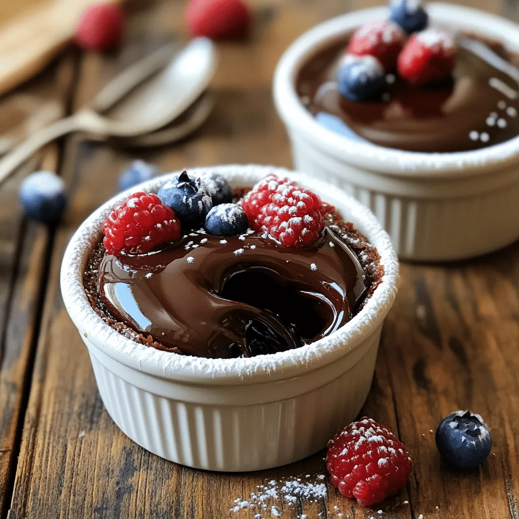 To make a perfect chocolate lava cake, gather these key items: - 1/2 cup unsalted butter (plus extra for greasing) - 1 cup dark chocolate chips (at least 60% cocoa) - 2 large eggs - 2 large egg yolks - 1/4 cup granulated sugar - 1/4 cup all-purpose flour - 1 teaspoon vanilla extract - Pinch of salt These ingredients create a rich, gooey center that melts in your mouth. The dark chocolate chips give your cake a deep flavor. Use high-quality chocolate for the best taste. While your cake is great on its own, consider these optional garnishes: - Powdered sugar - Fresh berries (like raspberries or strawberries) A sprinkle of powdered sugar adds a sweet touch. Fresh berries bring a pop of color and a tart contrast to the rich chocolate. When picking chocolate, always look for high cocoa content. Chocolates with 60% cocoa or more provide a rich taste. Avoid cheap chocolates, as they can taste waxy. For a smoother melt, choose chocolate chips over bars. They melt evenly, which helps create that perfect lava center. Always check for freshness, as old chocolate can lose flavor. For the full, delightful experience, don’t forget to check out the Full Recipe. Start by preheating your oven to 425°F (220°C). This step is key for a good bake. Next, take four ramekins and grease them with butter. Make sure to cover the sides and bottom well. Then, dust each ramekin with flour. This helps the cakes come out easily after baking. In a microwave-safe bowl, combine 1/2 cup of unsalted butter and 1 cup of dark chocolate chips. Use chocolate that has at least 60% cocoa for the best flavor. Heat in the microwave for 20 seconds at a time. Stir after each interval until the mix is melted and smooth. Let it cool for a few minutes. In a separate bowl, whisk together 2 large eggs, 2 large egg yolks, and 1/4 cup of granulated sugar. Beat for about 3-4 minutes until it's frothy and thickened. Once ready, pour the melted chocolate mixture into the egg mix. Add 1 teaspoon of vanilla extract and a pinch of salt. Stir gently to mix well without overdoing it. Finally, sift in 1/4 cup of all-purpose flour and fold it in carefully. Your batter is now ready! For the full recipe, see the section above. To get that dreamy lava center, timing is key. Bake the cakes for 12 to 14 minutes. The edges should look firm, but the center must still jiggle. This means the cake is done. If you bake too long, the center will not flow. Always watch the clock closely, as ovens can vary. One common mistake is not greasing the ramekins well. If you skip this step, your cake might stick. Dusting with flour helps too. Another mistake is overmixing the batter. This can lead to a tough texture. Mix just until combined for a tender cake. Lastly, don't open the oven door too soon. This can cause the cakes to collapse. Serve your lava cakes warm for the best experience. You can dust them with powdered sugar for a touch of sweetness. Fresh berries add a pop of color and flavor. A scoop of vanilla ice cream on the side makes it extra special. For a twist, drizzle with caramel or chocolate sauce. Enjoy with friends and family for a fun dessert! {{image_2}} You can play with flavors in your chocolate lava cake. Adding fruit can make it special. Try mixing in raspberry or orange zest. You can also add a splash of espresso for a coffee twist. These flavors blend well with rich chocolate. You can even use flavored chocolate, like mint or hazelnut, to change the taste. If you want a gluten-free lava cake, use almond flour or a gluten-free mix. Replace the all-purpose flour with these options. This swap keeps the cake tasty and soft. Just check that your chocolate is gluten-free too. Many brands offer great options that fit this need. To make a vegan lava cake, replace eggs with flaxseed meal or aquafaba. Use vegan butter and dark chocolate that has no milk. You can mix one tablespoon of flaxseed meal with three tablespoons of water for each egg. Let it sit until it thickens. This will help bind the cake. The result is a delicious treat, perfect for everyone. For more details on how to make this cake, check out the Full Recipe. I know that sometimes we have leftovers after making decadent chocolate lava cake. To store them right, let them cool first. Then, cover each ramekin tightly with plastic wrap. You can also use an airtight container if you prefer. This keeps them fresh for up to two days in the fridge. If you want to enjoy them later, make sure to store them before they dry out. When you are ready to enjoy your leftover lava cake, preheat your oven to 350°F (175°C). Place the ramekins on a baking sheet. Heat them in the oven for about 10-12 minutes. This warms the cake, and the center should become gooey again. You can also microwave them for about 30 seconds. Just check to make sure the center is warm but not overcooked. Yes, you can freeze the lava cake! Wrap each ramekin tightly with plastic wrap and then foil. This helps to prevent freezer burn. They can stay in the freezer for up to three months. When you want to eat one, thaw it in the fridge overnight. Then, reheat it as mentioned above. Enjoy your delicious treat whenever you want! For the full recipe, check out the link above. Lava cake and fondant cake both have a rich chocolate flavor. However, they differ in texture and baking. Lava cake has a warm, gooey center. Fondant cake is fully baked, which makes it dense and solid. Lava cake cooks for a shorter time, so the center stays soft. Fondant cake, on the other hand, uses a layer of rolled fondant for decoration. Yes, you can prepare the batter ahead of time. Just fill the ramekins and cover them. Place them in the fridge for up to 24 hours. When you're ready to bake, just add a few minutes to the cooking time. The result will still be a delicious, gooey lava cake. If your lava cake is not gooey, it might be overbaked. Baking for too long will cook the center fully. Make sure to check the baking time closely. The edges should be firm, while the center must remain soft and jiggly. If the center is set, it won't have that lovely lava effect. In this post, we covered how to make a perfect chocolate lava cake. We discussed essential ingredients and tips for choosing quality chocolate. I guided you through step-by-step instructions, ensuring your cake has the right gooey center. We also explored fun variations, proper storage, and answered common questions. Making this cake is a delicious journey. With practice, you'll master this dessert. Enjoy the sweet rewards of your hard work.