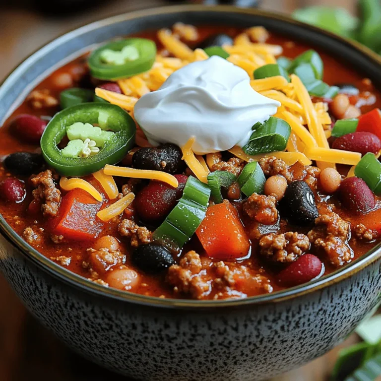 For a hearty and flavorful Instant Pot chili, you will need: - 1 pound ground turkey or beef - 1 can (15 oz) kidney beans, drained and rinsed - 1 can (15 oz) black beans, drained and rinsed - 1 can (15 oz) diced tomatoes, with juices - 1 cup bell peppers (red and green), chopped - 1 small onion, finely chopped - 2 cloves garlic, minced - 2 tablespoons chili powder - 1 tablespoon cumin - 1 teaspoon paprika - ½ teaspoon smoked paprika - 1 teaspoon salt - ½ teaspoon black pepper - 1 cup vegetable broth or chicken broth These ingredients create a rich base for your chili, packed with protein and fiber. You can make your chili even better with some fun toppings: - Sour cream - Shredded cheese - Green onions - Jalapeños Feel free to swap out any ingredients for your diet. Want it vegetarian? Try lentils instead of meat. Enjoy experimenting! For the full recipe, check out the steps in the next section. 1. Sautéing the meat and vegetables: Start by turning on your Instant Pot. Select the Sauté mode. Add 1 pound of ground turkey or beef. Break it up with a spatula. Cook until it is browned, which takes about 5-7 minutes. If there is excess grease, drain it. 2. Adding spices and mixing ingredients: Next, toss in the chopped onion and bell peppers. Cook these for 2-3 minutes until they soften. Then, add 2 cloves of minced garlic. Cook for about 30 seconds until you smell the garlic. Now, add your spices: 2 tablespoons of chili powder, 1 tablespoon of cumin, 1 teaspoon of paprika, ½ teaspoon of smoked paprika, 1 teaspoon of salt, and ½ teaspoon of black pepper. Stir everything well to coat the meat and veggies. 1. Using the Instant Pot: Pour in 1 can of diced tomatoes with their juices. Then add 1 can of kidney beans and 1 can of black beans, both drained and rinsed. Finally, add 1 cup of vegetable or chicken broth. Stir until everything is well combined. Secure the lid on the Instant Pot and set the valve to Sealing. Choose Manual or Pressure Cook for 15 minutes. 2. Quick release method and post-cooking steps: After cooking, perform a quick release. Carefully turn the valve to Venting. Once the steam stops, open the lid and stir the chili. Taste it and adjust the seasoning if you need to. Let it sit for about 10 minutes. This helps the flavors blend. - Presentation tips for a visually appealing dish: Serve your chili in deep bowls. This makes it look great on the table. - Garnishing options to enhance flavor: Top with a dollop of sour cream, a sprinkle of shredded cheese, and sliced green onions or jalapeños. These add color and extra flavor to every bite. For the full recipe details, refer to the [Full Recipe]. To make your chili just right, focus on the texture. If you want a thick chili, add less broth. For a soupier chili, add more broth or diced tomatoes. Stir well to mix the ingredients as you go. Adjusting spice levels is easy. Taste your chili after it cooks. If it needs more heat, add chili powder or diced jalapeños. If it’s too spicy, add a bit of sour cream or cheese to cool it down. One common mistake is overcooking or undercooking the meat. Ground turkey or beef should be browned first. If you skip this step, the meat can turn tough. Follow the sauté instructions closely for the best results. Another mistake is forgetting to sauté your veggies. This step builds flavor. When onions and peppers cook first, they add a sweet taste to the chili. Always sauté before adding other ingredients for the best flavor. For the full recipe, check out the Hearty Instant Pot Chili section. {{image_2}} You can make a tasty vegetarian or vegan chili. Start by swapping out meat for plant-based options. Use lentils or crumbled tofu instead of ground turkey or beef. For the broth, replace chicken broth with vegetable broth. Add extra veggies for more flavors and nutrients. Consider these additions: - Zucchini - Carrots - Corn - Mushrooms - Bell peppers Beans also play a key role. You can keep kidney beans and black beans or add chickpeas for variety. These choices make your chili hearty and satisfying without meat. Adjusting the heat of your chili is simple. If you want it spicy, add more chili powder or hot sauce. You can also include different chili peppers. Try jalapeños or serranos for heat. You could also use chipotle peppers for a smoky flavor. For a milder chili, limit the chili powder and skip spicy peppers. Use sweet peppers or bell peppers instead. Balance is key; taste as you go to find your perfect level of spice. With these variations, you can create a chili dish that matches your tastes. Explore these options to make your meal more exciting! Check the Full Recipe for ingredient details. To keep your chili fresh, follow these tips: - Refrigeration: Let the chili cool down to room temperature. Then, pack it in an airtight container. Store it in the fridge for up to 4 days. - Freezing: For longer storage, freeze the chili. Use freezer-safe bags or containers. Make sure to leave some space for expansion. When it comes to reheating chili, flavor is key. Use these methods: - Stovetop: Pour the chili into a pot and heat on low. Stir often. This helps keep the flavors rich and thick. - Microwave: Place chili in a microwave-safe bowl. Heat for 1-2 minutes. Stir halfway to ensure even heat. For best results, heat it slowly. This way, you can enjoy all the delicious flavors from your full recipe. It takes about 40 minutes to make Instant Pot chili. Here’s the breakdown: - Prep Time: 15 minutes. You chop the onions, bell peppers, and garlic. Then, you brown the meat. - Cooking Time: 15 minutes in the Instant Pot. This is when all the flavors blend. - Pressure Release: 10 minutes. Let the pressure drop naturally before opening. Yes, you can use canned beans! Canned beans save time and effort. They are already cooked, so you just rinse and add them. Here are some benefits of using canned beans: - Convenience: You skip the soaking and long cooking time. - Flavor: Canned beans keep a good taste and texture. - Variety: You can choose different types, like kidney or black beans. You can serve Instant Pot chili in many fun ways! Here are some great options: - Serve it in deep bowls. This helps keep the chili warm. - Add toppings like sour cream or shredded cheese. They add creaminess and flavor. - Pair it with cornbread or tortilla chips. These sides complement the chili well. - Add a fresh salad on the side for a crunchy contrast. For the full recipe, check out the Hearty Instant Pot Chili section! You learned how to make delicious Instant Pot chili from the key ingredients to cooking tips. From sautéing the meat to choosing toppings, each step matters. Avoid common mistakes and customize your chili to fit any diet. Store leftovers correctly, and you can enjoy meals later. Remember, making chili in the Instant Pot is both quick and easy. With practice, you'll find your perfect recipe. Enjoy cooking and impressing others with your chili skills!