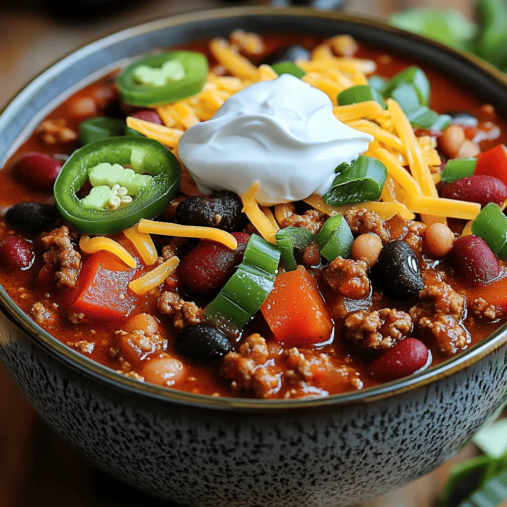 For a hearty and flavorful Instant Pot chili, you will need: - 1 pound ground turkey or beef - 1 can (15 oz) kidney beans, drained and rinsed - 1 can (15 oz) black beans, drained and rinsed - 1 can (15 oz) diced tomatoes, with juices - 1 cup bell peppers (red and green), chopped - 1 small onion, finely chopped - 2 cloves garlic, minced - 2 tablespoons chili powder - 1 tablespoon cumin - 1 teaspoon paprika - ½ teaspoon smoked paprika - 1 teaspoon salt - ½ teaspoon black pepper - 1 cup vegetable broth or chicken broth These ingredients create a rich base for your chili, packed with protein and fiber. You can make your chili even better with some fun toppings: - Sour cream - Shredded cheese - Green onions - Jalapeños Feel free to swap out any ingredients for your diet. Want it vegetarian? Try lentils instead of meat. Enjoy experimenting! For the full recipe, check out the steps in the next section. 1. Sautéing the meat and vegetables: Start by turning on your Instant Pot. Select the Sauté mode. Add 1 pound of ground turkey or beef. Break it up with a spatula. Cook until it is browned, which takes about 5-7 minutes. If there is excess grease, drain it. 2. Adding spices and mixing ingredients: Next, toss in the chopped onion and bell peppers. Cook these for 2-3 minutes until they soften. Then, add 2 cloves of minced garlic. Cook for about 30 seconds until you smell the garlic. Now, add your spices: 2 tablespoons of chili powder, 1 tablespoon of cumin, 1 teaspoon of paprika, ½ teaspoon of smoked paprika, 1 teaspoon of salt, and ½ teaspoon of black pepper. Stir everything well to coat the meat and veggies. 1. Using the Instant Pot: Pour in 1 can of diced tomatoes with their juices. Then add 1 can of kidney beans and 1 can of black beans, both drained and rinsed. Finally, add 1 cup of vegetable or chicken broth. Stir until everything is well combined. Secure the lid on the Instant Pot and set the valve to Sealing. Choose Manual or Pressure Cook for 15 minutes. 2. Quick release method and post-cooking steps: After cooking, perform a quick release. Carefully turn the valve to Venting. Once the steam stops, open the lid and stir the chili. Taste it and adjust the seasoning if you need to. Let it sit for about 10 minutes. This helps the flavors blend. - Presentation tips for a visually appealing dish: Serve your chili in deep bowls. This makes it look great on the table. - Garnishing options to enhance flavor: Top with a dollop of sour cream, a sprinkle of shredded cheese, and sliced green onions or jalapeños. These add color and extra flavor to every bite. For the full recipe details, refer to the [Full Recipe]. To make your chili just right, focus on the texture. If you want a thick chili, add less broth. For a soupier chili, add more broth or diced tomatoes. Stir well to mix the ingredients as you go. Adjusting spice levels is easy. Taste your chili after it cooks. If it needs more heat, add chili powder or diced jalapeños. If it’s too spicy, add a bit of sour cream or cheese to cool it down. One common mistake is overcooking or undercooking the meat. Ground turkey or beef should be browned first. If you skip this step, the meat can turn tough. Follow the sauté instructions closely for the best results. Another mistake is forgetting to sauté your veggies. This step builds flavor. When onions and peppers cook first, they add a sweet taste to the chili. Always sauté before adding other ingredients for the best flavor. For the full recipe, check out the Hearty Instant Pot Chili section. {{image_2}} You can make a tasty vegetarian or vegan chili. Start by swapping out meat for plant-based options. Use lentils or crumbled tofu instead of ground turkey or beef. For the broth, replace chicken broth with vegetable broth. Add extra veggies for more flavors and nutrients. Consider these additions: - Zucchini - Carrots - Corn - Mushrooms - Bell peppers Beans also play a key role. You can keep kidney beans and black beans or add chickpeas for variety. These choices make your chili hearty and satisfying without meat. Adjusting the heat of your chili is simple. If you want it spicy, add more chili powder or hot sauce. You can also include different chili peppers. Try jalapeños or serranos for heat. You could also use chipotle peppers for a smoky flavor. For a milder chili, limit the chili powder and skip spicy peppers. Use sweet peppers or bell peppers instead. Balance is key; taste as you go to find your perfect level of spice. With these variations, you can create a chili dish that matches your tastes. Explore these options to make your meal more exciting! Check the Full Recipe for ingredient details. To keep your chili fresh, follow these tips: - Refrigeration: Let the chili cool down to room temperature. Then, pack it in an airtight container. Store it in the fridge for up to 4 days. - Freezing: For longer storage, freeze the chili. Use freezer-safe bags or containers. Make sure to leave some space for expansion. When it comes to reheating chili, flavor is key. Use these methods: - Stovetop: Pour the chili into a pot and heat on low. Stir often. This helps keep the flavors rich and thick. - Microwave: Place chili in a microwave-safe bowl. Heat for 1-2 minutes. Stir halfway to ensure even heat. For best results, heat it slowly. This way, you can enjoy all the delicious flavors from your full recipe. It takes about 40 minutes to make Instant Pot chili. Here’s the breakdown: - Prep Time: 15 minutes. You chop the onions, bell peppers, and garlic. Then, you brown the meat. - Cooking Time: 15 minutes in the Instant Pot. This is when all the flavors blend. - Pressure Release: 10 minutes. Let the pressure drop naturally before opening. Yes, you can use canned beans! Canned beans save time and effort. They are already cooked, so you just rinse and add them. Here are some benefits of using canned beans: - Convenience: You skip the soaking and long cooking time. - Flavor: Canned beans keep a good taste and texture. - Variety: You can choose different types, like kidney or black beans. You can serve Instant Pot chili in many fun ways! Here are some great options: - Serve it in deep bowls. This helps keep the chili warm. - Add toppings like sour cream or shredded cheese. They add creaminess and flavor. - Pair it with cornbread or tortilla chips. These sides complement the chili well. - Add a fresh salad on the side for a crunchy contrast. For the full recipe, check out the Hearty Instant Pot Chili section! You learned how to make delicious Instant Pot chili from the key ingredients to cooking tips. From sautéing the meat to choosing toppings, each step matters. Avoid common mistakes and customize your chili to fit any diet. Store leftovers correctly, and you can enjoy meals later. Remember, making chili in the Instant Pot is both quick and easy. With practice, you'll find your perfect recipe. Enjoy cooking and impressing others with your chili skills!