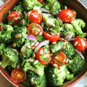 - 3 cups broccoli florets - 1/2 cup cherry tomatoes - 1/4 cup red onion - 1/3 cup parsley - 1/4 cup tahini - 3 tablespoons lemon juice - 2 tablespoons olive oil - 1 tablespoon maple syrup - 1 garlic clove - Salt and pepper - 1/4 cup sunflower seeds This salad is not only tasty but also good for you. A serving of Lemon Tahini Broccoli Salad has about 200 calories. It packs around 5 grams of protein. Broccoli gives you vitamin C and vitamin K. Tahini adds healthy fats and some calcium. The lemon juice boosts your immune system with vitamin C. This salad is a great way to enjoy fresh veggies while keeping your meals healthy and balanced. Eating greens like broccoli can help keep you strong and energized. To steam broccoli perfectly, use a pot with a steamer basket. Bring water to a boil, then add the broccoli florets. Cover and steam for about 3 to 4 minutes. You want them bright green and tender, yet crisp. After steaming, rinse the broccoli under cold water. This helps stop the cooking and keeps the bright color. Let it cool completely before using it in your salad. For the tahini dressing, gather your ingredients. In a medium bowl, add tahini, lemon juice, olive oil, maple syrup, and minced garlic. Whisk these together until smooth. If your dressing is too thick, don’t worry! Add water, one tablespoon at a time, until you reach your desired consistency. The goal is a creamy dressing that coats your veggies well. Now it's time to combine everything! In a large mixing bowl, add the cooled broccoli, halved cherry tomatoes, thinly sliced red onion, and chopped parsley. Drizzle the tahini dressing over your salad mix. Gently toss everything together. Be careful not to break the broccoli. You want to keep those lovely florets whole. If you want some extra crunch, sprinkle sunflower seeds on top. Toss lightly again to distribute. Now your Lemon Tahini Broccoli Salad is ready to enjoy! For the full recipe, check out the details above. To make your Lemon Tahini Broccoli Salad pop, try adding simple herbs. Fresh dill or basil works great. You can also sprinkle in a pinch of smoked paprika for depth. If you want more zing, squeeze in an extra splash of lemon juice. For sweetness, use a bit more maple syrup, or even a touch of honey. These small tweaks boost flavor and keep it fresh. If you want to prep in advance, here’s my tip: make the tahini dressing first. Store it in the fridge for up to a week. You can also steam the broccoli a day ahead. Just cool it down and keep it in an airtight container. Keep the other salad parts separate until you are ready to serve. This way, everything stays crisp and fresh. This salad pairs well with grilled chicken or chickpeas for protein. You can even add it to a wrap for a quick meal. When it comes to serving, think about the looks. Use a large, colorful bowl to show off the bright greens and reds. Adding some sunflower seeds on top gives it a nice crunch and a pop of color. For a fun touch, you can also arrange the ingredients in layers before dressing. This creates an eye-catching dish that everyone will love. For the full recipe, check out the detailed guide. {{image_2}} You can easily make this Lemon Tahini Broccoli Salad vegan by using maple syrup instead of honey. This salad is already plant-based since tahini is made from sesame seeds. For a gluten-free option, just ensure your tahini is gluten-free. Most brands are safe, but it’s good to check the label. If you want to swap tahini, consider using sunflower seed butter or almond butter. These options still give that creamy texture and nutty flavor. You can try other vegetables to mix things up. Cauliflower, bell peppers, or carrots add nice colors and textures. They also pair well with the lemon and tahini. For a bit of sweetness, you might add fruits like diced apples or pomegranate seeds. These fruits add a burst of freshness and a sweet crunch to the salad. You can switch up the dressing if you want different tastes. A simple vinaigrette with olive oil, vinegar, and mustard works well. For an oil-free option, blend avocado with lemon juice and a bit of water. This gives a creamy texture without using oils. For the full recipe, check out the detailed steps. Enjoy your creative salad! To keep your Lemon Tahini Broccoli Salad fresh, store leftovers in an airtight container. Glass or plastic containers work well. I recommend using containers that fit tightly. This helps prevent air from spoiling your salad. You can freeze the salad components, but not the dressing. For best results, freeze the broccoli and other veggies separately. Place them in freezer bags, squeezing out excess air. To serve, thaw the vegetables in the fridge overnight. Let them sit at room temperature for a few minutes before serving. In the fridge, this salad lasts about 3 to 4 days. Always check for signs of spoilage. Look for wilting, off smells, or discoloration. If you notice any of these, it’s best to toss the salad. Enjoy your fresh and healthy delight! You can use frozen broccoli in this salad. Frozen broccoli is pre-steamed. It saves time and is easy to use. However, it may not have the same crunch as fresh broccoli. Fresh broccoli tastes better and has more nutrients. If you use frozen, let it thaw and drain excess water. To add heat, try red pepper flakes or sliced jalapeños. You can mix in some sriracha or hot sauce into the tahini dressing. A dash of cayenne pepper also works well. These options give your salad a nice kick without overpowering the other flavors. This salad pairs well with grilled chicken or fish. You can serve it with quinoa or rice for a hearty meal. A simple garlic bread or pita chips also make great sides. For a light touch, add a fruit salad to balance the flavors. If your tahini dressing is too thick, add water to thin it out. Start with one tablespoon at a time. Whisk it well after each addition. You can also use lemon juice or olive oil for added flavor. Aim for a creamy but pourable texture. For the full recipe, refer to the main article. In this blog post, we explored a vibrant salad packed with fresh ingredients like broccoli, cherry tomatoes, and a zesty tahini dressing. I shared tips for perfecting the cooking process and ways to enhance flavor. We also discussed how to adapt the recipe based on your dietary needs and preferences. In conclusion, this salad is not just healthy but also versatile. Experiment with flavors and enjoy the freshness. It’s a simple dish that brings joy to your table!