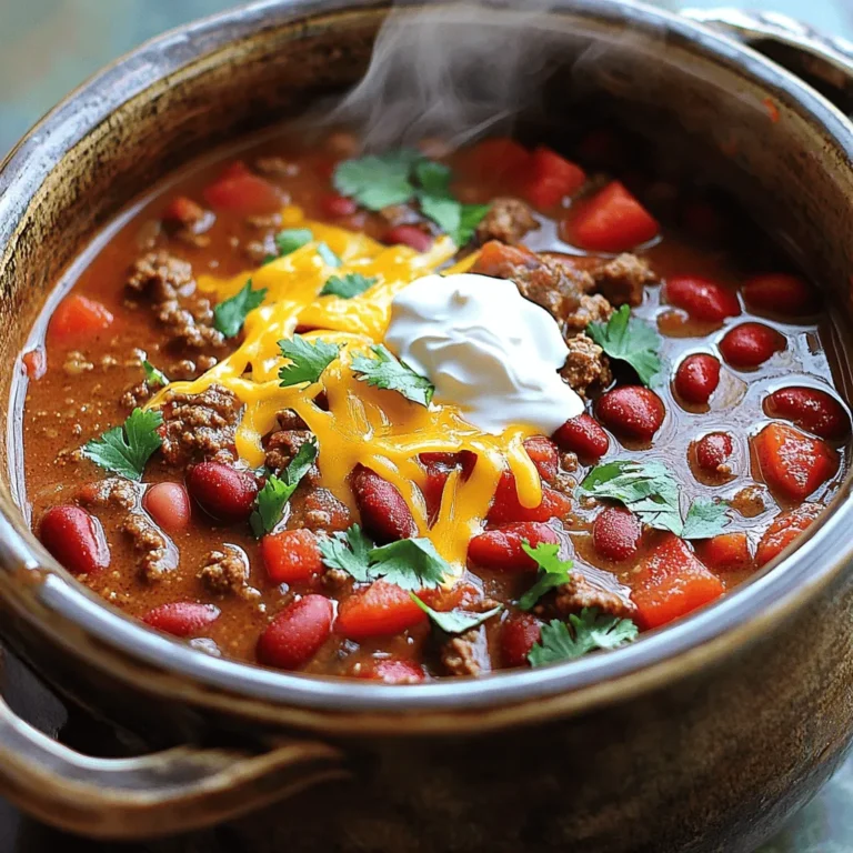 To make a great classic beef chili, you need the right base. Here are the must-have items: - 1 pound ground beef - 1 medium onion, diced - 3 cloves garlic, minced - 1 green bell pepper, diced - 1 can (14.5 oz) diced tomatoes, undrained - 1 can (15 oz) kidney beans, rinsed and drained - 1 can (8 oz) tomato sauce - 2 tablespoons chili powder - 1 teaspoon cumin - 1 teaspoon smoked paprika - 1/2 teaspoon cayenne pepper (adjust to taste) - Salt and pepper, to taste - 1 cup beef broth - 1 tablespoon olive oil These ingredients create a rich and hearty flavor that warms the soul. The ground beef gives it body, while the vegetables add sweetness and texture. The spices bring the chili to life. You can add extra ingredients to make your chili even better. Here are some ideas: - Fresh cilantro, for garnish - Grated cheese, for serving - Sour cream, for serving - Jalapeños, for added heat - Corn, for sweetness - Bell peppers of different colors, for color and flavor These options let you customize your chili. They can add freshness or extra spice. Feel free to experiment with what you have on hand. To cook your classic beef chili, you need some basic tools: - A large pot or Dutch oven - A wooden spoon or spatula - A knife for chopping - A cutting board Having the right equipment makes cooking easier and more fun. It helps you create a delicious meal without stress. Use these tools to get the most out of your cooking experience. For the full recipe, follow the steps outlined above. Start by heating olive oil in a large pot over medium heat. Add the diced onion and green bell pepper. Sauté them until soft, about 5 minutes. Next, add minced garlic to the pot. Sauté for one more minute until it smells great. Increase the heat to medium-high. Add the ground beef to the pot. Cook until it turns brown, breaking it up with a spoon. This takes about 7-8 minutes. If there is too much fat, drain some off. Now it’s time to add flavor. Stir in chili powder, cumin, smoked paprika, and cayenne pepper. Mix well to coat the meat and veggies. Next, pour in the diced tomatoes, tomato sauce, kidney beans, and beef broth. Give everything a good stir to mix it. Bring the chili to a simmer, then lower the heat. Cover the pot and let it cook for at least 30 minutes. Stir occasionally to stop sticking. For even better flavor, let it simmer for up to an hour. Taste your chili and adjust the seasoning if needed. Serve hot with fresh cilantro, grated cheese, and sour cream on top. For the full recipe, check out the complete details above. To get the best flavor in your chili, start with fresh ingredients. Use ripe tomatoes and good-quality beef. Always sauté the onion and bell pepper first. This step builds a strong base. Mix in the garlic for a fragrant kick. Don't rush the cooking time. Let your chili simmer for at least 30 minutes. This helps all the flavors blend well. For a richer taste, try adding a splash of beer or a bit of dark chocolate. These ingredients add depth and surprise. Many people make mistakes when cooking chili. One common error is adding too much liquid too soon. This can make your chili watery. Always start with less broth and add more as needed. Another mistake is not seasoning enough. Taste your chili while it cooks. Adjust the spices to make it just right. Lastly, don’t skip the simmering step. Cooking longer lets the flavors shine through. Want to change the heat level? Start with a small amount of cayenne pepper. You can always add more later. If your chili gets too spicy, add a bit of sugar or more beans to tone it down. Sour cream and cheese served on top also help balance the heat. Customize your chili to suit your taste. Enjoy the process of making it your own! {{image_2}} You can make a great chili without meat. Use lentils, black beans, or chickpeas. They add protein and texture. Add extra veggies like zucchini and mushrooms for more flavor. Use vegetable broth instead of beef broth. You can still enjoy rich flavors with spices like cumin and chili powder. Try my [Full Recipe] by swapping out the beef for your favorite plant-based protein. Spice level is all about personal taste. If you love heat, add more cayenne pepper or jalapeños. For milder chili, skip the cayenne and use less chili powder. You can also remove the seeds from peppers for less spice. This way, everyone can enjoy a bowl just how they like it. Feel free to get creative with your chili. Adding extra vegetables like corn, carrots, or bell peppers boosts nutrition. You can also mix in different beans, such as black beans or pinto beans. This adds variety in texture and flavor. Just be sure to adjust cooking time if you add more ingredients. The goal is to have a hearty and filling dish that suits your taste. After enjoying your delicious chili, let it cool down. Transfer it to an airtight container. Store it in the fridge for up to four days. Make sure to cover it well. This keeps the flavors fresh and tasty. When you want to eat your leftover chili, there are easy ways to reheat it. You can use the microwave or the stove. For the microwave, place the chili in a bowl. Heat it for 1-2 minutes. Stir halfway through to warm it evenly. If you prefer the stove, pour the chili into a pot. Heat it on medium-low, stirring often. This helps keep it smooth and warm. If you want to save chili for another day, freezing is a great option. Use a freezer-safe container or a heavy-duty freezer bag. Leave some space at the top for expansion. Chili can last up to three months in the freezer. To thaw, place it in the fridge overnight before reheating. This keeps the taste and texture just right. Check out the Full Recipe for more tips and details! The best meat for classic chili is ground beef. I prefer using 80/20 ground beef. This mix gives a nice balance of flavor and fat. Other options include chuck roast or stew meat, but they take longer to cook. Ground beef cooks fast and blends well with the spices. Yes, you can make classic beef chili in a slow cooker. Start by browning the ground beef in a pan. After that, put it in the slow cooker with the other ingredients. Cook on low for 6 to 8 hours or high for 3 to 4 hours. This method makes the chili rich and tasty. Classic beef chili lasts in the fridge for about 3 to 4 days. Be sure to store it in an airtight container. If you want to keep it longer, you can freeze it. Frozen chili lasts up to 3 months. Just thaw it in the fridge before reheating. For the full recipe, check out the Spicy Classic Beef Chili 🥩 section. Classic beef chili combines essential ingredients for a rich flavor. You can tweak the recipe with optional extras or adjust the spiciness to match your taste. Remember the key steps: prepare the base, cook the beef, and combine all ingredients. Avoid common mistakes for the best result. Feel free to explore vegetarian options or try different spice levels. Store your chili well and reheat it easily. With these tips and variations, you'll make great chili every time. Enjoy your cooking!