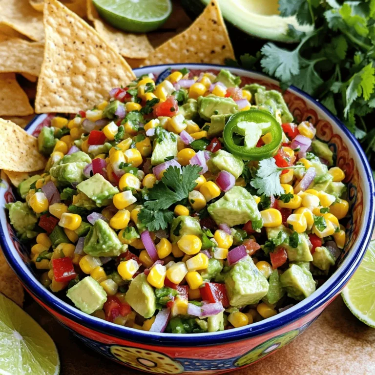 - 2 ripe avocados, diced - 1 cup corn kernels (fresh, grilled, or canned) - 1 small red onion, finely chopped - 1 red bell pepper, diced The core of this salsa starts with ripe avocados. They add creaminess and nutrients. Next, corn kernels bring sweetness and crunch. You can use fresh, grilled, or canned corn. Each option has its own charm. Red onion adds a sharp bite, while red bell pepper offers a sweet contrast. Together, these ingredients create a base that is vibrant and fresh. - 1 jalapeño, seeded and minced - 1/4 cup fresh cilantro, chopped - Juice of 2 limes - 2 tablespoons olive oil - Salt and pepper to taste Now, let’s add some zing. A jalapeño gives a nice kick. You can adjust the heat by adding more or less. Fresh cilantro brings a bright flavor that brightens everything up. The juice of two limes adds acidity to balance the richness of the avocados. Olive oil helps blend everything together and adds smoothness. Finally, a pinch of salt and pepper enhances all the flavors. This combination makes the salsa truly zesty. For the full recipe, check out the section on preparation. 1. Start with ripe avocados. Cut them in half and remove the pit. 2. Use a fork to gently mash the avocado in a large mixing bowl. Leave some chunks for a nice texture. 3. Next, add 1 cup of corn kernels. These can be fresh, grilled, or even canned. 4. Dice 1 small red onion and 1 red bell pepper. Add them into the bowl with the corn. 5. For a bit of heat, include 1 minced jalapeño. You can adjust this based on your spice level. 6. Finally, add 1/4 cup of chopped cilantro for a fresh flavor boost. 1. In a separate small bowl, whisk the juice of 2 limes with 2 tablespoons of olive oil. 2. Season the dressing with salt and pepper to taste. Whisk until well combined. 3. Drizzle the dressing over the salsa mixture and toss gently. Make sure everything is well-coated. 4. Taste your salsa and adjust the seasoning as needed. You might want more salt, pepper, or lime juice. 5. Serve it in a colorful bowl. Enjoy with tortilla chips for a great snack! For the complete recipe, refer to the [Full Recipe]. To make the best salsa, start with ripe avocados. They should be soft but not mushy. This gives your salsa a creamy texture. Next, adjust the heat with jalapeños. You can add more or less based on your taste. If you prefer mild salsa, remove all the seeds. Fresh ingredients are key. Use sweet corn, bright peppers, and crisp onions for great flavor. Serve your salsa in a colorful bowl. A bright dish makes the salsa pop! Garnish with fresh cilantro leaves and lime wedges. This adds a nice touch and looks great. Pair it with tortilla chips. The crunch pairs well with the creamy salsa. For the full recipe, check out the details above. {{image_2}} You can make Zesty Avocado Corn Salsa even better. Here are some fun ideas: - Adding black beans for extra protein: Mix in one cup of black beans. This adds protein and fiber. It makes the salsa heartier and more filling. - Experimenting with different peppers: Try sweet bell peppers or spicy serrano peppers. Each type gives a unique flavor. You can adjust the heat based on your taste. - Incorporating fruits like mango or pineapple: Diced mango or pineapple adds a sweet twist. The fruit balances the spice and adds freshness. This is a great way to play with flavors. Making this salsa fit your needs is easy. Here’s how: - Vegan-friendly recipe adjustments: The full recipe is already vegan. Enjoy it guilt-free with no animal products. - Low-sodium tips for healthier options: Reduce added salt. Use fresh lime juice to add flavor without extra sodium. You can also use low-sodium canned corn. - Gluten-free serving suggestions: This salsa is gluten-free. Serve it with gluten-free tortilla chips or on top of a salad. It makes a tasty, safe choice for everyone. These variations keep your salsa fresh and fun! Feel free to mix and match these tips to suit your tastes. To keep your Zesty Avocado Corn Salsa fresh, choose the right container. Glass or plastic airtight containers work best. They prevent air from getting in and drying it out. Make sure the lid seals tightly to keep flavors intact. Store your salsa in the fridge right after making it. This helps maintain its taste and texture. For optimal flavor, consume your salsa within 2 to 3 days. The avocados can brown quickly, so eat it sooner if possible. If you see any browning, just mix it back in. The flavors will still be great! Yes, you can freeze Zesty Avocado Corn Salsa! However, the texture may change after thawing. To freeze, place the salsa in a freezer-safe container. Leave some space at the top, as it may expand when frozen. To thaw, move the salsa to the fridge for several hours or overnight. Once thawed, use it in cooked dishes like soups or tacos. This way, the texture won't matter as much. If you want to keep it fresh, use it within a month. To maintain texture after freezing, avoid freezing the avocado chunks if possible. Instead, mash the avocado and mix it in after thawing. This keeps your salsa creamy and delicious. Can I make this salsa ahead of time? Yes, you can make this salsa ahead of time. Just keep it in the fridge. The flavors will blend nicely. However, the avocados may brown a bit. To slow this down, add lime juice to the mix. What can I serve with Zesty Avocado Corn Salsa? You can serve this salsa with tortilla chips. It also pairs well with grilled chicken or fish. Try it on tacos for a fresh twist. How can I make it less spicy? To reduce the spice, use less jalapeño. You can also substitute with a milder pepper. Another option is to add more avocado to balance the heat. How long does the salsa last in the fridge? The salsa lasts about 2-3 days in the fridge. Store it in an airtight container. Keep in mind that the avocados will start to brown over time. What are some good substitutions for avocado? If you need a substitute, use mashed banana or silken tofu. These options add creaminess without the flavor of avocado. Can I use frozen corn instead of fresh? Yes, you can use frozen corn. Just thaw it and drain any excess water. Frozen corn is often sweeter and saves time. For the full recipe, you can check the detailed instructions above. In this article, I covered how to make Zesty Avocado Corn Salsa. We explored key ingredients like ripe avocados, corn, and fresh veggies. Then, I outlined simple steps for preparation and tips for perfecting your salsa. You can customize it with different ingredients to suit your taste. Remember to store it properly for the best flavor. Enjoy this fun recipe at your next gathering, and don't be afraid to experiment with it!