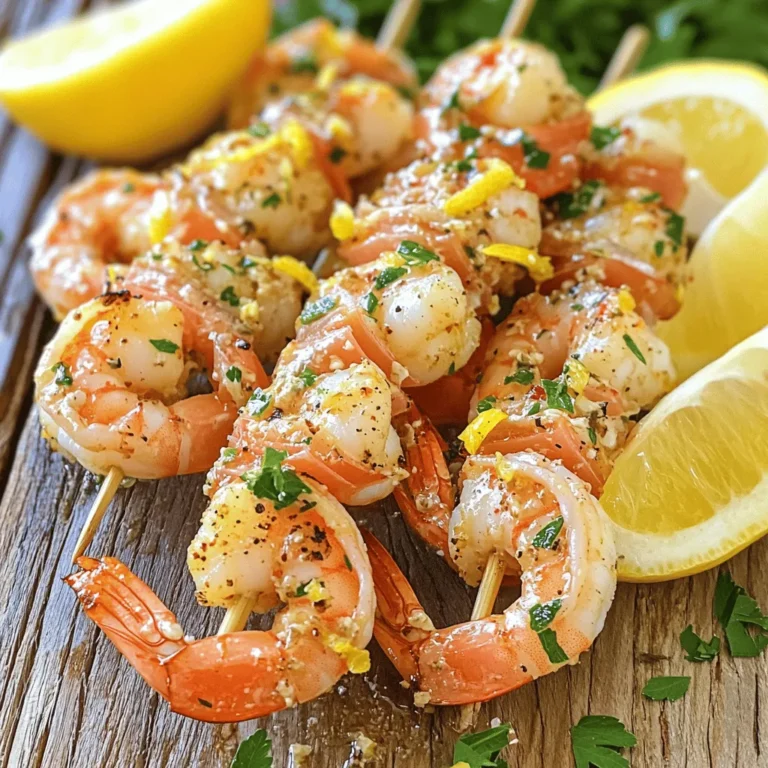 To make Garlic Lemon Grilled Shrimp, you will need: - 1 pound large shrimp, peeled and deveined - 4 cloves garlic, minced - 1/4 cup olive oil - Zest and juice of 1 lemon - 1 teaspoon smoked paprika - 1 teaspoon red pepper flakes (adjust for spice preference) - Salt and pepper to taste - Fresh parsley, chopped (for garnish) - Lemon wedges (for serving) If you lack any ingredient, here are some swaps: - Use shallots instead of garlic for a milder taste. - Swap olive oil with avocado oil for a different flavor. - Lemon juice can be replaced with lime juice for a zesty twist. - Use cayenne pepper instead of red pepper flakes for extra heat. You can use fresh or frozen shrimp for this recipe. Fresh shrimp tastes great, but frozen shrimp works well too. If you choose frozen shrimp, make sure to thaw it first. You can thaw shrimp overnight in the fridge or place it in cold water for about 30 minutes. When buying shrimp, check for a clean smell and firm texture. Fresh shrimp should be pink and shiny. Both types will yield delicious results in your Garlic Lemon Grilled Shrimp dish. For the full recipe, check the details above. To start, gather your ingredients. You will need garlic, olive oil, lemon, smoked paprika, red pepper flakes, salt, and pepper. In a large bowl, mix the minced garlic with olive oil, lemon zest, and lemon juice. Add smoked paprika and red pepper flakes next. Season with salt and pepper to taste. Whisk this mixture until it's well combined. This marinade is the key to great flavor in your shrimp. Now, add the shrimp to the bowl with the marinade. Make sure every shrimp is coated well. Cover the bowl with plastic wrap and place it in the fridge. Let the shrimp marinate for at least 30 minutes. If you have time, you can let them sit for up to an hour. This will help infuse all those tasty flavors into the shrimp. Preheat your grill to medium-high heat. Lightly oil the grill grates to prevent sticking. Now, it's time to skewer your shrimp. You can use metal or bamboo skewers. If you choose bamboo, soak them in water for 30 minutes first. This step keeps them from burning. Place the skewers on the grill and cook for 2-3 minutes on each side. Watch closely! The shrimp should turn pink and opaque. Avoid overcooking them. Once done, remove the skewers and garnish with fresh parsley. Serve with lemon wedges. Enjoy this delightful summer meal! For the full recipe, check out the details above. When picking shrimp, look for fresh and firm ones. You want shrimp that smell like the sea, not fishy. The shells should be shiny and smooth. If you choose frozen shrimp, make sure they are thawed properly. Always check for large shrimp; they hold flavor better. Overcooked shrimp can be tough and rubbery. To avoid this, keep a close eye on the grill. Cook shrimp for about 2-3 minutes on each side. They should turn pink and opaque when done. If they curl up tightly, they are overcooked. Timing is key for the best results. Preheat your grill to medium-high heat for even cooking. Oil the grates lightly to prevent sticking. Use metal or soaked bamboo skewers for easy flipping. If using bamboo, soak them for 30 minutes. This helps avoid burning. Keep the shrimp on the heat just long enough for a nice char. For extra flavor, try adding lemon slices on the grill. For the complete recipe, check out the full recipe above. {{image_2}} If you love heat, add more red pepper flakes. Use up to 2 teaspoons for a real kick. You can also mix in fresh jalapeños. Just chop them finely and add them to the marinade. This adds a zesty flavor that pairs well with the shrimp. You can also try a splash of hot sauce for more spice. It gives the dish a fun twist! Adding fresh herbs can make your garlic lemon grilled shrimp even tastier. Try adding chopped basil, cilantro, or dill with the marinade. Each herb brings its own unique flavor. You can also use dried herbs, like oregano or thyme. They still add a nice touch. Mix and match to find your favorite herb combination. This way, you can personalize the dish to your liking. While skewers are easy, you can grill shrimp without them. Use a grill basket for easy cooking. A grill basket keeps the shrimp from falling through the grates. If you want to try something different, grill them on a flat surface. A cast iron pan works great. Just preheat your pan and add the shrimp. This method gives a nice sear and keeps all the juices in. For the full recipe, check out the full recipe section above. After enjoying your Garlic Lemon Grilled Shrimp, store any leftovers in an airtight container. Keep it in the fridge for up to three days. Make sure the shrimp cool down before sealing. This keeps them fresh and prevents sogginess. To reheat, you can use a skillet or the microwave. For the skillet, warm it on low heat. Add a splash of water or olive oil to keep the shrimp moist. Stir gently for a few minutes. If using the microwave, place the shrimp in a microwave-safe dish. Heat in short bursts, about 30 seconds each, until warm. If you want to save your shrimp for later, freezing is a great option. Place the cooled shrimp in a freezer-safe bag. Remove as much air as possible before sealing. They can last for up to three months in the freezer. To enjoy later, thaw in the fridge overnight before reheating. To add heat, use more red pepper flakes. You can also mix in chopped fresh chili peppers. Hot sauce is another great choice. Make sure to adjust based on your taste. Adding spice can change the flavor, so be careful. Always taste the marinade before adding more heat. A little goes a long way. You want to enjoy the shrimp's flavor too. Yes, a grill pan works well for cooking shrimp. It gives nice grill marks and flavor. Just heat the pan over medium-high heat. Add some oil to keep the shrimp from sticking. Follow the same cooking times as you would on an outdoor grill. Cook the shrimp for about 2-3 minutes per side. This method is great for indoor cooking. Shrimp turn pink and opaque when cooked. They should also curl into a C shape. If they're still gray or transparent, they need more time. Avoid overcooking, as this makes them tough. Use a meat thermometer if you want to be sure. The internal temperature should reach 120°F. This ensures they are safe to eat and tasty. Enjoy your garlic lemon grilled shrimp! For the full recipe, check out the details above. This post covers how to make garlic lemon grilled shrimp. You learned about ingredients, their swaps, and the best shrimp types. I shared easy steps to prepare, marinate, and grill shrimp without burning them. We explored variations and how to store leftovers too. Grilling shrimp can be simple and fun. Use these tips to impress at your next meal! Enjoy the fresh taste of shrimp today and try your own twists. Grilling opens a world of flavor just waiting for you.