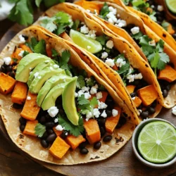 - 2 medium sweet potatoes, peeled and diced - 1 can (15 oz) black beans, drained and rinsed - 8 corn tortillas - 1 tablespoon olive oil - 1 teaspoon cumin - 1 teaspoon smoked paprika - 1/2 teaspoon garlic powder - 1/2 teaspoon chili powder - Salt and pepper to taste - 1 ripe avocado, sliced - 1/2 cup crumbled feta or cotija cheese (optional) - Fresh cilantro, chopped, for garnish - Lime wedges, for serving These ingredients create a colorful and tasty taco. Sweet potatoes give a nice sweetness. Black beans add protein and fiber. Corn tortillas hold everything together. For the seasonings, olive oil helps everything stick and adds flavor. Cumin and smoked paprika give a warm taste. Garlic and chili powder add depth. Don't forget salt and pepper to taste. Avocado slices add creaminess, while feta or cotija cheese brings a salty kick. Fresh cilantro adds brightness. Lime wedges are perfect for squeezing on top. For the full recipe, check the section where I guide you through the cooking steps. Enjoy cooking these tasty tacos! - Preheat the oven to 425°F (220°C). - Toss diced sweet potatoes with olive oil and seasonings. Start by peeling two medium sweet potatoes. Dice them into even cubes. This helps them roast evenly. In a large bowl, add the sweet potatoes, one tablespoon of olive oil, and the spices. You will need one teaspoon of cumin, one teaspoon of smoked paprika, half a teaspoon of garlic powder, and half a teaspoon of chili powder. Add salt and pepper to taste. Mix well to coat all the pieces. - Spread seasoned sweet potatoes on a baking sheet. - Roast for 25-30 minutes, tossing halfway through. Next, spread the sweet potatoes in a single layer on a lined baking sheet. Make sure they are not crowded. This helps them caramelize nicely. Roast them in the oven for 25 to 30 minutes. Toss them halfway through to ensure even cooking. You'll know they are done when they are tender and slightly golden. - Heat black beans in a saucepan. - Warm tortillas and assemble tacos with sweet potatoes, black beans, and toppings. While the sweet potatoes roast, heat one can of black beans in a small saucepan over medium heat. Stir them until warm. You can add a pinch of salt and pepper for flavor. Now, warm the corn tortillas. You can place them on a skillet for a few minutes or warm them in the oven for about two to three minutes. When everything is ready, it’s time to assemble the tacos. Take a warm tortilla and add a spoonful of roasted sweet potatoes. Next, add a scoop of black beans. You can top with sliced avocado, crumbled cheese, and fresh cilantro. Serve your tacos with lime wedges for a bright finish. This recipe is sure to please everyone! For the full recipe, check out the details above. To achieve perfect roasted sweet potatoes, start with the right size. Cut them into even cubes, about half an inch. This helps them cook evenly. Toss them in olive oil and spices until they are well coated. Spread them out on the baking sheet without crowding. This allows them to roast, not steam. For warming tortillas, you have a few easy options. You can use a skillet on medium heat. Place one tortilla in the pan for about 30 seconds on each side. This makes them soft and warm. Another method is to wrap a stack of tortillas in foil and place them in the oven for a few minutes. This warms them without making them dry. When presenting your taco platter, arrange the tacos in a circle on a large plate. This makes them look inviting. Add fresh cilantro on top for a pop of color. Serve lime wedges in a small bowl for squeezing over the tacos. For sides and drinks, consider pairing these tacos with a light salad or some chips and salsa. A refreshing drink like iced tea or lemonade complements the flavors well. You can also try a light beer for a fun twist. For the full recipe, check out the Sweet Potato Black Bean Tacos section above. {{image_2}} You can easily switch up the beans in this recipe. Try using pinto beans or kidney beans. They offer a different taste and texture. If you want protein, add grilled chicken or tofu. Both work well with sweet potatoes. For toppings, the options are endless. You can use shredded lettuce or diced tomatoes. If you want a kick, add jalapeños or hot sauce. For a creamy touch, try sour cream or yogurt. Each topping adds its own flavor to your tacos. These tacos can easily fit many diets. For a vegan version, skip the cheese and use plant-based toppings. You can also use avocado as a creamy option. Make sure to check that your tortillas are vegan. If you need gluten-free tacos, choose corn tortillas. They are naturally gluten-free and tasty. For a low-carb version, use lettuce wraps instead of tortillas. This keeps all the flavors while cutting carbs. You can store leftover tacos in the fridge. Place them in an airtight container. They stay fresh for about three days. For the best taste, keep the filling separate from the tortillas. If you want to freeze them, wrap the tacos in foil or plastic wrap. They can last for up to three months in the freezer. Just remember to thaw them overnight in the fridge before reheating. To reheat your tacos, use the oven for best results. Preheat to 350°F (175°C). Place the tacos on a baking sheet. Heat for about 10-15 minutes. This method keeps them crispy. You can also microwave them. Just place them on a microwave-safe plate. Heat for 1-2 minutes. But, this may make the tortillas soft. Preparing your ingredients ahead saves time. You can peel and dice the sweet potatoes a day before. Store them in cold water in the fridge. This keeps them fresh and ready to roast. You can also cook the black beans in advance. Store them in an airtight container in the fridge. For quick meals, try making taco bowls. Use the sweet potatoes and black beans over rice or quinoa. Add your favorite toppings like avocado or cheese. This way, you enjoy the same great flavors with less effort throughout the week. If you want more recipes, check out the Full Recipe for sweet potato black bean tacos. What can I use instead of corn tortillas? You can use flour tortillas or lettuce leaves. Both work well for holding the filling. Can I make these tacos ahead of time? Yes, you can prep the sweet potatoes and beans in advance. Store them in the fridge. Warm them up when you’re ready to eat. How spicy are sweet potato black bean tacos? These tacos are mildly spicy. Adjust the chili powder to your taste for more heat. What’s the best way to peel and dice sweet potatoes? To peel sweet potatoes, use a vegetable peeler. Cut off the ends first, then peel. For dicing, cut the sweet potato in half. Slice each half into planks, then cut them into small cubes. How do I know when my sweet potatoes are done roasting? Sweet potatoes are done when they feel soft and look slightly caramelized. You can test them by poking with a fork. If it goes in easily, they are ready. This blog shared a simple recipe for sweet potato black bean tacos. You learned about key ingredients, preparation steps, and great toppings. I highlighted tips for roasting sweet potatoes and warming tortillas perfectly. Plus, I provided ways to modify the recipe for different diets. As you make these tacos, remember to have fun with the process. Get creative with toppings and side dishes. Enjoy the flavors and share your creations. Happy cooking!