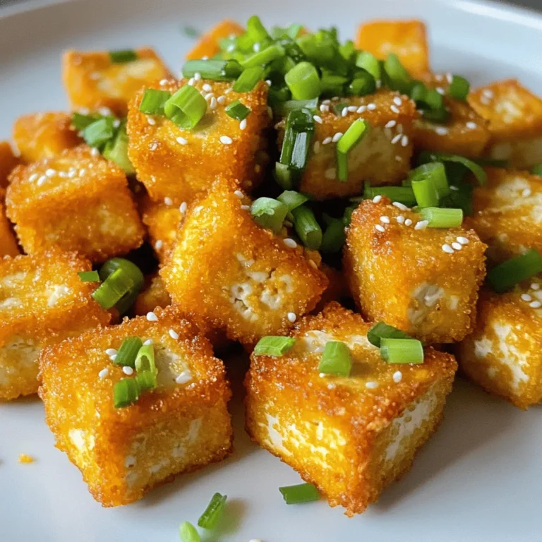 - 1 block firm tofu, drained and pressed - 2 tablespoons cornstarch - 2 tablespoons soy sauce - 1 tablespoon sesame oil - 1 teaspoon garlic powder - 1 teaspoon onion powder - 1 teaspoon smoked paprika - Salt and pepper to taste - Chopped green onions - Sesame seeds - Cooking spray (or olive oil spray) To make crispy air fryer tofu, gather these ingredients. Start with firm tofu. Drain and press it well. This step helps remove excess water. Next, you need cornstarch. It creates a crispy layer. Soy sauce and sesame oil add flavor. The garlic and onion powders enhance taste. Smoked paprika brings a subtle smokiness. Don’t forget salt and pepper for seasoning. For garnish, have green onions and sesame seeds ready. You can use cooking spray to prevent sticking. With these ingredients, you can create a tasty dish. Each item plays a role in making your tofu crispy and delicious. Want to see the full recipe? Check out the [Full Recipe]. - Preheat the air fryer to 375°F (190°C). - Cut the pressed tofu into bite-sized cubes, about 1 inch. - In a bowl, mix soy sauce, sesame oil, garlic powder, onion powder, smoked paprika, salt, and pepper. - Add the tofu cubes to the bowl and toss to coat. Let it sit for 10 minutes. - Sprinkle cornstarch over the marinated tofu and toss gently to coat each piece. - Grease the air fryer basket with cooking spray to prevent sticking. - Place the tofu cubes in a single layer in the basket. - Air fry at 375°F for 15-20 minutes. Shake the basket halfway for even cooking. - The tofu is ready when it's golden brown and crispy. This simple process leads to a tasty dish, as shown in the full recipe. - Use firm or extra-firm tofu for best results. - Press tofu for a minimum of 30 minutes for extra crispiness. Choosing the right tofu is key to getting that perfect crunch. Firm or extra-firm tofu holds its shape well during cooking. If you use soft tofu, it may turn mushy. Pressing the tofu removes excess water, which helps it crisp up. You can press it by wrapping it in a clean towel and placing a weight on top. Let it sit for at least 30 minutes. This step is simple yet vital for great texture. - Ensure tofu is in a single layer for even cooking. - Experiment with different air fryer settings if available. When you air fry, arrange the tofu in a single layer. This allows hot air to circulate around each piece. If they overlap, some pieces may stay soft. If your air fryer has settings for different foods, try them! Adjusting the temperature or time can help you find your perfect crisp. - Pair with your favorite dipping sauces. - Serve as an appetizer or add to salads and grain bowls. Crispy air fryer tofu tastes great on its own, but dipping sauces can elevate it! Try soy sauce, sweet chili sauce, or spicy sriracha. You can serve the tofu as an appetizer or toss it in salads and grain bowls. It adds protein and crunch to any meal. Whether you enjoy it plain or dressed up, this tofu is sure to please! For the full recipe, check out the section above. {{image_2}} You can switch up the taste of your crispy air fryer tofu easily. Try using different sauces for marinating. Teriyaki sauce adds a sweet touch, while spicy sriracha gives a fiery kick. You can also mix in fresh herbs like thyme or rosemary. These herbs bring a nice aroma and depth to the dish. Experimenting with flavors keeps your meals fun and exciting. Air frying is great, but you have other options. Baking tofu in the oven works well too. Set your oven to 400°F (200°C) for about 25-30 minutes. This method gives the tofu a nice crunch. Another option is pan-frying. Heat a little oil in a skillet and cook until golden. This method gives the tofu a different texture and flavor. Adjusting your seasonings can make a big difference. You might like more garlic or paprika. Personalize the seasoning levels to fit your taste. If you love spice, add chili flakes for a hot kick. This small change can elevate your dish and make it truly your own. You can find the full recipe [here](#). To store leftover tofu, place it in an airtight container. This keeps it fresh. I recommend eating it within three days. Tofu can lose its flavor and texture if kept longer. To reheat tofu, use the air fryer or oven. This helps keep the crispiness. Avoid using the microwave. Microwaving can make the tofu soggy and unappealing. Can tofu be frozen? Yes, it can. However, the texture may change after freezing. It’s best to freeze tofu before cooking it. Press and cube the tofu first for best results. This way, you prepare it well for cooking later. You can bake or pan-fry tofu. For baking, preheat your oven to 400°F (200°C). Cut the tofu into cubes and coat them with oil and cornstarch. Spread the cubes on a baking sheet. Bake for 25-30 minutes until golden. For pan-frying, heat oil in a skillet. Add the tofu cubes and cook until crispy on all sides. Both methods yield tasty, crispy tofu. Silken tofu is softer and won't crisp as well. It may break apart easily. If you want to use silken tofu, try using it in soups or sauces instead. For crispy tofu, stick with firm or extra-firm varieties. They hold their shape and absorb flavors better. Try these tasty sauces: - Soy sauce mixed with sesame oil - Spicy sriracha mayo - Sweet chili sauce - Peanut sauce These sauces add flavor and make the tofu shine. You can mix and match based on your taste! For more ideas, check the Full Recipe. In this blog post, I shared tips for making crispy air fryer tofu. We discussed key ingredients like firm tofu, cornstarch, and flavorful seasonings. You learned how to marinate and cook the tofu for the best crunch. I also included storage tips and variations to keep your meals exciting. Crispy tofu is easy to prepare and very versatile. Try it with different sauces or in your favorite dishes. Enjoy your cooking journey and savor every bite of your delicious creations!