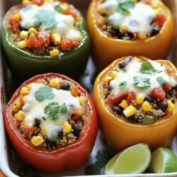 To make tasty quinoa stuffed peppers, gather these main ingredients: - 4 large bell peppers (any color) - 1 cup quinoa, rinsed - 2 cups vegetable broth - 1 can (15 oz) black beans, drained and rinsed - 1 can (15 oz) diced tomatoes, drained - 1 cup corn (fresh, frozen, or canned) - 1 small red onion, diced - 2 garlic cloves, minced - 1 teaspoon cumin - 1 teaspoon chili powder - Salt and pepper to taste - 1 cup shredded cheese (cheddar or a blend) - Fresh cilantro, for garnish - Lime wedges, for serving These ingredients come together to create a filling and healthy meal. You can customize your stuffed peppers with a few fun twists. Here are some ideas: - Add meat: Ground turkey or beef can make the dish heartier. - Use different grains: Try brown rice or farro for a change. - Add veggies: Spinach or zucchini boosts the veggie content. - Change the cheese: Feta or pepper jack gives a new flavor. These variations keep the dish exciting and cater to different tastes. Quinoa stuffed peppers are not just tasty; they are healthy too! Here’s a quick look at the benefits: - High in protein: Quinoa and black beans are great protein sources. - Rich in fiber: The beans and veggies help with digestion. - Low in fat: This dish is light, especially if you skip extra cheese. - Vitamins and minerals: Bell peppers are packed with vitamin C and antioxidants. Making this dish keeps your meal healthy and satisfying. You can find the full recipe above to get started on your delicious cooking adventure! Start by preheating your oven to 375°F (190°C). While it heats, grab your bell peppers. Cut off the tops and scoop out the seeds and membranes. This helps the peppers cook evenly. Place the peppers upright in a baking dish. Make sure they stand steady. This step helps hold in all the tasty filling. In a medium saucepan, mix your rinsed quinoa with vegetable broth. Turn up the heat and bring it to a boil. Once boiling, lower the heat, cover it, and let it simmer. This should take about 15 minutes. The quinoa will become fluffy and absorb all the liquid. Keep an eye on it to avoid burning! Now, it's time to sauté your veggies. Heat a large skillet over medium heat. Add the diced red onion and minced garlic. Cook them for about 3-4 minutes. You want them to be soft and clear. Next, stir in the black beans, diced tomatoes, and corn. Add cumin, chili powder, salt, and pepper. Cook this for another 5 minutes. Everything should be hot and well-mixed. Once done, add the cooked quinoa to the skillet. Mix it all together. Remove it from heat and stir in half of the cheese. This makes the filling creamy and rich. For the full recipe, follow the instructions to stuff and bake your peppers. Enjoy your delicious creation! To cook quinoa just right, rinse it first. Rinsing removes bitter saponins. Use a pot and add one cup of quinoa with two cups of vegetable broth. Bring it to a boil, then lower the heat. Cover and let it simmer for about 15 minutes. You will know it's done when all the liquid is absorbed, and it looks fluffy. Fluff it with a fork for best results. To make sure your peppers are tender, choose large, firm ones. Cut off the tops and remove the seeds. Place them upright in a baking dish. Cover with foil before baking. Bake them for 25 minutes covered and then 10 minutes uncovered. This method steams the peppers and helps them cook evenly. You want them soft but still holding their shape. Quinoa stuffed peppers shine with fresh toppings. Try garnishing with chopped cilantro for a bright taste. Lime wedges add a zesty kick that enhances the flavors. You can serve them with a side salad or some avocado slices. Enjoy them warm for a hearty meal. For a twist, drizzle some hot sauce or yogurt on top. For the full recipe, check the detailed section above. {{image_2}} Want to add meat to your quinoa stuffed peppers? You can! Ground turkey or beef works great. Just cook the meat in the skillet before adding the veggies. Use about one pound of meat. Brown it first, then add the onions and garlic. Mix the cooked quinoa with the meat for a hearty meal. This adds protein and flavor to your dish. If you're looking for a vegan option, it's easy to make swaps. Instead of cheese, use vegan cheese or skip it altogether. You can add more veggies like zucchini or spinach for added nutrition. Tofu crumbles also work well. Just sauté them with the onions and garlic. This keeps the dish tasty and vegan-friendly. Do you like it spicy? You can adjust the heat level easily. Add chopped jalapeños or a pinch of cayenne pepper to your quinoa mix. For a milder option, use sweet paprika instead of chili powder. You can also serve hot sauce on the side for those who want more heat. This way, everyone can enjoy their meal just the way they like it. For more delicious ideas, check out the Full Recipe! To store leftover stuffed peppers, first let them cool down. Once they are cool, wrap each pepper in plastic wrap or foil. You can also place them in an airtight container. This keeps the peppers fresh and helps avoid drying out. Store them in the fridge for up to 3 days. To reheat your stuffed peppers, preheat the oven to 350°F (175°C). Place the peppers in a baking dish. You can add a splash of water to help steam them. Cover the dish with foil to keep moisture in. Bake for about 20 minutes, or until heated through. You can also microwave them on a microwave-safe plate. Microwave for 2-3 minutes, checking halfway. If you want to freeze your stuffed peppers, use freezer-safe containers or bags. Wrap each pepper tightly in plastic wrap before placing them in the container. You can freeze them for up to 3 months. When ready to eat, thaw them overnight in the fridge. Reheat as mentioned above. This way, you can enjoy a healthy meal anytime! For the full recipe, be sure to check out the detailed steps. Yes, you can use other grains. Brown rice or farro works well. These grains have a nice texture and flavor. Just make sure to cook them first. Adjust the cooking time based on the grain you choose. Quinoa is light and fluffy, but others can add a hearty bite. Cooked stuffed peppers last about 3 to 5 days in the fridge. Store them in an airtight container. Ensure they cool before sealing to keep them fresh. Reheat them in the oven or microwave when you're ready to eat. They taste great even after a few days! Quinoa stuffed peppers pair well with a fresh salad. A simple green salad adds a nice crunch. You can also serve them with salsa or guacamole for extra flavor. For a heartier meal, enjoy with a side of rice or crusty bread. These sides balance the meal beautifully. Quinoa stuffed peppers are a healthy and tasty dish you can make easily. We covered the right ingredients, cooking methods, and creative variations. You learned how to cook quinoa perfectly and ensure your peppers are tender. Remember, you can customize this recipe to fit any diet. In summary, stuffed peppers are fun, delicious, and good for you. Enjoy trying different flavors and serving them to friends and family!
