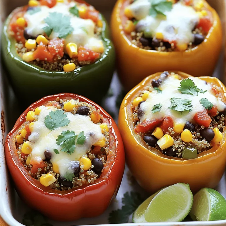 To make tasty quinoa stuffed peppers, gather these main ingredients: - 4 large bell peppers (any color) - 1 cup quinoa, rinsed - 2 cups vegetable broth - 1 can (15 oz) black beans, drained and rinsed - 1 can (15 oz) diced tomatoes, drained - 1 cup corn (fresh, frozen, or canned) - 1 small red onion, diced - 2 garlic cloves, minced - 1 teaspoon cumin - 1 teaspoon chili powder - Salt and pepper to taste - 1 cup shredded cheese (cheddar or a blend) - Fresh cilantro, for garnish - Lime wedges, for serving These ingredients come together to create a filling and healthy meal. You can customize your stuffed peppers with a few fun twists. Here are some ideas: - Add meat: Ground turkey or beef can make the dish heartier. - Use different grains: Try brown rice or farro for a change. - Add veggies: Spinach or zucchini boosts the veggie content. - Change the cheese: Feta or pepper jack gives a new flavor. These variations keep the dish exciting and cater to different tastes. Quinoa stuffed peppers are not just tasty; they are healthy too! Here’s a quick look at the benefits: - High in protein: Quinoa and black beans are great protein sources. - Rich in fiber: The beans and veggies help with digestion. - Low in fat: This dish is light, especially if you skip extra cheese. - Vitamins and minerals: Bell peppers are packed with vitamin C and antioxidants. Making this dish keeps your meal healthy and satisfying. You can find the full recipe above to get started on your delicious cooking adventure! Start by preheating your oven to 375°F (190°C). While it heats, grab your bell peppers. Cut off the tops and scoop out the seeds and membranes. This helps the peppers cook evenly. Place the peppers upright in a baking dish. Make sure they stand steady. This step helps hold in all the tasty filling. In a medium saucepan, mix your rinsed quinoa with vegetable broth. Turn up the heat and bring it to a boil. Once boiling, lower the heat, cover it, and let it simmer. This should take about 15 minutes. The quinoa will become fluffy and absorb all the liquid. Keep an eye on it to avoid burning! Now, it's time to sauté your veggies. Heat a large skillet over medium heat. Add the diced red onion and minced garlic. Cook them for about 3-4 minutes. You want them to be soft and clear. Next, stir in the black beans, diced tomatoes, and corn. Add cumin, chili powder, salt, and pepper. Cook this for another 5 minutes. Everything should be hot and well-mixed. Once done, add the cooked quinoa to the skillet. Mix it all together. Remove it from heat and stir in half of the cheese. This makes the filling creamy and rich. For the full recipe, follow the instructions to stuff and bake your peppers. Enjoy your delicious creation! To cook quinoa just right, rinse it first. Rinsing removes bitter saponins. Use a pot and add one cup of quinoa with two cups of vegetable broth. Bring it to a boil, then lower the heat. Cover and let it simmer for about 15 minutes. You will know it's done when all the liquid is absorbed, and it looks fluffy. Fluff it with a fork for best results. To make sure your peppers are tender, choose large, firm ones. Cut off the tops and remove the seeds. Place them upright in a baking dish. Cover with foil before baking. Bake them for 25 minutes covered and then 10 minutes uncovered. This method steams the peppers and helps them cook evenly. You want them soft but still holding their shape. Quinoa stuffed peppers shine with fresh toppings. Try garnishing with chopped cilantro for a bright taste. Lime wedges add a zesty kick that enhances the flavors. You can serve them with a side salad or some avocado slices. Enjoy them warm for a hearty meal. For a twist, drizzle some hot sauce or yogurt on top. For the full recipe, check the detailed section above. {{image_2}} Want to add meat to your quinoa stuffed peppers? You can! Ground turkey or beef works great. Just cook the meat in the skillet before adding the veggies. Use about one pound of meat. Brown it first, then add the onions and garlic. Mix the cooked quinoa with the meat for a hearty meal. This adds protein and flavor to your dish. If you're looking for a vegan option, it's easy to make swaps. Instead of cheese, use vegan cheese or skip it altogether. You can add more veggies like zucchini or spinach for added nutrition. Tofu crumbles also work well. Just sauté them with the onions and garlic. This keeps the dish tasty and vegan-friendly. Do you like it spicy? You can adjust the heat level easily. Add chopped jalapeños or a pinch of cayenne pepper to your quinoa mix. For a milder option, use sweet paprika instead of chili powder. You can also serve hot sauce on the side for those who want more heat. This way, everyone can enjoy their meal just the way they like it. For more delicious ideas, check out the Full Recipe! To store leftover stuffed peppers, first let them cool down. Once they are cool, wrap each pepper in plastic wrap or foil. You can also place them in an airtight container. This keeps the peppers fresh and helps avoid drying out. Store them in the fridge for up to 3 days. To reheat your stuffed peppers, preheat the oven to 350°F (175°C). Place the peppers in a baking dish. You can add a splash of water to help steam them. Cover the dish with foil to keep moisture in. Bake for about 20 minutes, or until heated through. You can also microwave them on a microwave-safe plate. Microwave for 2-3 minutes, checking halfway. If you want to freeze your stuffed peppers, use freezer-safe containers or bags. Wrap each pepper tightly in plastic wrap before placing them in the container. You can freeze them for up to 3 months. When ready to eat, thaw them overnight in the fridge. Reheat as mentioned above. This way, you can enjoy a healthy meal anytime! For the full recipe, be sure to check out the detailed steps. Yes, you can use other grains. Brown rice or farro works well. These grains have a nice texture and flavor. Just make sure to cook them first. Adjust the cooking time based on the grain you choose. Quinoa is light and fluffy, but others can add a hearty bite. Cooked stuffed peppers last about 3 to 5 days in the fridge. Store them in an airtight container. Ensure they cool before sealing to keep them fresh. Reheat them in the oven or microwave when you're ready to eat. They taste great even after a few days! Quinoa stuffed peppers pair well with a fresh salad. A simple green salad adds a nice crunch. You can also serve them with salsa or guacamole for extra flavor. For a heartier meal, enjoy with a side of rice or crusty bread. These sides balance the meal beautifully. Quinoa stuffed peppers are a healthy and tasty dish you can make easily. We covered the right ingredients, cooking methods, and creative variations. You learned how to cook quinoa perfectly and ensure your peppers are tender. Remember, you can customize this recipe to fit any diet. In summary, stuffed peppers are fun, delicious, and good for you. Enjoy trying different flavors and serving them to friends and family!