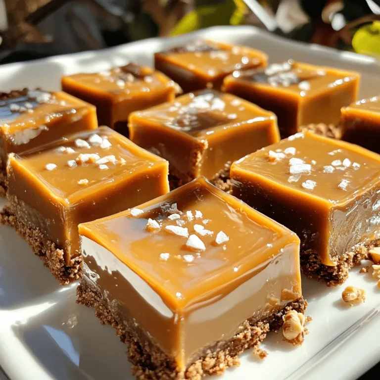 To make these no-bake salted caramel bars, you need a few key ingredients. Each one works together to create a rich, sweet treat. Here is what you'll need: - 1 cup graham cracker crumbs - 1/2 cup unsweetened cocoa powder - 1/2 cup melted coconut oil - 1/4 cup maple syrup - 1 cup dates, pitted and packed - 1 cup creamy almond butter - 1/2 cup almond milk - 1 teaspoon vanilla extract - 1/2 teaspoon sea salt (plus more for topping) Each measurement plays a big role in the final taste. For example, the graham cracker crumbs give a crunchy base. The cocoa powder adds a deep chocolate flavor. Coconut oil helps bind the ingredients while keeping them rich. Maple syrup adds sweetness that balances well with the salt. You can easily swap some ingredients if needed. For a gluten-free option, use gluten-free graham crackers instead. If you want to avoid almond butter, try peanut butter or sunflower seed butter. You can also use honey in place of maple syrup. Just note that it may change the taste slightly. Making No-Bake Salted Caramel Bars is simple. You need just a few easy steps. Gather your ingredients first. Prep takes only 15 minutes. The bars need to chill for at least 2 hours. 1. Mix the Base: In a large bowl, blend graham cracker crumbs and cocoa powder. Add melted coconut oil and maple syrup. Stir until all is well mixed. 2. Form the Crust: Press this mixture into a lined 9x9 inch baking dish. Use the back of a measuring cup to make it even. Compact it tightly to form a good base. 3. Make the Caramel Layer: In a food processor, blend pitted dates, almond butter, almond milk, vanilla extract, and sea salt. Blend until smooth. Stop to scrape down the sides as needed. 4. Pour and Spread: Pour this creamy date mixture over the crust. Spread it evenly across the top. 5. Add Sea Salt: Sprinkle a pinch of sea salt on top. This gives a nice sweet and salty contrast. 6. Chill: Place the dish in the fridge for at least 2 hours. This helps the bars set well. 7. Cut and Serve: After chilling, lift the bars out using the parchment paper. Cut into squares or bars based on your preference. - Check the date mixture while blending. It should be smooth and creamy, not chunky. If it’s too thick, add a bit more almond milk. - When spreading the caramel layer, ensure it covers the crust completely. This helps each bite have the right flavor. - If the bars feel too soft after chilling, let them chill longer. They should be firm enough to hold their shape. For the full recipe, don't forget to refer back to the details provided. For great texture, make sure to pack the graham cracker base tightly. This helps it hold together. When blending dates, ensure they turn smooth. If the mix feels too thick, add a splash more almond milk. After chilling, the bars should be firm yet creamy. Don't rush the chill time; it’s key for the right texture. One common mistake is not measuring ingredients correctly. Always use dry measuring cups for dry items. If you skip the parchment paper, it can be tough to lift the bars out. Another issue is not blending the date mixture enough. You want it smooth, not lumpy. If it looks gritty, blend more. You can boost flavor by adding a pinch of cinnamon or a splash of almond extract. For a nutty crunch, sprinkle chopped nuts on top before chilling. A drizzle of melted dark chocolate can make it even more special. Try adding a layer of fruit, like sliced bananas, for a fresh twist. {{image_2}} You can play with flavors in these no-bake salted caramel bars. Try adding a pinch of cinnamon for warmth. You can also mix in some crushed nuts for crunch. Want a fruity twist? Add dried fruit like cranberries or cherries. For a chocolate lover's dream, sprinkle mini chocolate chips into the caramel layer. Each variation keeps the base recipe but adds fun new tastes. Making these bars vegan is easy. Use maple syrup, almond butter, and coconut oil as your base. They are already vegan-friendly. For gluten-free options, be sure to use gluten-free graham cracker crumbs. Most dark chocolate is gluten-free too, so you can still enjoy added chocolate goodness without worry. If you want a chewier bar, use more dates in the mix. This gives the bars a more caramel-like feel. For a firmer texture, add a bit more almond butter or cocoa powder. Adjust the almond milk for creaminess. Too much milk makes bars too soft, while too little makes them dry. You can find your perfect balance with these simple swaps. To keep your no-bake salted caramel bars fresh, store them in an airtight container. Place parchment paper between layers to prevent sticking. This method helps maintain their texture and taste. These bars last about five days in the fridge. For longer storage, freeze them. Wrap each bar in plastic wrap. Then, place them in a freezer-safe bag. They can stay good for up to three months in the freezer. If your bars feel a bit dry after freezing, try this simple trick. Let them thaw in the fridge. Then, drizzle a little almond milk over the top. This adds moisture and brings back some of their creaminess. Enjoy your delicious treat again! For the full recipe, check out the earlier section. Yes, you can use any nut butter you like. Almond butter gives a nice flavor, but peanut butter works too. If you want a nut-free option, try sunflower seed butter. Each choice adds its own taste, so feel free to experiment! To cut down the sweetness, use less maple syrup. You can also add more cocoa powder for a richer flavor without extra sugar. Another option is to use unsweetened nut butter. Adjusting these ingredients helps balance the sweetness to your liking. No worries! You can crush any cookies you have at home. Digestive biscuits work well too. If you want a gluten-free option, use gluten-free cookies or oats. Just make sure to grind them to a fine crumb for the base. These bars need at least 2 hours in the fridge to set firmly. If you want them to be extra firm, let them chill for longer. The longer they sit, the easier they are to slice. Just check before serving! Absolutely! You can mix in some melted dark chocolate for extra flavor. Just pour it over the caramel layer before chilling. You can also sprinkle chocolate chips on top for a fun twist. It will make your bars even more delicious! For the full recipe, check out the No-Bake Salted Caramel Bars. In this post, we explored the key ingredients for no-bake salted caramel bars and detailed step-by-step instructions. We shared tips for perfecting texture, avoiding mistakes, and enhancing flavors. You also learned about variations, dietary adjustments, and smart storage methods. These bars are simple to make, and they taste great. Try mixing in different flavors or textures. Enjoy your baking journey, and remember to have fun while experimenting!