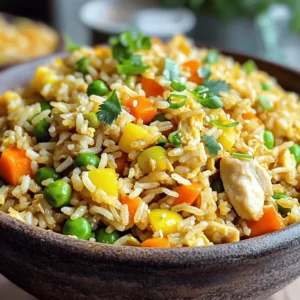- 2 cups cooked jasmine or basmati rice (preferably day-old) - 1 lb chicken breast, diced - 2 tablespoons soy sauce - 1 tablespoon sesame oil - 1 cup mixed vegetables (peas, carrots, bell peppers) - 2 garlic cloves, minced - 1 small onion, finely chopped - 3 green onions, chopped - 2 eggs, beaten - Salt and pepper to taste - Optional: chili flakes for heat When I make chicken fried rice, I love using day-old rice. It clumps nicely and fries well. Fresh rice often gets mushy. Diced chicken breast brings protein and flavor. You can easily swap it out for shrimp or tofu if you prefer. Soy sauce adds a savory touch. Sesame oil gives a nice nutty flavor. I often add peas, carrots, and bell peppers for color and crunch. Aromatics like garlic and onion build a strong base. Green onions add a fresh bite at the end. If you want some heat, add chili flakes for a spicy kick. Beat some eggs if you like. They add richness and texture. Feel free to adjust salt and pepper to suit your taste. Check out the Full Recipe for more details on preparing this dish! - Prep Your Ingredients: Ensure your cooked rice is cold and clumped together. Chop and dice your chicken and vegetables. Having everything ready makes cooking easier and faster. - Cook the Chicken: Heat 1 tablespoon of sesame oil in a large skillet. Stir-fry the chicken until it turns golden brown, about 5-7 minutes. Set the chicken aside when done. - Sauté Aromatics and Veggies: In the same skillet, add a bit more oil if needed. Toss in the chopped onion and minced garlic. Cook for 1-2 minutes until they smell great. Then, add the mixed vegetables and cook for another 3-4 minutes until softened. - Scramble the Eggs: Push the veggies to one side of the skillet. Pour the beaten eggs into the empty space. Scramble them until just cooked, then mix them into the vegetables. - Add Rice and Chicken: Add the cold rice to the skillet with the cooked chicken. Drizzle with soy sauce and stir well. Break apart any rice clumps as you mix everything together. Cook for another 3-5 minutes for a light fry. - Final Touches: Stir in the chopped green onions. You can add chili flakes if you like some heat. Adjust the seasoning with more soy sauce, salt, or pepper if needed. Serve hot and enjoy your meal! For the complete recipe, check out the Full Recipe section. For chicken fried rice, I recommend jasmine or basmati rice. These types have the right texture and flavor. Jasmine rice is slightly sticky, which helps it clump together well when frying. Basmati rice is fluffy, which adds a nice bite to your dish. Using day-old rice is key. Fresh rice can be too wet and make your meal mushy. To elevate your chicken fried rice, consider adding extra sauces or spices. Soy sauce is a must, but you can also try oyster sauce for depth. A splash of rice vinegar adds brightness. If you enjoy heat, sprinkle in some chili flakes or a little sriracha. Fresh herbs like cilantro or basil can also brighten the dish. For the best results, use a large skillet or wok. A wok heats evenly and allows for great stir-frying. If using a skillet, make sure it has high sides. This helps when tossing your ingredients. Preheat your skillet well before adding oil. This step ensures your rice fries nicely instead of steaming. {{image_2}} You can switch up the protein in your chicken fried rice. Shrimp adds a nice seafood twist. Just make sure to cook the shrimp until pink and firm. Tofu is a great option for a plant-based meal. Use firm tofu, pressed and cubed, to get a nice texture. Beef can also work well. Choose flank steak or sirloin for quick cooking. Simply slice it thinly and stir-fry until browned. Each protein brings its own flavor and texture to the dish. Want a meatless version? It’s easy! Use tofu or just load up on veggies. A mix of bell peppers, broccoli, and snap peas gives you great taste. You can make a simple soy sauce mix to season it. Add a dash of sesame oil for rich flavor. This way, you still enjoy delicious fried rice without any meat. Perfect for vegans and vegetarians! To make your fried rice more fun, add extra ingredients. Pineapple chunks give a sweet bite that pairs well with savory flavors. Eggplant can add a unique texture too. Just cube it and sauté it with the other veggies. You can also toss in some spinach or zucchini for more color and nutrients. These additions bring variety and keep your taste buds excited. To store your chicken fried rice, place it in an airtight container. Make sure it cools first. This helps keep the rice fresh in the fridge. It can last for 3 to 4 days. If you want to keep it longer, consider freezing it instead. To freeze your fried rice, follow these steps: - Let the rice cool completely. - Scoop it into freezer-safe bags or containers. - Remove as much air as possible to prevent freezer burn. - Label with the date and freeze for up to 3 months. This way, you can enjoy your chicken fried rice later! When reheating your chicken fried rice, avoid losing its flavor. Here are some good methods: - Stovetop: Place rice in a skillet with a splash of water. Cover and heat over low. Stir occasionally until hot. - Microwave: Use a microwave-safe bowl. Add a few drops of water. Cover loosely and heat in 1-minute bursts, stirring in between. These methods keep your fried rice tasty and prevent it from becoming dry. Answer: Generally, 3-4 days when stored in an airtight container. It’s best to cool it down before putting it in the fridge. This helps keep it fresh. Answer: Yes, frozen mixed vegetables can be a convenient option for this recipe. They save time and add color. Just toss them in while cooking. They will heat up quickly in the pan. Answer: Day-old jasmine or basmati rice is ideal as it’s less sticky. Freshly cooked rice can be too soft and clumpy. Day-old rice has a firmer texture and fries better. Answer: Yes, it's a great make-ahead meal and can be stored for later use. You can cook it in advance and reheat it when you’re ready to eat. This saves time on busy nights. Answer: Yes, all cooking can be done in one skillet or wok for easy clean-up. This makes the cooking process simple and fun. You won’t have to wash many dishes afterward! This chicken fried rice recipe is both simple and satisfying. You start with quality rice and fresh ingredients. The steps are clear and easy to follow; you can customize it to your taste. Don’t forget the tips for storage and reheat methods to keep it fresh. Whether you enjoy chicken or prefer veggie options, this dish is perfect for any meal. Now, get cooking and enjoy a tasty plate of fried rice!