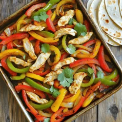 - 1 pound boneless, skinless chicken breasts, sliced into strips - 1 red bell pepper, sliced - 1 green bell pepper, sliced - 1 yellow onion, sliced - 3 tablespoons olive oil - 2 tablespoons fajita seasoning (store-bought or homemade) - 1 lime, juiced - Salt and pepper to taste The main ingredients in this dish are quite simple. The chicken gives you protein and makes the meal filling. The bell peppers and onion add flavor and color. Olive oil keeps everything moist and helps the spices stick. Fajita seasoning packs a punch, adding a mix of spices. Lime juice brightens the dish, making it fresh. - Flour or corn tortillas, for serving - Fresh cilantro, chopped (for garnish) Tortillas are an easy way to serve fajitas. They hold the juicy chicken and veggies well. You can choose flour or corn based on your taste. Fresh cilantro gives a nice touch and adds a pop of color. - Caloric value: About 350 calories per serving - Protein content: Roughly 30 grams per serving - Dietary restrictions: Gluten-free option available with corn tortillas This recipe is not only tasty but also nutritious. Each serving offers about 350 calories, making it a balanced meal. It has a good amount of protein, which is important for muscle health. If you need a gluten-free meal, just use corn tortillas instead of flour. For the full recipe, check out the detailed steps and tips. To start, slice the chicken and vegetables. Take one pound of boneless, skinless chicken breasts. Cut them into strips. Then, grab one red bell pepper, one green bell pepper, and one yellow onion. Slice these into thin strips too. Next, mix everything in a large bowl. Add the sliced chicken, red bell pepper, green bell pepper, and onion. Drizzle three tablespoons of olive oil over the mixture. Squeeze the juice of one lime over it too. This adds a nice zing! Now, sprinkle two tablespoons of fajita seasoning, along with some salt and pepper, over the mixture. Toss the ingredients together. Make sure everything is coated well. This step is key for flavor. Before you bake, preheat your oven to 400°F (200°C). This is essential for even cooking. While the oven heats, line a large baking sheet with parchment paper. This makes cleanup easy later. Once the oven is ready, spread the chicken and vegetables evenly across the prepared sheet pan. Lay them out in a single layer. This helps them cook properly without steaming. Bake in the preheated oven for 20 to 25 minutes. Check that the chicken is cooked through and the veggies are tender. You want them to be slightly charred for extra flavor. When done, remove the sheet pan from the oven. Let it cool for a couple of minutes before serving. This helps the juices settle. Serve the fajitas hot with warm tortillas. Don’t forget to top them with fresh cilantro! For the full recipe, check the earlier section. - Checking doneness: The best way to check if your chicken is done is to use a meat thermometer. Insert it into the thickest part of the chicken. It should read at least 165°F (74°C). If you don’t have a thermometer, cut into a piece of chicken. It should be white without any pink inside. - Avoiding dryness: To keep your chicken juicy, avoid overcooking. Bake just until it reaches the right temperature. Remember, the chicken will keep cooking a little after you take it out of the oven. - Marinating suggestions: Marinating your chicken can boost flavor. Use lime juice, olive oil, and fajita seasoning. Let it sit for at least 30 minutes. For more flavor, try adding garlic or chipotle peppers. - Additional spices to consider: You can mix in other spices like smoked paprika or cumin. These spices add depth and warmth to your dish. Try to experiment with different blends for unique tastes. - Best practices for serving on the table: Serve the fajitas straight from the sheet pan. This keeps them warm and sizzling. Let everyone build their own tortillas with the chicken and veggies. - Creative platter ideas: Use a large platter to display your fajitas. Add bowls with toppings like sour cream, guacamole, and salsa. This makes your meal look inviting and fun for guests. {{image_2}} You can easily switch up the protein in this recipe. If you want to use beef, try flank steak. Slice it thin and marinate it just like chicken. The flavors will still shine through. For a vegetarian twist, use chickpeas or tofu. Both options soak up flavors well. You can toss them in the same seasoning mix. This makes a tasty meal for everyone. Using seasonal veggies can elevate your fajitas. In summer, add zucchini and corn for a fresh taste. In autumn, try sweet potatoes or butternut squash. These veggies add sweetness and texture. Always adjust based on freshness. Check your local market for the best produce. This not only makes your dish better but also supports local farmers. You can change up the spice blend for more variety. Use smoked paprika for a deeper flavor. Add chili powder for a kick. Each spice mix can give a unique taste. You can also add sweetness with fruits. Pineapple chunks or mango slices can brighten your dish. They melt into the mix and offer a delightful contrast to savory flavors. For the full recipe, click [Full Recipe]. After enjoying your Sheet Pan Chicken Fajitas, store any leftovers in the fridge. Use airtight containers to keep them fresh. This way, the flavors stay locked in. Make sure to cool the fajitas before sealing the containers. They can last for about three to four days in the fridge. When you're ready to eat leftovers, reheating them properly is key. The best way is to use the oven. Preheat the oven to 350°F (175°C). Spread the fajitas on a baking sheet and heat for about 10-15 minutes. This keeps them crispy. If you're in a hurry, the microwave works too. Place the fajitas in a microwave-safe dish and cover it with a damp paper towel. Heat for about one to two minutes. Make sure to check if it's hot all the way through. Freezing fajitas is a great option for meal prep. To freeze, let the fajitas cool completely. Then, place them in freezer-safe bags or containers. Remove as much air as possible to prevent freezer burn. They can last up to three months in the freezer. When you're ready to enjoy them, thaw the fajitas overnight in the fridge. For a quick option, you can use the microwave to defrost. Make sure to heat them thoroughly before serving. Enjoy your flavorful meal anytime! Sheet pan chicken fajitas can last in the fridge for 3 to 4 days. Make sure to store them in an airtight container. If you want to keep them longer, freeze them. They can last up to 3 months in the freezer. Just make sure to thaw them in the fridge before reheating. Yes, you can prepare the chicken and veggies ahead of time. Slice the chicken and vegetables a day before. Mix them with oil and spices and store them in the fridge. This makes cooking quick and easy when you are ready to eat. Leftover fajitas are great for many meals. You can make fajita bowls with rice or quinoa. They also work well in tacos or wraps. Add them to omelets for breakfast or mix them into a salad for a tasty lunch. Absolutely! Sheet pan chicken fajitas are perfect for meal prep. You can portion them into containers for the week. Just reheat them when you are ready to eat. This makes it easy to have a healthy meal ready in no time. This blog post covered key ingredients for chicken fajitas, cooking steps, and tips for perfect dishes. I shared ideas for variations and how to store leftovers. You can adapt these fajitas to fit any taste or diet. The recipe is simple and great for meal prep. With proper cooking and storage, you can enjoy delicious meals all week. Dive into this tasty dish and make it your own!
