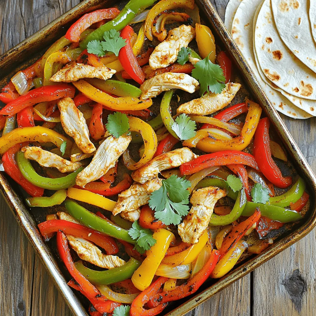 - 1 pound boneless, skinless chicken breasts, sliced into strips - 1 red bell pepper, sliced - 1 green bell pepper, sliced - 1 yellow onion, sliced - 3 tablespoons olive oil - 2 tablespoons fajita seasoning (store-bought or homemade) - 1 lime, juiced - Salt and pepper to taste The main ingredients in this dish are quite simple. The chicken gives you protein and makes the meal filling. The bell peppers and onion add flavor and color. Olive oil keeps everything moist and helps the spices stick. Fajita seasoning packs a punch, adding a mix of spices. Lime juice brightens the dish, making it fresh. - Flour or corn tortillas, for serving - Fresh cilantro, chopped (for garnish) Tortillas are an easy way to serve fajitas. They hold the juicy chicken and veggies well. You can choose flour or corn based on your taste. Fresh cilantro gives a nice touch and adds a pop of color. - Caloric value: About 350 calories per serving - Protein content: Roughly 30 grams per serving - Dietary restrictions: Gluten-free option available with corn tortillas This recipe is not only tasty but also nutritious. Each serving offers about 350 calories, making it a balanced meal. It has a good amount of protein, which is important for muscle health. If you need a gluten-free meal, just use corn tortillas instead of flour. For the full recipe, check out the detailed steps and tips. To start, slice the chicken and vegetables. Take one pound of boneless, skinless chicken breasts. Cut them into strips. Then, grab one red bell pepper, one green bell pepper, and one yellow onion. Slice these into thin strips too. Next, mix everything in a large bowl. Add the sliced chicken, red bell pepper, green bell pepper, and onion. Drizzle three tablespoons of olive oil over the mixture. Squeeze the juice of one lime over it too. This adds a nice zing! Now, sprinkle two tablespoons of fajita seasoning, along with some salt and pepper, over the mixture. Toss the ingredients together. Make sure everything is coated well. This step is key for flavor. Before you bake, preheat your oven to 400°F (200°C). This is essential for even cooking. While the oven heats, line a large baking sheet with parchment paper. This makes cleanup easy later. Once the oven is ready, spread the chicken and vegetables evenly across the prepared sheet pan. Lay them out in a single layer. This helps them cook properly without steaming. Bake in the preheated oven for 20 to 25 minutes. Check that the chicken is cooked through and the veggies are tender. You want them to be slightly charred for extra flavor. When done, remove the sheet pan from the oven. Let it cool for a couple of minutes before serving. This helps the juices settle. Serve the fajitas hot with warm tortillas. Don’t forget to top them with fresh cilantro! For the full recipe, check the earlier section. - Checking doneness: The best way to check if your chicken is done is to use a meat thermometer. Insert it into the thickest part of the chicken. It should read at least 165°F (74°C). If you don’t have a thermometer, cut into a piece of chicken. It should be white without any pink inside. - Avoiding dryness: To keep your chicken juicy, avoid overcooking. Bake just until it reaches the right temperature. Remember, the chicken will keep cooking a little after you take it out of the oven. - Marinating suggestions: Marinating your chicken can boost flavor. Use lime juice, olive oil, and fajita seasoning. Let it sit for at least 30 minutes. For more flavor, try adding garlic or chipotle peppers. - Additional spices to consider: You can mix in other spices like smoked paprika or cumin. These spices add depth and warmth to your dish. Try to experiment with different blends for unique tastes. - Best practices for serving on the table: Serve the fajitas straight from the sheet pan. This keeps them warm and sizzling. Let everyone build their own tortillas with the chicken and veggies. - Creative platter ideas: Use a large platter to display your fajitas. Add bowls with toppings like sour cream, guacamole, and salsa. This makes your meal look inviting and fun for guests. {{image_2}} You can easily switch up the protein in this recipe. If you want to use beef, try flank steak. Slice it thin and marinate it just like chicken. The flavors will still shine through. For a vegetarian twist, use chickpeas or tofu. Both options soak up flavors well. You can toss them in the same seasoning mix. This makes a tasty meal for everyone. Using seasonal veggies can elevate your fajitas. In summer, add zucchini and corn for a fresh taste. In autumn, try sweet potatoes or butternut squash. These veggies add sweetness and texture. Always adjust based on freshness. Check your local market for the best produce. This not only makes your dish better but also supports local farmers. You can change up the spice blend for more variety. Use smoked paprika for a deeper flavor. Add chili powder for a kick. Each spice mix can give a unique taste. You can also add sweetness with fruits. Pineapple chunks or mango slices can brighten your dish. They melt into the mix and offer a delightful contrast to savory flavors. For the full recipe, click [Full Recipe]. After enjoying your Sheet Pan Chicken Fajitas, store any leftovers in the fridge. Use airtight containers to keep them fresh. This way, the flavors stay locked in. Make sure to cool the fajitas before sealing the containers. They can last for about three to four days in the fridge. When you're ready to eat leftovers, reheating them properly is key. The best way is to use the oven. Preheat the oven to 350°F (175°C). Spread the fajitas on a baking sheet and heat for about 10-15 minutes. This keeps them crispy. If you're in a hurry, the microwave works too. Place the fajitas in a microwave-safe dish and cover it with a damp paper towel. Heat for about one to two minutes. Make sure to check if it's hot all the way through. Freezing fajitas is a great option for meal prep. To freeze, let the fajitas cool completely. Then, place them in freezer-safe bags or containers. Remove as much air as possible to prevent freezer burn. They can last up to three months in the freezer. When you're ready to enjoy them, thaw the fajitas overnight in the fridge. For a quick option, you can use the microwave to defrost. Make sure to heat them thoroughly before serving. Enjoy your flavorful meal anytime! Sheet pan chicken fajitas can last in the fridge for 3 to 4 days. Make sure to store them in an airtight container. If you want to keep them longer, freeze them. They can last up to 3 months in the freezer. Just make sure to thaw them in the fridge before reheating. Yes, you can prepare the chicken and veggies ahead of time. Slice the chicken and vegetables a day before. Mix them with oil and spices and store them in the fridge. This makes cooking quick and easy when you are ready to eat. Leftover fajitas are great for many meals. You can make fajita bowls with rice or quinoa. They also work well in tacos or wraps. Add them to omelets for breakfast or mix them into a salad for a tasty lunch. Absolutely! Sheet pan chicken fajitas are perfect for meal prep. You can portion them into containers for the week. Just reheat them when you are ready to eat. This makes it easy to have a healthy meal ready in no time. This blog post covered key ingredients for chicken fajitas, cooking steps, and tips for perfect dishes. I shared ideas for variations and how to store leftovers. You can adapt these fajitas to fit any taste or diet. The recipe is simple and great for meal prep. With proper cooking and storage, you can enjoy delicious meals all week. Dive into this tasty dish and make it your own!