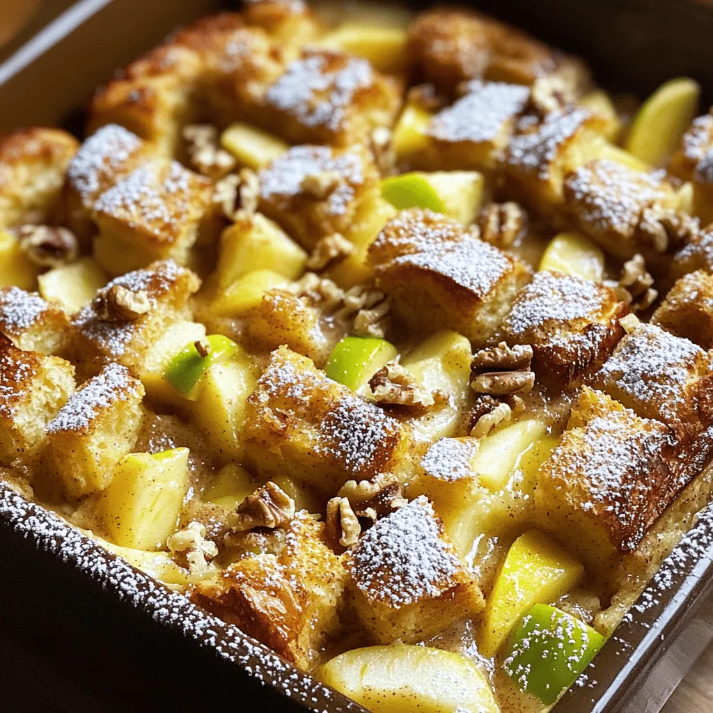 - Brioche Bread: This soft, buttery bread gives your casserole a rich flavor. Cut it into 1-inch cubes for the best texture. - Eggs and Dairy Products: Use 3 large eggs, 2 cups of whole milk, and 1/2 cup of heavy cream. These ingredients create a creamy base that binds the bread together. - Sweetening Agents and Spices: Brown sugar, vanilla extract, ground cinnamon, and nutmeg add depth. These flavors meld beautifully and make your casserole delightful. - Walnuts and Fruits: Chopped walnuts add crunch. Diced apples, like Granny Smith, bring a tart sweetness. You can mix both for a tasty twist. - Powdered Sugar: A light dusting of powdered sugar on top makes the casserole look fancy. It also adds a touch of sweetness without overpowering the dish. For the complete recipe, check out the Full Recipe. - Preheating the Oven Start by preheating your oven to 350°F (175°C). This ensures even baking. A hot oven helps the casserole rise and brown nicely. - Greasing the Baking Dish Next, grease a 9x13 inch baking dish. Use butter or cooking spray for easy cleanup. This step prevents sticking and makes serving simple. - Whisking the Wet Ingredients In a large bowl, whisk together the eggs, whole milk, heavy cream, brown sugar, vanilla extract, cinnamon, and nutmeg. Mix until everything blends smoothly. This mixture gives your casserole its rich flavor. - Incorporating the Bread Add the cubed brioche bread into the egg mixture. Gently fold the bread into the mix. This helps the bread soak up the flavors. Let it sit for about 10 minutes. This waiting time ensures the bread absorbs all the yummy liquids. - Covering and Baking Pour the mixture into the greased baking dish. Spread it out evenly. Then, cover the dish with aluminum foil. Bake for 30 minutes to let it cook through. - Final Baking Stage After 30 minutes, remove the foil. Bake for an extra 15 to 20 minutes. This makes the top golden brown. The center should feel set and firm. Once done, let it cool a bit before dusting with powdered sugar. Enjoy this warm, cozy treat! For the complete recipe, check out the Full Recipe. Choosing the right bread is key. I love using brioche for its soft texture. You can also try challah, which works well too. Avoid bread that is too dense, as it won't absorb flavors well. Next, allow time for absorption. After mixing the egg and milk mixture with the bread, let it sit. Ten minutes is ideal. This gives the bread time to soak up the liquid. If you skip this step, your casserole may turn out dry. You can prepare the casserole the night before. Just mix the ingredients and store it in the fridge. This saves time in the morning. When ready to bake, take it out of the fridge. Let it sit for a few minutes to warm up. This helps it cook evenly. For storing leftovers, keep them in an airtight container. You can enjoy the casserole for up to three days. Reheat in the oven or microwave. For the full recipe, check out the section above. {{image_2}} You can change the flavor of your baked French toast casserole in fun ways. - Adding Different Fruits: You can add any fruit you like. Strawberries, blueberries, or bananas work great. Chop them into small pieces and mix them in with the bread. This adds sweetness and color. If you want a tart kick, try using raspberries or blackberries. They pair well with the creamy texture too. - Using Different Bread Types: While brioche is soft and sweet, feel free to experiment. Use challah for a richer taste or sourdough for a bit of tang. Whole grain bread offers a healthy twist. You can even mix different breads for unique flavors and textures. Toppings make your casserole even more special. Here are some ideas: - Syrups and Compotes: Maple syrup is classic, but you can try fruit syrups too. A berry compote adds a fresh taste. Just cook down your favorite berries with a bit of sugar. Pour it over the casserole for a colorful touch. - Nut Butters or Chocolate: Spread peanut butter or almond butter on top for a nutty flavor. Drizzle melted chocolate for a sweet treat. You can even mix these with the fruit for a delightful twist. These toppings add richness and keep things exciting. For the full recipe, follow the steps in the Cinnamon Apple Baked French Toast Casserole section. Enjoy the endless possibilities of toppings and flavors! To keep your baked French toast casserole fresh, store leftovers in an airtight container. This will help preserve flavor and texture. If you do not have a container, you can cover it tightly with plastic wrap or aluminum foil. Store it in the fridge as soon as it cools. Storage Duration: You can keep the casserole in the refrigerator for about three to four days. If you want to enjoy it later, freezing is a great option. Freezing Before Baking: You can freeze the casserole before baking. Assemble it in the dish but do not bake it. Cover it tightly with plastic wrap, then foil. This keeps out air and prevents freezer burn. It can last in the freezer for up to two months. Thawing and Reheating: To use the frozen casserole, take it out and let it thaw overnight in the fridge. Once thawed, you can bake it as directed in the Full Recipe. If you need it fast, you can bake it straight from the freezer. Just add about 10-15 minutes to the baking time. Enjoy your tasty dish! The best bread for French toast casserole is brioche. Brioche is soft, sweet, and holds moisture well. It gives a rich flavor to the dish. You can also use challah or French bread. Both options absorb the egg mixture nicely. Yes, you can make this recipe gluten-free. Use gluten-free bread that you enjoy. Many brands offer gluten-free options that work well. Just ensure the other ingredients, like milk and eggs, are also gluten-free. You can store leftovers in the fridge for up to three days. Place the casserole in an airtight container to keep it fresh. Reheat individual portions in the microwave or oven for the best taste. Absolutely! You can prepare the casserole the night before. Just follow the recipe but stop before baking. Cover it and place it in the fridge. In the morning, simply bake it as directed. Reheat the casserole in the oven for the best results. Preheat the oven to 350°F (175°C) and cover the dish with foil. Bake for about 15-20 minutes until warm. You can also use a microwave for quick reheating. You can add many toppings to enhance the flavor. Some favorites include fresh fruits like berries or bananas. Nuts, whipped cream, or maple syrup also work great. Get creative and mix what you love. Yes, this dish is perfect for brunch! It looks beautiful and tastes amazing. Guests will love the warm, sweet flavors. Pair it with coffee or juice for a complete meal. Yes, you can freeze the casserole. Prepare it as directed, but do not bake it. Cover it well and freeze for up to two months. When ready, thaw it overnight in the fridge and bake as usual. You can find the full recipe for this delicious Cinnamon Apple Baked French Toast Casserole in the article above. In this blog post, we covered how to make a tasty French toast casserole. You learned about key ingredients like brioche bread and eggs, plus optional toppings such as walnuts. The step-by-step instructions showed you how to mix, bake, and perfect your dish. I shared tips on storing and making it ahead of time. Finally, we explored fun variations and FAQs. Now you have all the tools to create a delightful casserole. Enjoy every bite!