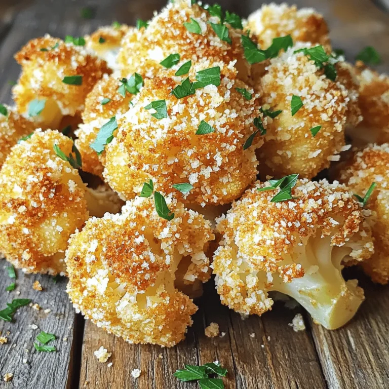 To make Crispy Garlic Parmesan Cauliflower, you will need: - 1 medium head of cauliflower, cut into florets - 1 cup all-purpose flour - 1 cup buttermilk (or non-dairy milk mixed with 1 tablespoon of vinegar) - 1 teaspoon garlic powder - 1 teaspoon onion powder - 1 teaspoon smoked paprika - 1 teaspoon black pepper - ½ teaspoon salt - 1 cup panko breadcrumbs - ½ cup grated Parmesan cheese - 2 tablespoons chopped fresh parsley (for garnish) - Olive oil spray Each ingredient plays a key role in making the dish tasty and crispy. The flour and buttermilk create a great base. The panko breadcrumbs give that crispy texture we all love. You can switch ingredients based on your needs. For gluten-free options, use gluten-free flour and gluten-free breadcrumbs. If you want to skip dairy, try almond milk or oat milk instead of buttermilk. Both give a nice taste without the dairy. If you don’t have smoked paprika, regular paprika works too. You can also add a pinch of cayenne for a spicy kick. Just adjust the amount to your liking. Using fresh ingredients is very important. Fresh cauliflower tastes better and has better texture. Fresh parsley adds a pop of color and flavor. Always check the quality of your ingredients. They make a big difference in your dish. The better your ingredients, the better your Crispy Garlic Parmesan Cauliflower will taste. For the full recipe, you can refer to the details above. Enjoy cooking! Start with a medium head of cauliflower. Cut it into bite-sized florets. Make sure the pieces are even. This helps them cook well. Rinse the florets under cold water. Pat them dry with a towel. Removing moisture is key to crispiness. In a large bowl, mix the dry ingredients. Combine flour, garlic powder, onion powder, smoked paprika, black pepper, and salt. Whisk them until they blend well. In a separate bowl, pour in the buttermilk. Dip each floret in the buttermilk, letting the excess drip off. Coat it in the flour mix, shaking off extra flour. Repeat this step. Dip the floret back into the buttermilk. Then, coat it in panko breadcrumbs mixed with Parmesan cheese. Press gently so it sticks well. Preheat your oven to 425°F (220°C). Line a baking sheet with parchment paper. Arrange the coated florets in a single layer. Make sure they are not touching. Lightly spray them with olive oil. This helps achieve a nice golden color. Bake for 20-25 minutes. Turn them halfway for even cooking. Once golden brown, remove them from the oven. Let them cool for a few minutes. Garnish with fresh parsley for a lovely touch. For the full recipe, check the link. To get your cauliflower super crispy, use panko breadcrumbs. They are lighter than regular ones. Also, spray olive oil on the florets. This helps them brown nicely. Bake at a high heat of 425°F (220°C). Flip halfway through for even crispiness. Let them cool for a few minutes after baking. This step makes them crunchier. You can add more taste easily. Try adding herbs like thyme or rosemary. A sprinkle of cayenne pepper can give a kick. For a cheesy twist, use more Parmesan or nutritional yeast for a vegan option. You can even toss in some lemon zest for a bright flavor. Mix and match to find your favorite combo. Don’t skip the buttermilk soak. This step helps the flour stick well. Avoid overcrowding the pan; give them space to crisp up. If they touch, they will steam instead of bake. Lastly, don’t skip the olive oil spray. It is key for that golden brown finish. For the full recipe, check above. {{image_2}} You can make this dish gluten-free easily. Just swap the all-purpose flour for almond flour or gluten-free flour. Both options work well for coating the cauliflower. Make sure your panko breadcrumbs are gluten-free too. This way, everyone can enjoy this crispy delight without worry. To make Crispy Garlic Parmesan Cauliflower vegan, use a non-dairy milk. Mix non-dairy milk with vinegar to mimic buttermilk. Replace Parmesan cheese with nutritional yeast or vegan cheese. This keeps the dish full of flavor while being plant-based. You’ll still get that crispy, tasty bite everyone loves. You can change the flavor of this dish by adding different herbs and spices. Try adding Italian seasoning for a herby twist. You could also use curry powder for a warm, spicy kick. For a zesty taste, sprinkle lemon zest before serving. Each change gives the cauliflower a new and exciting flavor to enjoy. After you enjoy your Crispy Garlic Parmesan Cauliflower, store any leftovers in an airtight container. Let the cauliflower cool to room temperature first. This helps keep it fresh. Place it in the fridge for up to three days. If you need to keep it longer, consider freezing it. To reheat your cauliflower, use an oven or an air fryer. Preheat the oven to 350°F (175°C). Place the cauliflower on a baking sheet. Heat for about 10 minutes. This method helps restore its crispiness. If using an air fryer, set it to 350°F (175°C) and cook for about 5-7 minutes. Avoid using a microwave, as it can make the cauliflower soggy. If you want to freeze your cauliflower, first let it cool completely. Then, place the florets in a single layer on a baking sheet. Freeze for about an hour. Once frozen, transfer them to a freezer-safe bag. Remove as much air as possible. They will stay good for up to three months. When you're ready to eat, bake them straight from the freezer without thawing for a quick snack. For more details, check the Full Recipe. Yes, you can use frozen cauliflower. Just make sure to thaw and drain it first. Pat it dry with a towel. This helps remove excess moisture. The goal is to keep the cauliflower crispy. You may need to adjust the baking time. Keep an eye on it while it cooks. To add heat, try using cayenne pepper or red pepper flakes. Mix these into the flour or breadcrumb coating. You can also add hot sauce to the buttermilk. This gives a nice kick without changing the texture. Experiment with your spice level. You can always add more, but it’s hard to take heat out! This dish pairs well with many meals. Serve it as a side with grilled chicken or fish. It’s great with a fresh salad or pasta. You can also serve it as a snack with a dip. Try ranch or a spicy aioli for extra flavor. The options are endless! To make crispy cauliflower without breading, roast it with seasonings. Toss florets in olive oil, garlic, and spices. Bake at a high temperature until golden. This method keeps it simple and healthy. You can enjoy the cauliflower's natural flavor. Add a sprinkle of cheese at the end if you like. For the full recipe, check out the Crispy Garlic Parmesan Cauliflower! This blog post covered all you need for crispy garlic parmesan cauliflower. We looked at ingredients, step-by-step instructions, and tips for the best results. Remember, fresh ingredients make a big difference in taste. Experiment with variations to fit your diet and flavor. With proper storage, your leftovers stay tasty. Now you have everything to enjoy a healthy snack or side. Dive in and make this dish your own!
