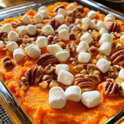 To make a tasty sweet potato casserole, you need a few key items: - 4 large sweet potatoes, peeled and cubed - 1/2 cup brown sugar - 1/4 cup maple syrup - 1/2 teaspoon cinnamon - 1/4 teaspoon nutmeg - 1 teaspoon vanilla extract - 1/2 cup milk (or a non-dairy alternative) - 1/4 cup unsalted butter, melted - 1/2 cup pecans, chopped - 1/2 cup mini marshmallows These ingredients blend together to create a rich, sweet dish. The sweet potatoes form a smooth base. The brown sugar and maple syrup add depth. Cinnamon and nutmeg give warmth and flavor. You can switch things up with some optional ingredients: - 1/2 cup crushed pineapple for a fruity twist - 1/4 cup coconut flakes for added texture - 1/2 cup oats for a crunchier topping - A sprinkle of sea salt to enhance sweetness These choices let you customize your casserole. You can find new flavors that you like. When you shop for sweet potatoes, look for these signs: - Choose firm potatoes with smooth skin. - Avoid any with soft spots or blemishes. - Go for medium to large sizes for even cooking. Fresh sweet potatoes will give your casserole the best taste. They should feel heavy for their size, which means they are packed with moisture. I always recommend using organic sweet potatoes when possible for the best flavors. For the full recipe, check out Sweet Potato Delight Casserole. Start by peeling and cubing four large sweet potatoes. This helps them cook faster. Next, put the sweet potatoes in a large pot of boiling water. Cook them until soft, which takes about 15 to 20 minutes. After cooking, drain the water and let them cool for a bit. This makes them easy to handle later. In a large bowl, mash the sweet potatoes until they are smooth. It should feel creamy and soft. Then, add 1/2 cup of brown sugar and 1/4 cup of maple syrup. Stir in 1/2 teaspoon of cinnamon and 1/4 teaspoon of nutmeg. These spices add warmth and flavor. Don’t forget to mix in 1 teaspoon of vanilla extract, 1/2 cup of milk, and 1/4 cup of melted unsalted butter. Keep mixing until everything is well blended. This sweet potato mixture is the heart of your casserole. Now comes the fun part! Take a greased 9x13 inch baking dish and pour the sweet potato mixture into it. Spread it out evenly across the bottom. Next, sprinkle 1/2 cup of chopped pecans on top. This adds a nice crunch. Finally, add 1/2 cup of mini marshmallows on top of the pecans. These will melt and create a sweet, gooey layer. Bake the casserole in your preheated oven at 350°F for 25 to 30 minutes. Look for golden marshmallows and a warm casserole. - Common Mistakes to Avoid: - Don’t skip cooling the sweet potatoes; it helps with mashing. - Ensure you mix ingredients well for even flavor. - Avoid overbaking; keep an eye on those marshmallows! Following these steps will lead you to a delicious sweet potato casserole. For the complete recipe, check out the Full Recipe. To make your sweet potato casserole creamier, use more milk. I suggest adding an extra 1/4 cup of milk. You can also blend the mixture until it’s very smooth. This helps create a rich texture. If you like, try using cream cheese. It adds a tangy flavor and a creamy feel. Seasonings can really boost your sweet potato casserole. I love using cinnamon and nutmeg. They add warmth and sweetness. You can also add a pinch of salt. This helps balance the sweetness. Don’t forget about vanilla extract, too! It adds a nice depth to the flavor. For a twist, try adding a bit of ginger or allspice. How you serve your casserole matters! Serve it warm for the best taste. I like to sprinkle extra pecans on top. They add crunch and look great. A drizzle of maple syrup is also nice. It makes the dish even sweeter and more inviting. Use a colorful plate to make your casserole stand out. It’s all about making it look as good as it tastes. For the full recipe, check out the Sweet Potato Delight Casserole. {{image_2}} You can easily make a vegan version of this sweet potato casserole. Start by using coconut milk or almond milk instead of regular milk. For the butter, switch to a plant-based alternative. Instead of marshmallows, you can top with toasted coconut or more nuts. This keeps the fun flavors while being vegan-friendly. If you need a gluten-free casserole, you are in luck! The main ingredients like sweet potatoes and sugar are naturally gluten-free. Just ensure the toppings, like pecans, are not mixed with any gluten products. Always read labels on packaged items to stay safe. This way, everyone can enjoy this tasty dish without worry. Toppings can make your casserole stand out. Instead of marshmallows, try using crushed graham crackers for a crunchy layer. You can also add a sprinkle of cinnamon or a drizzle of honey for extra flavor. If you love chocolate, mini chocolate chips work great too. Get creative! The toppings can change the whole taste of the dish, making it fun every time you make it. If you want the full recipe, check out the Sweet Potato Delight Casserole! To store your sweet potato casserole, let it cool completely. Then, cover it tightly with plastic wrap or aluminum foil. You can also use an airtight container. This helps keep it fresh. Refrigerate leftovers within two hours of baking. They will last up to four days in the fridge. If you want to save your casserole for later, freezing is a great option. Start by letting it cool down. Then, cut it into serving-sized pieces. Wrap each piece in plastic wrap and place them in a freezer-safe bag. Label the bags with the date. Your casserole can be frozen for up to three months. When you're ready to enjoy your casserole again, there are easy ways to reheat it. For the best flavor, thaw it overnight in the fridge if you froze it. Preheat your oven to 350°F (175°C). Place the casserole in an oven-safe dish and cover it with foil. Heat for about 20-25 minutes. If you want those marshmallows toasted, remove the foil for the last 5 minutes. You can also microwave individual portions, heating them for about 1-2 minutes at a time, stirring in between. Yes, you can prepare Sweet Potato Casserole in advance. Make the casserole a day ahead. Follow the recipe, but don’t bake it yet. Cover it with plastic wrap and place it in the fridge. When you are ready to bake, remove the wrap. Bake as normal, but add a few extra minutes to the cooking time. This makes hosting easier and keeps flavors fresh. If you don’t want to use marshmallows, there are good options. You can use pecans for a crunchier topping. Another choice is to sprinkle coconut flakes on top. You might also try using a mix of oats and brown sugar for a crumbly texture. These swaps bring different flavors and still taste great. To check if your casserole is done, look for golden marshmallows or a golden top. Insert a knife or toothpick into the center. If it comes out clean, the casserole is done. Bake for 25-30 minutes at 350°F (175°C). If you see bubbling around the edges, that’s a good sign too. Let it cool a few minutes before serving. Enjoy the warm, sweet goodness! Sweet potato casserole is simple and rewarding to make. You learned about key ingredients, tips for the perfect dish, and creative variations. Remember to choose fresh sweet potatoes and avoid common mistakes while baking. Don't hesitate to experiment with flavors and toppings to personalize your casserole. With the right storage, your leftovers can stay delicious too. Dive into this comforting dish and enjoy it with friends or family. Your sweet potato casserole will become a favorite at every meal!