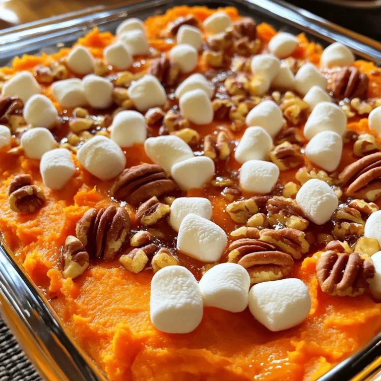 To make a tasty sweet potato casserole, you need a few key items: - 4 large sweet potatoes, peeled and cubed - 1/2 cup brown sugar - 1/4 cup maple syrup - 1/2 teaspoon cinnamon - 1/4 teaspoon nutmeg - 1 teaspoon vanilla extract - 1/2 cup milk (or a non-dairy alternative) - 1/4 cup unsalted butter, melted - 1/2 cup pecans, chopped - 1/2 cup mini marshmallows These ingredients blend together to create a rich, sweet dish. The sweet potatoes form a smooth base. The brown sugar and maple syrup add depth. Cinnamon and nutmeg give warmth and flavor. You can switch things up with some optional ingredients: - 1/2 cup crushed pineapple for a fruity twist - 1/4 cup coconut flakes for added texture - 1/2 cup oats for a crunchier topping - A sprinkle of sea salt to enhance sweetness These choices let you customize your casserole. You can find new flavors that you like. When you shop for sweet potatoes, look for these signs: - Choose firm potatoes with smooth skin. - Avoid any with soft spots or blemishes. - Go for medium to large sizes for even cooking. Fresh sweet potatoes will give your casserole the best taste. They should feel heavy for their size, which means they are packed with moisture. I always recommend using organic sweet potatoes when possible for the best flavors. For the full recipe, check out Sweet Potato Delight Casserole. Start by peeling and cubing four large sweet potatoes. This helps them cook faster. Next, put the sweet potatoes in a large pot of boiling water. Cook them until soft, which takes about 15 to 20 minutes. After cooking, drain the water and let them cool for a bit. This makes them easy to handle later. In a large bowl, mash the sweet potatoes until they are smooth. It should feel creamy and soft. Then, add 1/2 cup of brown sugar and 1/4 cup of maple syrup. Stir in 1/2 teaspoon of cinnamon and 1/4 teaspoon of nutmeg. These spices add warmth and flavor. Don’t forget to mix in 1 teaspoon of vanilla extract, 1/2 cup of milk, and 1/4 cup of melted unsalted butter. Keep mixing until everything is well blended. This sweet potato mixture is the heart of your casserole. Now comes the fun part! Take a greased 9x13 inch baking dish and pour the sweet potato mixture into it. Spread it out evenly across the bottom. Next, sprinkle 1/2 cup of chopped pecans on top. This adds a nice crunch. Finally, add 1/2 cup of mini marshmallows on top of the pecans. These will melt and create a sweet, gooey layer. Bake the casserole in your preheated oven at 350°F for 25 to 30 minutes. Look for golden marshmallows and a warm casserole. - Common Mistakes to Avoid: - Don’t skip cooling the sweet potatoes; it helps with mashing. - Ensure you mix ingredients well for even flavor. - Avoid overbaking; keep an eye on those marshmallows! Following these steps will lead you to a delicious sweet potato casserole. For the complete recipe, check out the Full Recipe. To make your sweet potato casserole creamier, use more milk. I suggest adding an extra 1/4 cup of milk. You can also blend the mixture until it’s very smooth. This helps create a rich texture. If you like, try using cream cheese. It adds a tangy flavor and a creamy feel. Seasonings can really boost your sweet potato casserole. I love using cinnamon and nutmeg. They add warmth and sweetness. You can also add a pinch of salt. This helps balance the sweetness. Don’t forget about vanilla extract, too! It adds a nice depth to the flavor. For a twist, try adding a bit of ginger or allspice. How you serve your casserole matters! Serve it warm for the best taste. I like to sprinkle extra pecans on top. They add crunch and look great. A drizzle of maple syrup is also nice. It makes the dish even sweeter and more inviting. Use a colorful plate to make your casserole stand out. It’s all about making it look as good as it tastes. For the full recipe, check out the Sweet Potato Delight Casserole. {{image_2}} You can easily make a vegan version of this sweet potato casserole. Start by using coconut milk or almond milk instead of regular milk. For the butter, switch to a plant-based alternative. Instead of marshmallows, you can top with toasted coconut or more nuts. This keeps the fun flavors while being vegan-friendly. If you need a gluten-free casserole, you are in luck! The main ingredients like sweet potatoes and sugar are naturally gluten-free. Just ensure the toppings, like pecans, are not mixed with any gluten products. Always read labels on packaged items to stay safe. This way, everyone can enjoy this tasty dish without worry. Toppings can make your casserole stand out. Instead of marshmallows, try using crushed graham crackers for a crunchy layer. You can also add a sprinkle of cinnamon or a drizzle of honey for extra flavor. If you love chocolate, mini chocolate chips work great too. Get creative! The toppings can change the whole taste of the dish, making it fun every time you make it. If you want the full recipe, check out the Sweet Potato Delight Casserole! To store your sweet potato casserole, let it cool completely. Then, cover it tightly with plastic wrap or aluminum foil. You can also use an airtight container. This helps keep it fresh. Refrigerate leftovers within two hours of baking. They will last up to four days in the fridge. If you want to save your casserole for later, freezing is a great option. Start by letting it cool down. Then, cut it into serving-sized pieces. Wrap each piece in plastic wrap and place them in a freezer-safe bag. Label the bags with the date. Your casserole can be frozen for up to three months. When you're ready to enjoy your casserole again, there are easy ways to reheat it. For the best flavor, thaw it overnight in the fridge if you froze it. Preheat your oven to 350°F (175°C). Place the casserole in an oven-safe dish and cover it with foil. Heat for about 20-25 minutes. If you want those marshmallows toasted, remove the foil for the last 5 minutes. You can also microwave individual portions, heating them for about 1-2 minutes at a time, stirring in between. Yes, you can prepare Sweet Potato Casserole in advance. Make the casserole a day ahead. Follow the recipe, but don’t bake it yet. Cover it with plastic wrap and place it in the fridge. When you are ready to bake, remove the wrap. Bake as normal, but add a few extra minutes to the cooking time. This makes hosting easier and keeps flavors fresh. If you don’t want to use marshmallows, there are good options. You can use pecans for a crunchier topping. Another choice is to sprinkle coconut flakes on top. You might also try using a mix of oats and brown sugar for a crumbly texture. These swaps bring different flavors and still taste great. To check if your casserole is done, look for golden marshmallows or a golden top. Insert a knife or toothpick into the center. If it comes out clean, the casserole is done. Bake for 25-30 minutes at 350°F (175°C). If you see bubbling around the edges, that’s a good sign too. Let it cool a few minutes before serving. Enjoy the warm, sweet goodness! Sweet potato casserole is simple and rewarding to make. You learned about key ingredients, tips for the perfect dish, and creative variations. Remember to choose fresh sweet potatoes and avoid common mistakes while baking. Don't hesitate to experiment with flavors and toppings to personalize your casserole. With the right storage, your leftovers can stay delicious too. Dive into this comforting dish and enjoy it with friends or family. Your sweet potato casserole will become a favorite at every meal!