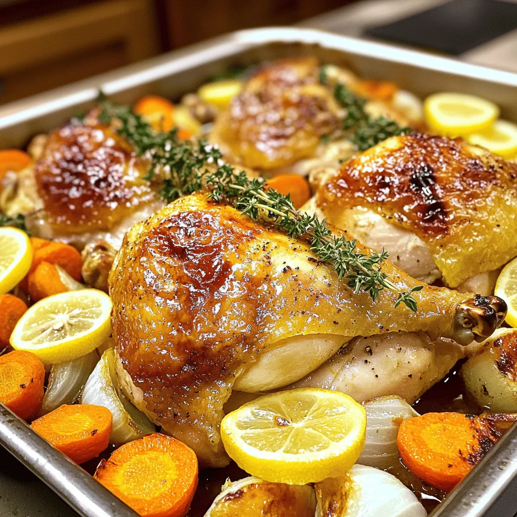 To make this dish, you need a few key items. Here’s what you’ll need: - 1 whole chicken (about 4-5 lbs) - 2 lemons (one juiced, one sliced) - 4 tablespoons fresh thyme leaves - 4 cloves garlic (minced) - 1/4 cup olive oil - Salt and pepper to taste - 1 onion (quartered) - 4-5 medium carrots (cut into large chunks) - 1 cup chicken broth These ingredients blend together to create a delicious and juicy chicken full of flavor. While the main ingredients work perfectly, you can boost the taste with some extras. Consider adding: - 1 tablespoon honey for sweetness - A pinch of red pepper flakes for heat - 1/2 cup white wine for depth - Fresh rosemary or parsley for extra herbs These options can add layers of flavor to your dish. Don’t have everything on hand? No worries! Here are some swaps: - Use chicken thighs or drumsticks if you prefer dark meat. - Swap lemons with limes for a different citrus zing. - Olive oil can be replaced with melted butter for a richer taste. - If you lack fresh thyme, dried thyme works but use less. These substitutions allow you to adapt the recipe to what you have at home. For the full recipe, check out the [Full Recipe]. To make Lemon Thyme Roasted Chicken, start by gathering all your ingredients. You will need: - 1 whole chicken (about 4-5 lbs) - 2 lemons, one juiced and one sliced - 4 tablespoons fresh thyme leaves, plus extra for garnish - 4 cloves garlic, minced - 1/4 cup olive oil - Salt and pepper to taste - 1 onion, quartered - 4-5 medium carrots, cut into large chunks - 1 cup chicken broth First, preheat your oven to 425°F (220°C). Then, in a small bowl, mix the lemon juice, minced garlic, thyme leaves, olive oil, salt, and pepper. This mix will be your marinade. Next, pat the chicken dry with paper towels. Lift the skin over the breast and thighs gently. Rub some marinade underneath the skin, then coat the rest of the chicken. This step ensures great flavor. Stuff the chicken cavity with the quartered onion and lemon slices. Arrange the carrot chunks around the chicken in a roasting pan. Pour chicken broth into the pan to keep veggies moist while cooking. Roast the chicken in the preheated oven for about 1 hour and 15 minutes. You’ll know it’s ready when the internal temperature hits 165°F (74°C). Baste the chicken with its juices every 20 minutes. This gives it extra flavor and helps keep it juicy. Once the chicken is cooked, remove it from the oven. Let it rest for about 10-15 minutes before carving. This step helps the juices redistribute, making the meat tender and juicy. Garnish with extra fresh thyme before serving. Enjoy your meal! For the full recipe, click here. To get a perfect roast, start with a dry chicken. Pat it with paper towels before seasoning. This helps the skin get crispy. Use a mix of lemon juice, garlic, and thyme for flavor. Rub this mixture under the skin. This step locks in moisture and flavor. Roast the chicken on a rack. This allows heat to circulate evenly. Baste it every 20 minutes for extra juiciness. Aim for an internal temperature of 165°F. Add more herbs like rosemary or oregano for depth. Try mixing in some honey for sweetness. You can also add a splash of white wine to the broth. This adds richness and a touch of acidity. Stuff the chicken with fresh herbs and citrus. This brings more flavor to the meat. Don’t forget to season the veggies too. They will soak up the chicken's juices as they cook. You will need a roasting pan and a rack. This setup helps cook the chicken evenly. Use a sharp knife for carving. A meat thermometer is crucial to check doneness. Have some kitchen twine handy to tie the legs. This helps the chicken cook evenly. Finally, keep a basting brush close. It’s great for applying juices while roasting. For the full recipe, be sure to check the instructions above. {{image_2}} You can change the taste of your Lemon Thyme Roasted Chicken by using different herbs. Fresh rosemary adds a piney flavor. Oregano gives a warm, earthy note. You can also mix in parsley for a fresh touch. Just remember, fresh herbs usually pack more flavor than dried ones. Try to use what you have on hand! You can roast this chicken in many ways. The oven method is classic, giving you crispy skin. If you prefer a smoky flavor, use the grill. Just make sure to keep the heat low so the chicken cooks evenly. A slow cooker is also a great option. It keeps the chicken moist and tender. Cooking it on low for 6-8 hours works well. Pair your Lemon Thyme Roasted Chicken with simple sides. Roasted vegetables like carrots and potatoes work well. A fresh salad adds a nice crunch. You can also serve it with rice or quinoa for a wholesome meal. For a little zing, drizzle some lemon juice over your sides. These combinations make the dish even better! After enjoying your lemon thyme roasted chicken, store leftovers in an airtight container. Let the chicken cool down first. This keeps it fresh and moist. You can keep it in the fridge for up to three days. For longer storage, move to the freezer. To reheat, you want to keep the chicken juicy. Preheat your oven to 350°F (175°C). Place the chicken in a baking dish, cover it with foil, and heat for about 20 minutes. Check the internal temp. It should reach 165°F (74°C). This method keeps the skin crispy and the meat tender. If you want to save chicken for later, freezing works well. Wrap individual pieces in plastic wrap, then place them in a freezer bag. This helps to avoid freezer burn. You can freeze the chicken for up to three months. When ready to eat, thaw it in the fridge overnight before reheating. Remember, always check the chicken before you eat. Enjoy your delicious meals! Roasting a whole chicken takes about 1 hour and 15 minutes. You can check the time based on the weight of the chicken. For a 4-5 lb chicken, this time works best. Keep an eye on it as it roasts. The skin should turn golden brown. The chicken must reach an internal temperature of 165°F (74°C). You can check this with a meat thermometer. Insert it into the thickest part of the thigh. This ensures it is safe to eat. Yes, you can use dried thyme instead of fresh. Use about one-third of the amount called for fresh thyme. Dried herbs are stronger, so adjust as needed. Just keep in mind that fresh thyme has a brighter flavor. To keep your chicken juicy, brine it before cooking. You can soak it in saltwater for a few hours. Another tip is to let it rest after roasting. This helps the juices stay inside when you carve it. To get crispy chicken skin, dry the chicken well before cooking. Pat it with paper towels. Make sure the oven is hot enough at 425°F (220°C). Basting the chicken with its own juices also helps. Following these tips will give you that nice crunch. For detailed steps on making this dish, check out the Full Recipe. We covered making lemon thyme roasted chicken from start to finish. You learned key ingredients, step-by-step cooking methods, and tips for perfect results. Explore variations to keep meals exciting and discover the best ways to store and reheat leftovers. Remember, cooking should be fun and tasty! This dish is a great way to impress friends and family. Enjoy your cooking journey and savor every bite!