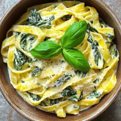 - 12 oz pasta (your choice, such as fettuccine or penne) - 2 tablespoons olive oil - 3 cloves garlic, minced - 6 cups fresh spinach, roughly chopped - Salt and pepper to taste - 1 cup ricotta cheese - ½ cup grated Parmesan cheese - ½ teaspoon nutmeg - ½ cup heavy cream (or a plant-based substitute for a lighter version) - Zest of 1 lemon - Fresh basil leaves, for garnish The ingredients in this creamy spinach and ricotta pasta make it a delight. I love using fresh spinach for its bright color and taste. The ricotta cheese adds creaminess and body to the sauce. You can choose any pasta you like, but I find fettuccine works well. When you prepare this dish, the garlic brings a warm aroma to the kitchen. I always chop it finely to release its full flavor. The nutmeg gives a unique depth to the creamy sauce. It may seem small, but it makes a big difference. Don't forget the lemon zest! It adds a fresh kick that balances the creaminess. For a touch of elegance, I like to garnish with fresh basil. The herbs not only look pretty but also add a burst of flavor. You can find the full recipe linked above. Make sure to gather all these ingredients before you start cooking. It makes the process smoother and more enjoyable. - Bring salted water to a boil. - Add pasta and cook until al dente. - Reserve one cup of pasta water, then drain the pasta. Cooking pasta is easy. You want it firm yet tender. Remember to salt your water; this adds flavor. Once it’s done, save some water. It helps later with the sauce. - Heat olive oil in a skillet. - Sauté minced garlic until fragrant. Next, heat olive oil in a large skillet. Add the minced garlic and sauté for about one minute. You want it fragrant but not burnt. The aroma fills your kitchen with warmth. - Add spinach and cook until wilted. - Mix in ricotta, Parmesan, nutmeg, and cream. Now, add the chopped spinach to the skillet. Cook for about three to four minutes. It should wilt nicely. After that, lower the heat and add ricotta, Parmesan, nutmeg, and cream. Stir until smooth. If the sauce feels thick, add some reserved pasta water. - Toss cooked pasta in the creamy mixture. - Add reserved pasta water as needed. - Stir in lemon zest for flavor. Add the drained pasta to your creamy mixture. Toss it gently to coat the pasta. This step is key for flavor. Finally, stir in the lemon zest for a bright touch. - Plate the creamy spinach pasta. - Garnish with fresh basil and more Parmesan if desired. When serving, use a nice plate. Garnish with fresh basil and extra Parmesan, if you like. This adds color and taste. Enjoy your creamy spinach and ricotta pasta! For the full recipe, check out the details above. For creamy sauces, certain pasta types work best. I suggest using: - Fettuccine - Penne - Farfalle These shapes hold sauce well. If you seek gluten-free options, try: - Gluten-free penne - Rice pasta - Quinoa pasta These alternatives offer great texture. To boost the taste of your creamy spinach and ricotta pasta, add fresh herbs. Consider: - Basil - Oregano - Thyme These herbs brighten the dish. For a twist, try different cheeses like: - Mozzarella - Goat cheese - Cream cheese Each cheese brings a unique flavor. You can adjust the creaminess based on your taste. If you want it thicker, add more ricotta or Parmesan. If it’s too thick, simply mix in some reserved pasta water to reach your desired texture. This keeps the dish smooth and easy to enjoy. {{image_2}} You can make creamy spinach and ricotta pasta even better by adding in more flavors. - Incorporating proteins: You can include grilled chicken or sautéed shrimp. Both options add great taste and make the meal heartier. Cook them separately and mix them in at the end. - Adding veggies: Try sun-dried tomatoes for a sweet touch or mushrooms for an earthy flavor. Add them when you cook the spinach. This way, they blend well with the creamy sauce. You can easily adjust this recipe to fit vegetarian or vegan diets. - Making it vegetarian-friendly: The dish is already vegetarian since it uses cheese. Just ensure your pasta is egg-free. - Substituting vegan cheese and cream: Use plant-based ricotta and cream to make it vegan. Nutritional yeast can replace Parmesan for a cheesy flavor without dairy. Using seasonal produce can change the dish's taste and feel. - Adjusting with seasonal produce: In spring, add asparagus or peas. In summer, fresh tomatoes or zucchini work well. In autumn, try butternut squash. Each season brings new flavors to explore. - How to prepare for colder months: In winter, use hearty greens like kale or Swiss chard. These add warmth and richness to your meal, perfect for colder days. For all the details on making this dish, check the Full Recipe. To keep your creamy spinach and ricotta pasta fresh, store it properly. Use an airtight container. This helps prevent air from drying out the pasta. Make sure to cool the dish before sealing it. Leftovers can last in the fridge for up to three days. When it’s time to enjoy your leftovers, reheat them gently. Use a skillet over low heat. Add a splash of water or cream to help restore the creaminess. Stir often to heat evenly. Avoid high heat, as it can dry out the pasta. Can you freeze creamy pasta? Yes, but it’s not always the best choice. Freezing can change the texture of the sauce. If you want to freeze it, keep the pasta and sauce separate. This helps maintain quality. To thaw, place it in the fridge overnight. Reheat gently as mentioned above. The best pasta for creamy sauces includes fettuccine, penne, and rigatoni. These shapes hold sauce well. Fettuccine's flat surface catches the creamy blend nicely. Penne's tubular shape allows sauce to fill each piece. Rigatoni offers a similar benefit with its ridges. Choose any of these for a rich taste in your creamy spinach and ricotta pasta. Yes, you can make this dish ahead. Cook the pasta and sauce separately. Store them in the fridge in airtight containers. Mix them just before serving. This keeps the pasta from getting mushy. Reheat the pasta and sauce in a skillet on low heat. Add a splash of reserved pasta water to bring back creaminess. To lighten up this dish, swap heavy cream for a plant-based alternative. Use almond milk or coconut cream instead. You can also reduce the cheese amount. Try low-fat ricotta for fewer calories. Add more veggies, like zucchini or bell peppers, to boost nutrition without adding lots of calories. You can use frozen spinach in this recipe. Frozen spinach is convenient and saves time. It is often pre-washed and chopped. However, thaw and drain it well first. This prevents excess water in your sauce. Fresh spinach has a brighter taste and texture. Choose based on your preference and what you have on hand. To add protein, try these ideas: - Add cooked chicken or shrimp for a hearty meal. - Mix in white beans or chickpeas for plant-based protein. - Include diced tofu for a vegetarian option. - Top with grilled chicken slices for extra flavor and texture. These options boost your meal while keeping it delicious. This blog post showed you how to make creamy spinach pasta step by step. You learned about key ingredients, from pasta to spices, and how to cook them just right. I shared tips for choosing pasta and adding flavor while keeping it creamy. You can even switch up the dish with proteins or veggies and learn how to store leftovers. Now, get cooking, share your dish with friends, and enjoy every bite!