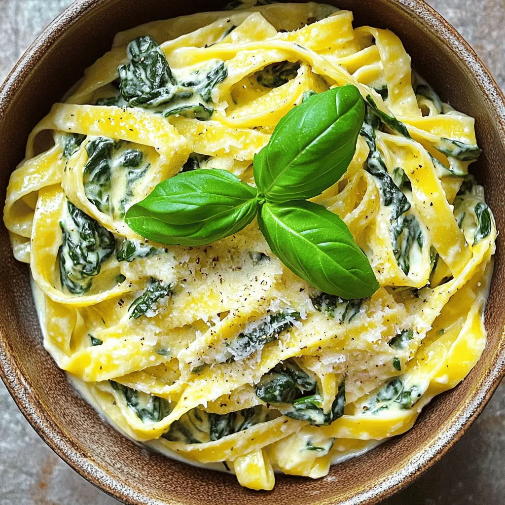 - 12 oz pasta (your choice, such as fettuccine or penne) - 2 tablespoons olive oil - 3 cloves garlic, minced - 6 cups fresh spinach, roughly chopped - Salt and pepper to taste - 1 cup ricotta cheese - ½ cup grated Parmesan cheese - ½ teaspoon nutmeg - ½ cup heavy cream (or a plant-based substitute for a lighter version) - Zest of 1 lemon - Fresh basil leaves, for garnish The ingredients in this creamy spinach and ricotta pasta make it a delight. I love using fresh spinach for its bright color and taste. The ricotta cheese adds creaminess and body to the sauce. You can choose any pasta you like, but I find fettuccine works well. When you prepare this dish, the garlic brings a warm aroma to the kitchen. I always chop it finely to release its full flavor. The nutmeg gives a unique depth to the creamy sauce. It may seem small, but it makes a big difference. Don't forget the lemon zest! It adds a fresh kick that balances the creaminess. For a touch of elegance, I like to garnish with fresh basil. The herbs not only look pretty but also add a burst of flavor. You can find the full recipe linked above. Make sure to gather all these ingredients before you start cooking. It makes the process smoother and more enjoyable. - Bring salted water to a boil. - Add pasta and cook until al dente. - Reserve one cup of pasta water, then drain the pasta. Cooking pasta is easy. You want it firm yet tender. Remember to salt your water; this adds flavor. Once it’s done, save some water. It helps later with the sauce. - Heat olive oil in a skillet. - Sauté minced garlic until fragrant. Next, heat olive oil in a large skillet. Add the minced garlic and sauté for about one minute. You want it fragrant but not burnt. The aroma fills your kitchen with warmth. - Add spinach and cook until wilted. - Mix in ricotta, Parmesan, nutmeg, and cream. Now, add the chopped spinach to the skillet. Cook for about three to four minutes. It should wilt nicely. After that, lower the heat and add ricotta, Parmesan, nutmeg, and cream. Stir until smooth. If the sauce feels thick, add some reserved pasta water. - Toss cooked pasta in the creamy mixture. - Add reserved pasta water as needed. - Stir in lemon zest for flavor. Add the drained pasta to your creamy mixture. Toss it gently to coat the pasta. This step is key for flavor. Finally, stir in the lemon zest for a bright touch. - Plate the creamy spinach pasta. - Garnish with fresh basil and more Parmesan if desired. When serving, use a nice plate. Garnish with fresh basil and extra Parmesan, if you like. This adds color and taste. Enjoy your creamy spinach and ricotta pasta! For the full recipe, check out the details above. For creamy sauces, certain pasta types work best. I suggest using: - Fettuccine - Penne - Farfalle These shapes hold sauce well. If you seek gluten-free options, try: - Gluten-free penne - Rice pasta - Quinoa pasta These alternatives offer great texture. To boost the taste of your creamy spinach and ricotta pasta, add fresh herbs. Consider: - Basil - Oregano - Thyme These herbs brighten the dish. For a twist, try different cheeses like: - Mozzarella - Goat cheese - Cream cheese Each cheese brings a unique flavor. You can adjust the creaminess based on your taste. If you want it thicker, add more ricotta or Parmesan. If it’s too thick, simply mix in some reserved pasta water to reach your desired texture. This keeps the dish smooth and easy to enjoy. {{image_2}} You can make creamy spinach and ricotta pasta even better by adding in more flavors. - Incorporating proteins: You can include grilled chicken or sautéed shrimp. Both options add great taste and make the meal heartier. Cook them separately and mix them in at the end. - Adding veggies: Try sun-dried tomatoes for a sweet touch or mushrooms for an earthy flavor. Add them when you cook the spinach. This way, they blend well with the creamy sauce. You can easily adjust this recipe to fit vegetarian or vegan diets. - Making it vegetarian-friendly: The dish is already vegetarian since it uses cheese. Just ensure your pasta is egg-free. - Substituting vegan cheese and cream: Use plant-based ricotta and cream to make it vegan. Nutritional yeast can replace Parmesan for a cheesy flavor without dairy. Using seasonal produce can change the dish's taste and feel. - Adjusting with seasonal produce: In spring, add asparagus or peas. In summer, fresh tomatoes or zucchini work well. In autumn, try butternut squash. Each season brings new flavors to explore. - How to prepare for colder months: In winter, use hearty greens like kale or Swiss chard. These add warmth and richness to your meal, perfect for colder days. For all the details on making this dish, check the Full Recipe. To keep your creamy spinach and ricotta pasta fresh, store it properly. Use an airtight container. This helps prevent air from drying out the pasta. Make sure to cool the dish before sealing it. Leftovers can last in the fridge for up to three days. When it’s time to enjoy your leftovers, reheat them gently. Use a skillet over low heat. Add a splash of water or cream to help restore the creaminess. Stir often to heat evenly. Avoid high heat, as it can dry out the pasta. Can you freeze creamy pasta? Yes, but it’s not always the best choice. Freezing can change the texture of the sauce. If you want to freeze it, keep the pasta and sauce separate. This helps maintain quality. To thaw, place it in the fridge overnight. Reheat gently as mentioned above. The best pasta for creamy sauces includes fettuccine, penne, and rigatoni. These shapes hold sauce well. Fettuccine's flat surface catches the creamy blend nicely. Penne's tubular shape allows sauce to fill each piece. Rigatoni offers a similar benefit with its ridges. Choose any of these for a rich taste in your creamy spinach and ricotta pasta. Yes, you can make this dish ahead. Cook the pasta and sauce separately. Store them in the fridge in airtight containers. Mix them just before serving. This keeps the pasta from getting mushy. Reheat the pasta and sauce in a skillet on low heat. Add a splash of reserved pasta water to bring back creaminess. To lighten up this dish, swap heavy cream for a plant-based alternative. Use almond milk or coconut cream instead. You can also reduce the cheese amount. Try low-fat ricotta for fewer calories. Add more veggies, like zucchini or bell peppers, to boost nutrition without adding lots of calories. You can use frozen spinach in this recipe. Frozen spinach is convenient and saves time. It is often pre-washed and chopped. However, thaw and drain it well first. This prevents excess water in your sauce. Fresh spinach has a brighter taste and texture. Choose based on your preference and what you have on hand. To add protein, try these ideas: - Add cooked chicken or shrimp for a hearty meal. - Mix in white beans or chickpeas for plant-based protein. - Include diced tofu for a vegetarian option. - Top with grilled chicken slices for extra flavor and texture. These options boost your meal while keeping it delicious. This blog post showed you how to make creamy spinach pasta step by step. You learned about key ingredients, from pasta to spices, and how to cook them just right. I shared tips for choosing pasta and adding flavor while keeping it creamy. You can even switch up the dish with proteins or veggies and learn how to store leftovers. Now, get cooking, share your dish with friends, and enjoy every bite!
