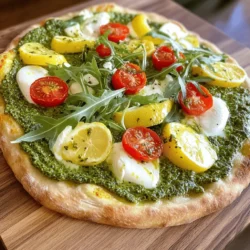 To make Lemon Basil Pesto Pizza, gather these ingredients: - Pre-made pizza dough - Fresh basil leaves - Pine nuts - Grated Parmesan cheese - Olive oil - Lemon (zest and juice) - Garlic - Fresh mozzarella cheese - Cherry tomatoes - Salt and pepper These items create a fresh and zesty flavor. The basil and lemon combine well, making each bite a delight. You can easily swap some ingredients. For the pizza dough, use gluten-free dough or a cauliflower crust. If you want a dairy-free option, try cashew cheese or almond cheese. For nut-free pesto, replace pine nuts with sunflower seeds or omit nuts altogether. To add more flavor, consider these tips: - Mix herbs like oregano or thyme into the dough. - Top with fresh arugula or spinach for a peppery kick. - Try lime or orange zest for a different citrus twist. These simple changes can take your pizza to the next level. Enjoy exploring new flavors! - Preheat the oven: Set your oven to 475°F (245°C). This makes the pizza cook fast and evenly. - Make the lemon basil pesto: In a food processor, add the fresh basil leaves, toasted pine nuts, grated Parmesan cheese, minced garlic, lemon zest, and lemon juice. Pulse until the mix is finely chopped. - Add olive oil: While the processor runs, slowly drizzle in the olive oil. This will give your pesto a smooth and creamy texture. Taste it and add salt and pepper as needed. - Prepare the pizza dough: On a floured surface, roll out the pre-made pizza dough. Go for your favorite thickness. When done, transfer it to a baking sheet or pizza stone. - Spreading the pesto: Take the lemon basil pesto you made and spread it evenly over the pizza dough. Leave a small border around the edges for the crust. - Arranging the cheese and toppings: Place slices of fresh mozzarella cheese on top of the pesto. Then, add halved cherry tomatoes to give a sweet pop of flavor. - Baking times and temperature settings: Slide your pizza into the oven. Bake it for 12-15 minutes. Keep an eye on it until the crust turns golden brown and the cheese bubbles. - Tips on checking doneness: Look for a golden crust. If the cheese is melted and bubbly, your pizza is ready. - Serving suggestions: Take the pizza out and let it cool for a few minutes. For an extra touch, you can top it with fresh arugula before slicing. Serve it hot for the best taste. For the complete cooking process, check out the Full Recipe. To get the best crust, start with a hot oven at 475°F. This heat makes the crust crispy and golden. Roll your dough to about a quarter-inch thick. If you like a thicker crust, use less dough. Don’t forget to leave a border for the crust. Soggy pizza is a common issue. To prevent it, add toppings wisely. Use less sauce or pesto on wetter toppings. You can also pre-bake the crust for a few minutes before adding toppings. This helps the crust stay firm. Fresh basil is key for great pesto. Store basil in water, like a bouquet, to keep it fresh. Cover it loosely with a plastic bag. If you have extra basil, freeze it in ice cube trays with a bit of olive oil. This way, you’ll have fresh basil on hand later! When blending your pesto, pulse the ingredients first. This ensures everything mixes well without turning to mush. Slowly add the olive oil while blending. This gives your pesto a nice, creamy texture. Pair your Lemon Basil Pesto Pizza with a crisp white wine, like Sauvignon Blanc. It enhances the lemon and basil flavors. If you prefer non-alcoholic drinks, try sparkling water with a slice of lemon. For side dishes, a light salad works well. A simple mix of greens, cherry tomatoes, and a lemon vinaigrette is ideal. You can also serve garlic bread for a tasty addition. For the full recipe, check out the Lemon Basil Pesto Pizza section. {{image_2}} You can easily change the toppings on your lemon basil pesto pizza. Adding seasonal vegetables makes the dish fresh and exciting. Try using zucchini, bell peppers, or asparagus in spring. In the fall, add roasted butternut squash or caramelized onions for a sweet touch. Switching up the cheese is another great option. Instead of mozzarella, you could use goat cheese for a tangy flavor or feta for a salty kick. Each cheese gives a different taste and texture to your pizza. If you need gluten-free options, there are many great choices for pizza dough. Look for pre-made gluten-free crusts at your local store. Or, make your own using almond flour or cauliflower rice. For those who prefer vegan meals, you can still enjoy this pizza. Replace the cheese with a dairy-free alternative. Nutritional yeast is a tasty option to add a cheesy flavor. You can also use a vegan pesto made from nuts and nutritional yeast instead of cheese. To spice things up, try a spicy lemon basil pesto pizza. Add red pepper flakes to the pesto for heat. You can also top the pizza with spicy sausage or jalapeños. Another fun twist is to go Mediterranean with your toppings. Add artichokes, kalamata olives, or sun-dried tomatoes. These flavors pair well with lemon and basil, creating a vibrant dish. Feel free to explore these variations to create your perfect lemon basil pesto pizza. You can find the full recipe above to get started! To keep your leftover Lemon Basil Pesto Pizza fresh, store it properly. Place slices in an airtight container. Make sure each slice is separated by parchment paper. This helps prevent sticking and keeps the toppings intact. The best containers for storing pizza are glass or plastic with tight-fitting lids. These containers keep moisture out, so your pizza stays tasty. If you don’t have a container, wrap the pizza tightly in aluminum foil or plastic wrap. When reheating pizza, you have two main choices: the microwave or the oven. The microwave is quick but may make the crust soggy. For the best results, use the oven. Preheat the oven to 375°F (190°C). Place the pizza on a baking sheet and heat for about 10 minutes. To keep the crust crispy, place a baking sheet upside down in the oven. This method helps the crust heat evenly and stay crunchy. If you want a quick fix, use a skillet on the stovetop. Heat the skillet over medium heat and add the pizza. Cover it for a few minutes to warm the toppings while keeping the crust crispy. Freezing Lemon Basil Pesto Pizza is a great way to save leftovers. First, let the pizza cool completely. Then, slice it into wedges. Wrap each slice in plastic wrap, then place them in a freezer-safe bag. This method prevents freezer burn and keeps flavors intact. For best results, consume frozen pizza within two months. To thaw, place the pizza in the fridge overnight. If you're in a hurry, you can use the microwave. Heat on low power for a few minutes, checking often to avoid overcooking. The full recipe for Lemon Basil Pesto Pizza is a great starting point for this dish. How to make the dough from scratch? To make pizza dough from scratch, mix flour, water, yeast, and salt. Knead until smooth. Let it rise in a warm spot for about an hour. Roll it out when ready. Can I use store-bought pesto instead of homemade? Yes, store-bought pesto can save time. Look for a quality brand with fresh ingredients. This can still give you great flavor. What are the best toppings to pair with lemon basil pesto? Some tasty toppings include: - Fresh mozzarella cheese - Halved cherry tomatoes - Grilled chicken - Spinach - Arugula These add color and flavor to your pizza. Where to find fresh basil and quality olive oil? You can find fresh basil at farmers' markets or local grocery stores. Look for vibrant green leaves. For olive oil, choose extra virgin for the best flavor. Specialty stores often carry high-quality options. Can I buy Lemon Basil Pesto Pizza from local restaurants? Many restaurants offer unique pizzas. Check local menus for lemon basil pesto options. Call ahead to ask if they have it on the menu. How far in advance can I prep the pizza? You can prep the pizza dough one day ahead. Store it in the fridge. Assemble the pizza just before baking for the best taste. Can I assemble the pizza and bake later? Yes, you can assemble the pizza and store it in the fridge for a few hours. Bake it when you’re ready for a fresh, hot meal. In this article, you learned how to make a delicious lemon basil pesto pizza. We covered the key ingredients, substitutions, and seasoning tips. I shared step-by-step instructions for preparation, assembly, and baking. You also got tips for perfecting your pizza and ideas for variations. Remember to store leftovers correctly and consider reheating methods. Whether you’re making it for a special occasion or just for fun, enjoy the process. Now, you’re ready to impress with your homemade pizza!